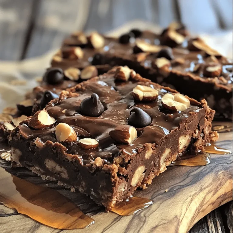 - 1 cup rolled oats - 1/2 cup hazelnuts, chopped - 1/2 cup almond flour - 1/4 cup cocoa powder - 1/3 cup maple syrup - 1/4 cup almond butter (or peanut butter) - 1 teaspoon vanilla extract - 1/2 teaspoon salt - 1/4 cup dark chocolate chips (dairy-free if desired) These ingredients come together to create a tasty and nutritious treat. Rolled oats provide a hearty base. Hazelnuts add a delightful crunch, while almond flour gives a nice texture. Cocoa powder brings rich chocolate flavor. Maple syrup offers natural sweetness, and almond butter adds creaminess. Vanilla extract enhances the taste, and salt balances all the flavors. Dark chocolate chips are a sweet bonus. If you have nut allergies, try sunflower seed butter instead of almond butter. Use pumpkin seeds instead of hazelnuts for crunch. For a gluten-free option, ensure the oats are certified gluten-free. If you need a sweetener swap, honey can replace maple syrup. Remember, each swap may change the taste or texture a bit, but the bars will still be delicious. Each bar has roughly: - Calories: 150 - Protein: 4g - Fat: 7g - Carbohydrates: 20g - Fiber: 3g - Sugar: 5g These bars are a great snack. They provide healthy fats and protein, keeping you full. Plus, they contain fiber for digestive health. Enjoy them as a quick breakfast or a midday treat! First, preheat your oven to 350°F (175°C). Take an 8x8-inch baking pan and line it with parchment paper. Leave some paper hanging over the sides. This makes it easy to lift the bars out later. In a large bowl, add the rolled oats, chopped hazelnuts, almond flour, cocoa powder, and salt. Mix these dry ingredients well. Make sure everything is evenly spread out. In a different bowl, whisk together the maple syrup, almond butter, and vanilla extract. Keep whisking until the mixture is smooth. This step is key for the right texture. Now, pour the wet mix into the dry mix. Stir it all together until it looks thick and sticky. Next, gently fold in the dark chocolate chips. Make sure they are spread evenly throughout the mixture. Transfer your mixture to the prepared baking pan. Press it down firmly using a spatula. Bake it in the preheated oven for about 20-25 minutes. Look for golden edges to know when it’s done. After baking, take the pan out and let it cool for about 15 minutes. Use the parchment paper to lift the bars out. Allow them to cool completely on a wire rack. Finally, cut them into squares or rectangles. Enjoy your tasty chocolate hazelnut oat bars! To get chewy bars, use the right ingredients. Rolled oats work best for texture. Adding almond butter keeps them moist. Maple syrup adds sweetness and helps bind. Mix until sticky but not too dry. If you want more chewiness, bake for less time. Check them at 20 minutes. They should be soft when warm. Storing your bars well keeps them fresh. Once cooled, cut them into squares. Use an airtight container to keep them soft. They can stay at room temperature for up to five days. For longer storage, place them in the fridge. You can also freeze them. Wrap each bar in plastic before freezing. They last up to three months frozen. You can enjoy these bars in many ways. Serve them as a snack or breakfast. Pair them with yogurt for a great start. Crumble them over ice cream for dessert. Drizzle with more chocolate for extra flavor. You can also pack them for lunch or hikes. They are perfect for on-the-go energy! {{image_2}} You can swap hazelnuts for other nuts. Walnuts, pecans, or cashews work great. Each nut gives a new taste. You can also use seeds like sunflower or pumpkin seeds. This adds a nut-free option for those with allergies. Maple syrup is sweet and nice, but other sweeteners can change the taste. Honey is a great choice if you are not vegan. Agave syrup is another good option. Brown sugar can also add a rich flavor. Adjust the amount based on your sweet tooth. Add-ins can make your bars pop! Try adding dried fruits like cranberries or raisins. Chia seeds boost nutrition and add texture. You can also mix in spices like cinnamon or nutmeg for warmth. For a twist, consider adding a scoop of protein powder for extra protein. You can store your chocolate hazelnut oat bars at room temperature. Place them in an airtight container. This keeps them fresh for up to five days. If you live in a warm area, refrigeration may help. Just make sure to let them sit at room temp before serving. This way, they will be soft and chewy. Freezing is a great option for long-term storage. Cut the bars into squares first. Wrap each square tightly in plastic wrap. Then, place them in a freezer-safe bag. You can freeze them for up to three months. When you want to eat one, just take it out and let it thaw. You can also warm it in the microwave for ten seconds. These bars taste best when fresh, but they last well. At room temperature, enjoy within five days. In the fridge, they can stay good for up to a week. Always use an airtight container to keep moisture out. If you freeze them, label your bag with the date. This helps you remember when you made them. Following these tips will keep your chocolate hazelnut oat bars tasty! Yes, you can use quick oats. They will change the texture. Quick oats make the bars softer and chewier. Rolled oats give a heartier bite. Yes, this recipe can be gluten-free. Just ensure your oats are certified gluten-free. Many brands offer gluten-free rolled oats. Check the label to be sure. To make these bars vegan, replace almond butter with another plant-based butter. You can also use maple syrup, which is already vegan. Make sure your chocolate chips are dairy-free. You can substitute almond butter with peanut butter or sun butter. Both options work well. If you use peanut butter, the taste will change a bit but remain delicious. To adjust sweetness, add more maple syrup or use a different sweetener. You can add honey if not vegan. Taste the mix before baking to find your perfect sweetness level. In this blog post, we covered how to make tasty oat bars. We listed the key ingredients, provided tips for substitutions, and shared nutritional info. I outlined simple steps for mixing, baking, and cutting your bars. Our tips helped ensure a chewy texture and offered storage suggestions. We even explored fun variations for extra flavor. With this knowledge, you can bake your own bars that fit your tastes. Enjoy experimenting with ingredients and flavors as you create your perfect oat bars.