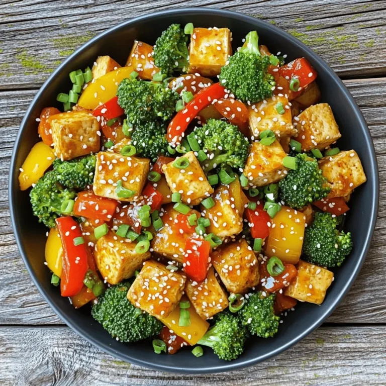 - 14 oz (400g) firm tofu, drained and pressed - 2 tablespoons cornstarch - 3 tablespoons vegetable oil - 3 cloves garlic, minced - 1 tablespoon fresh ginger, minced - 1 red bell pepper, sliced - 1 yellow bell pepper, sliced - 1 cup broccoli florets - 2 green onions, chopped (white and green parts separated) - 2 tablespoons soy sauce - 1 tablespoon chili paste (adjust for heat preference) - 1 teaspoon sesame oil - Salt and pepper to taste The main ingredients in this dish shine through their flavors. Firm tofu is the star. It soaks up all the sauce and adds a nice texture. The fresh vegetables provide crunch and color. The garlic and ginger bring warmth to every bite. You can adjust the chili paste to control the heat. This recipe lets you balance flavors perfectly. - Sesame seeds - Chopped green onions Adding garnishes makes your dish pop. Sesame seeds add a nice crunch. Chopped green onions give a fresh taste. You can sprinkle them on top just before serving. These small touches elevate the whole meal. They make it look and taste even better. Start by cutting the pressed tofu into bite-sized cubes. This size helps them cook evenly. Pat the cubes dry with a paper towel. Getting them dry is key for nice crispy tofu. Next, toss the cubes in a bowl with cornstarch. Make sure each piece gets a good coating. This will form a crisp layer when you fry them. Now it’s time to fry the tofu. Heat vegetable oil in a large skillet or wok over medium-high heat. Once the oil is hot, carefully add the tofu cubes in a single layer. Fry them for about 3-4 minutes on each side. Look for a golden brown color and a crispy texture. When done, remove the tofu from the skillet and set it aside. In the same skillet, add minced garlic and ginger. Sauté them for about 30 seconds. Keep an eye on them to avoid burning. The aromas will fill your kitchen and signal it’s time for the next step. Now, add sliced red and yellow bell peppers and broccoli florets to the skillet. Stir-fry these for about 4-5 minutes. You want the veggies to be tender but still crisp. Next, return the crispy tofu to the skillet and mix it well with the vegetables. In a small bowl, whisk together soy sauce, chili paste, and sesame oil. Pour this sauce over the tofu and veggies. Stir to coat everything well. Cook for an extra 2-3 minutes to heat through. This melds all the flavors beautifully. Finally, season with salt and pepper to taste. Add the chopped green onion's white parts for an extra flavor punch. Now you’re ready to serve! Garnish with sesame seeds and the green parts of the chopped green onions. Enjoy this tasty meal! To get crispy tofu, start by drying it well. Press the tofu to remove extra moisture. This step is key. Wet tofu will steam instead of fry, so use a clean towel. Next, coat the tofu cubes in cornstarch. This helps create a crunchy crust. Make sure each piece is covered evenly. When frying, use hot oil and don’t crowd the pan. Frying in batches will help them cook better and stay crispy. You can adjust the spice levels with chili paste. If you like it hot, add more. If you prefer mild, use less. This way, you control the heat to fit your taste. For sauces, soy sauce is great, but you can mix it with others. Try adding hoisin sauce for a sweet touch. You can also use oyster sauce for depth. Each sauce gives a new twist to the dish. Don’t be afraid to experiment! {{image_2}} You can swap in many veggies for this stir fry. Here are some ideas: - Snap peas: These add a nice crunch. - Carrots: Thinly sliced, they bring a sweet flavor. - Zucchini: Cut into half-moons for a juicy bite. - Mushrooms: Use shiitake or button for umami depth. Consider the season when choosing vegetables. In spring, use fresh asparagus. In fall, try sweet squash. You can mix and match based on what you like or what you have at home. Tofu is great, but you can try other proteins too. Here are some options: - Chicken: Cut into small pieces and cook until golden. - Shrimp: Fast to cook; add them just before the sauce. - Tempeh: A firmer plant-based choice, full of protein. - Seitan: A wheat-based meat alternative, perfect for texture. If you want it fully plant-based, stick with more tofu or tempeh. You can also add nuts like cashews for a crunchy twist. This keeps your meal hearty and satisfying. To keep your chili garlic tofu stir fry fresh, let it cool first. Transfer it to an airtight container. This method helps keep out air and moisture. Your stir fry will last about 3-4 days in the fridge. Make sure to label the container with the date for easy tracking. When you’re ready to enjoy leftovers, there are quick ways to reheat. Use a microwave for about 1-2 minutes. Stir halfway for even heating. You can also use a skillet over medium heat. Add a splash of water or oil to help maintain moisture. This keeps your tofu crispy, so it tastes just as good as when it was first made. No, soft tofu does not work well here. It is too delicate and will break apart. Firm tofu holds its shape better during cooking. It also gets crispy when fried. Using firm tofu gives you a nice texture. You can use tamari for a gluten-free option. Coconut aminos is another great choice. Both options add flavor without soy. Just remember, they may taste a bit different. Adjust the amount to suit your taste. Yes, this dish is great for meal prep. It stores well in the fridge for about 3 days. Keep the tofu and veggies in separate containers to maintain crispness. Reheat in a skillet for best texture. You can also add fresh greens when serving to keep it vibrant. Absolutely! Feel free to add your favorite veggies. Snap peas, carrots, or zucchini make great additions. Just be sure to adjust cooking times for different veggies. You want everything to stay crisp and tasty. You can control the spice by changing the chili paste amount. Start with less if you prefer mild. You can always add more spice later. Adding fresh chilies can also boost heat if desired. If you need a substitute, consider using olive oil or any neutral oil. While they won't have the same flavor, they will work for cooking. You might miss that nutty taste, so add a sprinkle of sesame seeds for extra flavor. In this article, we covered how to make a tasty stir-fry using firm tofu, fresh veggies, and key seasonings. I shared tips for achieving crispy tofu and ways to enhance flavor. You can also explore alternative veggies and proteins for variety. Proper storage and reheating will keep your leftovers fresh. Enjoy your cooking journey with this simple and healthy dish!