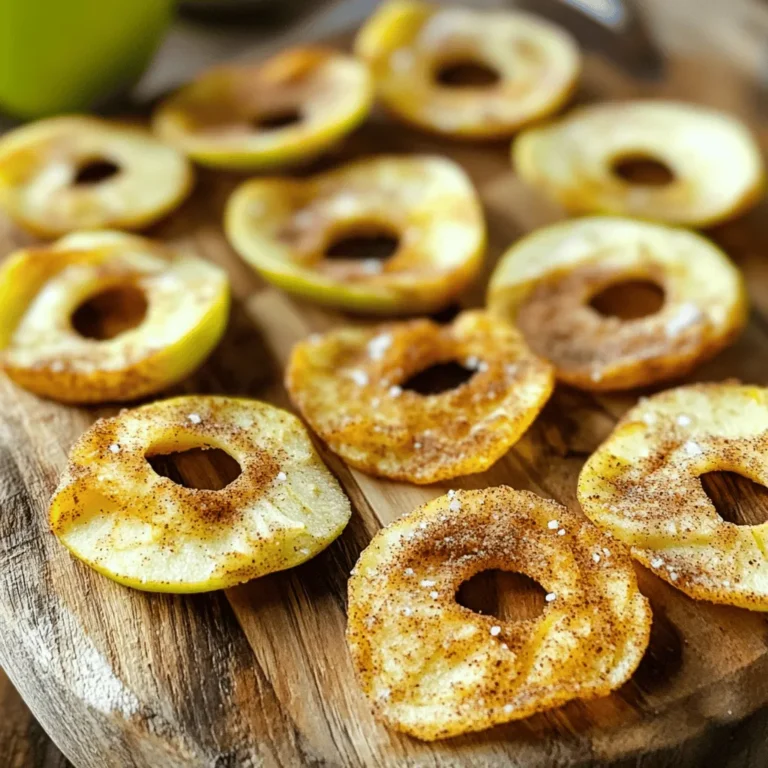 - 2 large apples (Granny Smith or Honeycrisp) - 1 tablespoon ground cinnamon - 1 tablespoon sugar (optional) - Pinch of salt - Cooking spray or a small amount of oil To make Air Fryer Cinnamon Apple Chips, you only need five simple ingredients. Choosing the right apples is key. I recommend using Granny Smith or Honeycrisp apples. They add a nice balance of tartness and sweetness. Granny Smith gives a nice crispness, while Honeycrisp offers a juicy bite. Next is ground cinnamon. It brings warmth and flavor to the chips. If you want them sweeter, add one tablespoon of sugar. Adjust the sugar based on your taste. A pinch of salt helps enhance all the flavors. Finally, you’ll need cooking spray or a little oil. This helps the seasoning stick to the apple slices. Make sure your ingredients are fresh. Quality ingredients lead to better taste. So, grab your apples and let’s get started on this tasty treat! First, wash the apples well under cold water. This step is key to remove dirt. After washing, dry them with a clean towel. Next, slice the apples into thin rings, about 1/8 inch thick. A sharp knife or a mandoline works best for this. Remember to remove any seeds from the slices. This ensures each bite is safe and tasty. Now, grab a small bowl. In it, mix one tablespoon of ground cinnamon with one tablespoon of sugar. If you want less sweetness, just skip the sugar. Add a pinch of salt to the mix as well. This simple blend enhances the flavor of the apples. Stir well until everything is combined. Preheat your air fryer to 300°F (150°C). This step takes about five minutes. While it heats up, place the apple slices in a large bowl. Lightly spray them with cooking spray or toss them with a tiny bit of oil. This helps the seasoning stick. Next, sprinkle your cinnamon-sugar mix over the apple slices. Toss them gently to coat all pieces evenly. When your air fryer is ready, arrange the apple slices in a single layer in the basket. Depending on your air fryer’s size, you may need to do this in batches. Cook the apple slices for about 15 to 20 minutes. Flip them halfway through to ensure they cook evenly. Keep a close eye on them at the end. Cooking time can vary, so check for a crisp and golden look. Once done, let the apple chips cool on a wire rack. Store them in an airtight container for a crunchy snack later! To make your apple chips crispy, slicing is key. Aim for slices about 1/8 inch thick. If they are too thick, they may not crisp up well. Thin slices allow for even cooking and better texture. Pay close attention to cooking time. Start at 15 minutes, but check them often. Flip the slices halfway through to ensure even crispiness. Cooking time may vary based on your air fryer model. Always monitor toward the end to avoid burning. For extra flavor, consider adding vanilla or nutmeg to your cinnamon mix. These spices can create a unique twist that adds depth to your apple chips. Just a pinch can elevate your snack. Adjust sugar based on the apple variety you choose. Granny Smith apples are tart, so you may want less sugar. Honeycrisp apples are sweeter, so you might add more. Taste as you go, and find the right balance for your palate. {{image_2}} You can use various apples to make chips. Each type gives a unique taste. I love using Fuji apples for their sweetness. Gala apples also work great. They have a nice balance of sweet and tart. Just remember, the type of apple changes the flavor. Try different apples to find your favorite! Spices can make your apple chips even better. Pumpkin spice adds warmth and comfort. It’s great for fall snacks! Cardamom brings a floral note that surprises your taste buds. You can mix these spices with the cinnamon for a fun twist. Just a little sprinkle can change the whole chip! To keep your apple chips fresh, use airtight containers. This simple step helps keep them crunchy. Place the chips in a single layer if possible. If you have a lot, use multiple containers. For the best taste, store them at room temperature. They will stay fresh for up to one week. If you want them to last longer, you can put them in the fridge. However, they may lose some crispiness over time. If your apple chips lose their crunch, don’t worry! You can easily bring back their crispiness. The best way to do this is to air fry them again. Preheat your air fryer to 300°F (150°C). Place the apple chips in the basket in a single layer. Heat them for about 3-5 minutes. Keep an eye on them to avoid burning. This method works great and makes them taste like new! Air fryer cinnamon apple chips can last up to one week. To keep them fresh, store them in an airtight container. If the chips get soft, they may not be good to eat. Always check for taste and texture before snacking. Yes, you can use other fruits! Pears and bananas work well too. Just slice them thinly, like the apples. Different fruits may need slight changes in cooking time. Keep an eye on them while they cook for the best results. If your apple chips are not crispy, try a few tips. First, ensure your apple slices are thin enough. Thin slices crisp up better. Second, increase the cooking time by 2-3 minutes. Lastly, make sure to spread the slices in a single layer in the basket. This helps them cook evenly. In this article, we covered how to make air fryer cinnamon apple chips. We listed the ingredients, shared step-by-step instructions, and provided tips for perfect crispiness. We explored variations using different apple types and spices. Finally, we talked about storage and reheating for the best taste. These apple chips are easy to make and a healthy snack. Enjoy experimenting with flavors, and remember to keep those apple slices thin for that perfect crunch. Happy cooking!