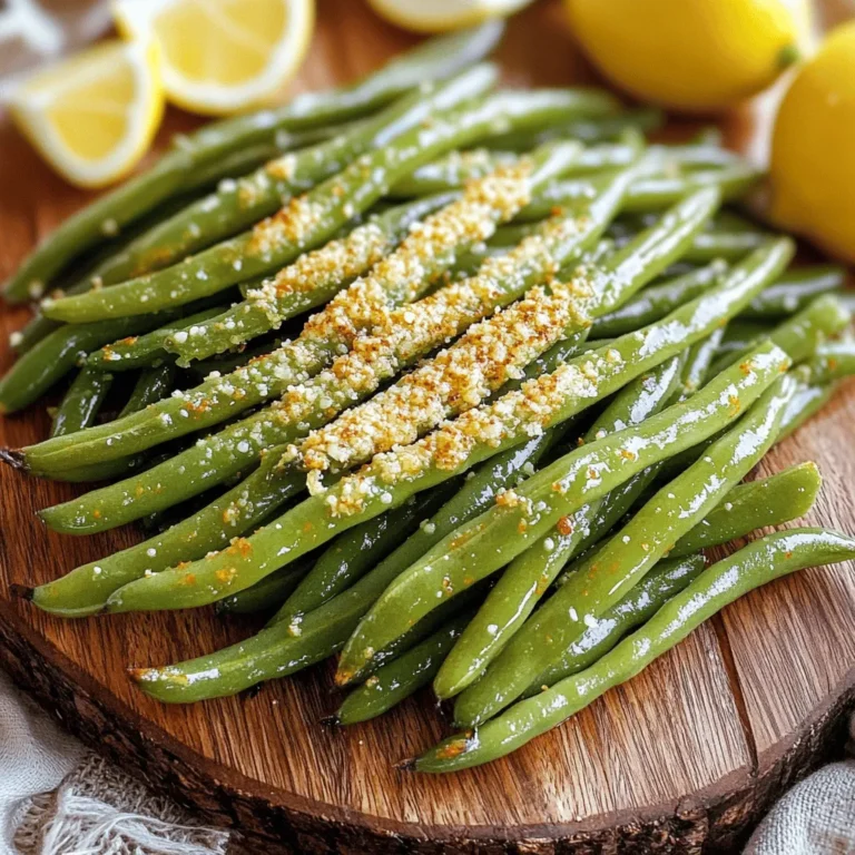 - 1 pound fresh green beans, trimmed - 2 tablespoons olive oil - 1/2 cup grated Parmesan cheese - 1 teaspoon garlic powder - 1/2 teaspoon onion powder - 1/2 teaspoon smoked paprika - 1/4 teaspoon red pepper flakes (optional for heat) - Salt and pepper to taste - Lemon wedges for serving For this dish, I find that one pound of green beans works best. It gives you about four servings. The olive oil helps the beans get crispy. I like using two tablespoons, but you can adjust it based on your taste. The cheese is key for flavor. Use half a cup of grated Parmesan for a rich taste. The seasonings, like garlic powder and onion powder, are one teaspoon and half a teaspoon, respectively. Smoked paprika adds depth with just half a teaspoon. If you want some heat, throw in a quarter teaspoon of red pepper flakes. Lastly, don’t forget salt and pepper to bring it all together. If you can't find fresh green beans, frozen green beans work too. Just make sure they are not mushy when cooked. You can also use different cheeses, like Pecorino Romano, if you want a new flavor. If you want to skip olive oil, try avocado oil for a similar taste. For the seasonings, feel free to mix in some Italian herbs or lemon zest for a brighter flavor. First, you need to preheat your air fryer. Set it to 400°F (200°C). Let it heat for about 5 minutes. This step helps get the green beans crispy. Next, take 1 pound of fresh green beans and trim the ends. Place them in a large mixing bowl. Add 2 tablespoons of olive oil. Toss the beans in the oil until they are well coated. This helps the seasonings stick. In a separate bowl, mix together the following seasonings: - 1/2 cup grated Parmesan cheese - 1 teaspoon garlic powder - 1/2 teaspoon onion powder - 1/2 teaspoon smoked paprika - 1/4 teaspoon red pepper flakes (optional) - Salt and pepper to taste Sprinkle this mixture over the green beans. Toss them again until they are evenly coated. This gives the beans tons of flavor and a crunchy texture. To get crispy green beans, start by drying them well. Any water left on them can make them soggy. Toss the green beans with olive oil until they are well coated. This oil helps the cheese stick and gives a nice crunch. When you place them in the air fryer, do not overcrowd the basket. Cook them in batches if needed. This way, air can flow freely, and each bean gets that perfect crisp. If you have leftovers, let them cool first. Store them in an airtight container. They will stay fresh for up to three days in the fridge. To keep them crispy, try adding a paper towel to the container. This helps absorb any extra moisture. When you want to eat them again, pop them back in the air fryer for a few minutes. This will help regain their crunch. One common mistake is not preheating the air fryer. Preheating is key for even cooking. Another mistake is using too much cheese. While cheese is tasty, too much can make the beans soggy. Lastly, don’t skip the shaking step. Shaking the basket halfway through cooking ensures all sides get that golden color. Avoid these mistakes to enjoy the best Air Fryer Parmesan Green Beans. {{image_2}} You can change the flavor of your Air Fryer Parmesan Green Beans easily. Here are some ideas: - Lemon zest: Add a fresh taste. - Italian herbs: Use basil, oregano, or thyme for a twist. - Cajun seasoning: Spice it up with some heat. - Nutritional yeast: For a cheesy flavor without dairy. Mix and match these seasonings to create your perfect blend. Just remember to keep the cheese for that crispy layer! If you want to swap green beans for other veggies, go ahead! Here are some great options: - Asparagus: Cook for a similar time. - Broccoli florets: Cut them small for even cooking. - Zucchini: Slice into thin strips for a delicious crunch. - Cauliflower: Break into small pieces for great texture. These veggies will still taste amazing with the Parmesan coating! Serving your Air Fryer Parmesan Green Beans can be fun. Here are some ideas: - As a side dish: Pair them with chicken, fish, or steak for a full meal. - In a salad: Toss them with greens, nuts, and a light dressing. - With dips: Try ranch or hummus for added flavor. - Garnished with nuts: Add toasted almonds or pine nuts for a crunch. These ideas will make your meal exciting and satisfying! After cooking your green beans, let them cool down. Once cool, place them in an airtight container. This will keep them fresh for up to three days in the fridge. If you want to eat them later, make sure to store them properly. Keeping them in a single layer helps reduce moisture. To reheat your green beans, you can use the air fryer again. Set it to 350°F (175°C) for about 5 minutes. This method keeps them crispy. You can also use the microwave. Just heat in short bursts of 30 seconds. Check often to avoid overcooking. If you want to save your green beans for a longer time, freezing is a great option. First, let them cool completely. Then, place them in a freezer-safe bag. Squeeze out as much air as possible. They will last up to three months in the freezer. When you're ready to eat, thaw them overnight in the fridge before reheating. Enjoy your crunchy treat anytime! Yes, you can use frozen green beans. They are a great option when fresh beans are not available. Just remember to thaw them first. Pat them dry to remove excess moisture. This helps them get crispy in the air fryer. Cook fresh green beans for 8-10 minutes at 400°F (200°C). If using frozen beans, cook them a bit longer, about 10-12 minutes. Shake the basket halfway through cooking for even crispiness. Keep an eye on them to avoid overcooking. These green beans pair well with many dishes. Try serving them with grilled chicken or salmon. They also go great with pasta or a fresh salad. Serve lemon wedges on the side for an extra zing. Enjoy the crunch and flavor! In this post, we explored the key ingredients and preparation for air fryer green beans. We covered measurements, alternatives, and step-by-step instructions for cooking and seasoning. I shared tips for crispiness, ways to store leftovers, and common mistakes to avoid. We also discussed cooking variations and answered frequent questions. For perfect air fryer green beans, remember the details and enjoy experimenting! You’ll impress friends and family with your skills.