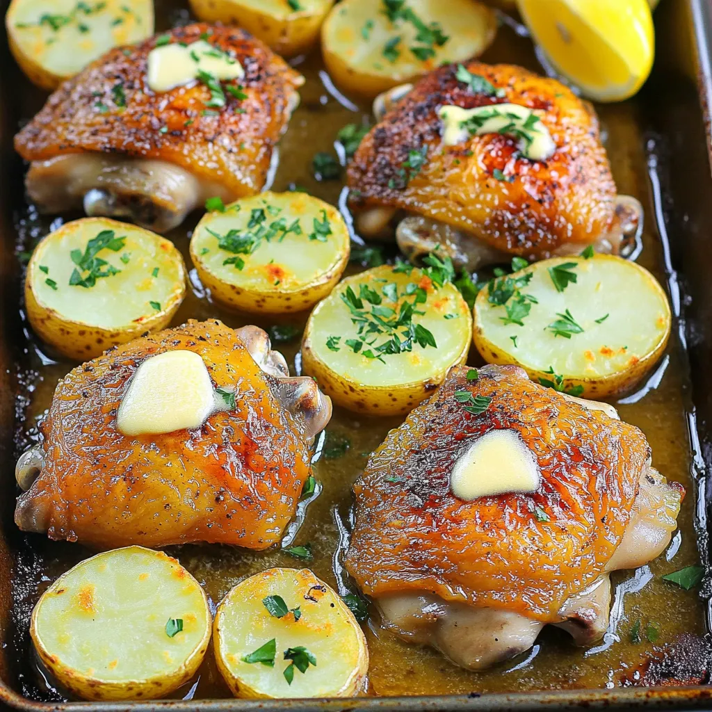 To make this dish, you need a few key items: - 4 bone-in chicken thighs (skin on) - 1 pound baby Yukon gold potatoes, halved - 1/4 cup unsalted butter, melted - 6 cloves garlic, minced These main ingredients create a great base for our meal. The chicken thighs provide rich flavor, while the potatoes add heartiness. Seasonings really enhance the taste of the dish. Here are the must-have seasonings: - 1 teaspoon dried Italian herbs (oregano, thyme, rosemary) - 1 teaspoon paprika - Salt and pepper to taste The dried herbs and paprika bring warmth and depth. Make sure to season the chicken and potatoes well. Adding garnishes makes your dish look even better. Here are some tasty options: - Fresh parsley, chopped (for garnish) - Lemon wedges (for serving) Chopped parsley gives a fresh touch. Lemon wedges add a bright zing to your meal. These are simple ways to elevate your dish. First, we need to get everything ready. Preheat your oven to 400°F (200°C). This step is key for crispiness. Next, line a large baking sheet with parchment paper. This helps with cleanup later. Now, grab a small bowl. In it, mix together melted butter, minced garlic, dried Italian herbs, paprika, salt, and pepper. This mix is what makes the chicken and potatoes so tasty. Now, let’s assemble the dish. Place the halved baby potatoes on one side of the baking sheet. Drizzle half of your garlic butter mixture over the potatoes. Toss them well so they get coated. Next, take the chicken thighs and season them with salt and pepper on both sides. Place the chicken on the baking sheet next to the potatoes. Brush the remaining garlic butter over the chicken. Spread everything out in a single layer. This ensures even cooking. Now, pop the baking sheet into the oven. Bake for about 35-45 minutes. The chicken is done when it reaches 165°F (75°C) inside. The potatoes should be tender and crispy. If you want extra crispy skin on the chicken, broil for the last 2-3 minutes. Keep an eye on it to avoid burning. Once done, remove the sheet from the oven. Let it rest for 5 minutes before serving. To ensure juicy chicken, always start with bone-in thighs. They cook more evenly and stay moist. Use a meat thermometer to check the chicken’s internal temperature. For crispy potatoes, make sure they are in a single layer. If they overlap, they won’t get crispy. Toss the potatoes halfway through cooking for even browning. Finally, don’t skip the resting time. It lets the juices settle, making every bite delicious. To boost the flavor of your dish, add fresh herbs. Fresh thyme, rosemary, or basil work well. Chop them finely and sprinkle them on both the chicken and potatoes. This adds bright, vibrant notes. You can also mix in lemon zest for a zesty kick. If you prefer a stronger flavor, try adding some crushed red pepper flakes. When baking chicken, space is key. Make sure the chicken thighs do not touch. This helps them cook evenly and get crispy. Use a rimmed sheet pan to catch drippings and keep your oven clean. Pre-heating the oven is a must. This ensures even cooking and browning. Always check the internal temperature with a meat thermometer. It should read 165°F (75°C) for safe eating. To get that perfect crispy skin, follow a few simple steps. First, pat the chicken dry with paper towels. This removes excess moisture. Next, season the skin with salt and pepper. Salt helps draw out moisture and promotes browning. During the last few minutes of baking, switch to broil. Keep an eye on it to prevent burning. This will give you that beautiful, golden finish. Enjoy the crunch with every bite! {{image_2}} You can swap out the potatoes for other veggies. Carrots, broccoli, or green beans work well. Just cut them into bite-sized pieces. Toss them in the garlic butter mix too. This change adds color and variety to your meal. Each vegetable brings its own flavor. Be creative and use what you have on hand. If you like heat, add some crushed red pepper flakes. A teaspoon or two gives a nice kick. You can also use spicy paprika instead of regular. For extra flavor, mix in some chopped jalapeños. These changes make the dish exciting. Adjust the spice level to fit your taste. You can use boneless chicken thighs or breasts in this recipe. They cook faster than bone-in thighs. Keep an eye on the cooking time. You may need only 25-30 minutes. Brush the garlic butter on generously for flavor. This option is great for a quick weeknight meal. After a tasty meal, store leftovers in an airtight container. Let the chicken and potatoes cool to room temperature. This helps keep the food safe. Place them in the fridge. They will last up to three days. Always label your container with the date. This way, you know when to eat them. To reheat your chicken and potatoes, you have a few good options. The oven is best for even heating. Preheat it to 350°F (175°C). Place your leftovers on a baking sheet. Warm them for about 15 to 20 minutes. You can also use the microwave. Heat in short bursts. Check after every minute to avoid overcooking. Freezing is a great way to save extra food. First, cool the chicken and potatoes completely. Then, wrap them tightly in plastic wrap or foil. Place them in a freezer bag and remove as much air as possible. Label the bag with the date. Chicken and potatoes can stay fresh for up to three months. When you're ready to eat, thaw them in the fridge overnight. Reheat properly before serving. It takes about 35 to 45 minutes to cook chicken thighs in the oven. You want to reach an internal temperature of 165°F (75°C) to ensure they are safe to eat. The time may vary based on your oven and the size of the thighs. Always check them with a meat thermometer for the best results. Yes, you can use other types of potatoes. Red potatoes or fingerling potatoes work well. Just cut them to a similar size as Yukon gold potatoes. This way, they cook evenly. The flavor might change a bit, but they will still taste great with the garlic butter. You can pair this dish with a simple green salad. A side of steamed vegetables, like broccoli or green beans, adds color and nutrients. You could also serve some crusty bread to soak up the yummy garlic butter. This meal is versatile and fits many sides. This blog post covered everything you need for Sheet-Pan Garlic Butter Chicken. You learned about the right ingredients, essential seasonings, and some tasty garnishes. I shared step-by-step cooking tips to help you get juicy chicken and crisp potatoes. Don't forget about the different variations, like spicy options or using boneless chicken. Proper storage and reheating tips will help keep your leftovers fresh. Try these ideas, and make a meal that will impress everyone! Enjoy cooking and eating this simple, delicious dish.