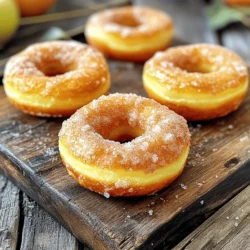 - 1 cup apple cider - 2 cups all-purpose flour - 1 teaspoon baking powder - 1 teaspoon baking soda - 1 teaspoon ground cinnamon - 1/2 teaspoon ground nutmeg - 1/2 teaspoon salt - 1 large egg - 3/4 cup granulated sugar - 1/4 cup brown sugar - 1/2 cup unsweetened applesauce - 1/4 cup vegetable oil - 1 teaspoon vanilla extract - 1/4 cup granulated sugar (for topping) - 2 teaspoons ground cinnamon (for topping) Gather these ingredients to make your apple cider cinnamon sugar donuts. You need apple cider for sweetness and flavor. All-purpose flour gives the donuts their body. Baking powder and baking soda help them rise. Ground cinnamon and nutmeg add warmth and spice. The large egg binds everything together. Granulated and brown sugar sweeten the batter and give it depth. Unsweetened applesauce keeps the donuts moist. Vegetable oil adds richness, while vanilla extract brings out sweet notes. You will also need extra granulated sugar and cinnamon to coat the warm donuts. This mix creates a delightful crunch that contrasts with the soft donut inside. Make sure you have all these items ready before you start baking. To start, take 1 cup of apple cider. Pour it into a medium saucepan and heat it over medium heat. Bring the cider to a boil, then reduce the heat. Let it simmer until it reduces to about 1/2 cup. This takes around 15-20 minutes. Once reduced, set it aside to cool slightly. In a large mixing bowl, combine the dry ingredients. You will need 2 cups of all-purpose flour, 1 teaspoon of baking powder, 1 teaspoon of baking soda, 1 teaspoon of ground cinnamon, 1/2 teaspoon of nutmeg, and 1/2 teaspoon of salt. Whisk them together until well mixed. This step is key for even flavor. Now, take another bowl and crack 1 large egg into it. Beat the egg well. Next, add 3/4 cup of granulated sugar and 1/4 cup of brown sugar. Then, mix in 1/2 cup of unsweetened applesauce, 1/4 cup of vegetable oil, 1 teaspoon of vanilla extract, and the cooled apple cider. Mix until the mixture is smooth and combined. Gradually add the wet mixture to the dry ingredients. Mix gently until just combined. Be careful not to overmix, as this can make your donuts tough. Once combined, spoon the batter into a greased donut pan. Fill each mold about 2/3 full to allow for rising. Preheat your oven to 350°F (175°C). Place the filled donut pan in the oven and bake for 12-15 minutes. To check doneness, insert a toothpick into the center of a donut. If it comes out clean, they are ready. Once baked, let the donuts cool in the pan for about 5 minutes before transferring them to a wire rack. While the donuts cool, prepare the cinnamon sugar topping. In a small bowl, mix together 1/4 cup of granulated sugar and 2 teaspoons of ground cinnamon. Once the donuts are still warm, generously coat each one in the cinnamon sugar mixture. Make sure they are evenly covered for the best taste. To make the best donuts, avoid overmixing the batter. When you mix, do it gently. Stop once you see no dry flour. Overmixing can make them tough. For measuring flour accurately, use the spoon and level method. First, fluff the flour in its bag. Then, spoon it into your measuring cup. Finally, level it off with a knife. This keeps the flour from packing down, ensuring the right amount. To get the best texture, focus on baking time and temperature. Set your oven to 350°F (175°C). Bake the donuts for 12-15 minutes. Check them with a toothpick. If it comes out clean, they are ready. Place the donut pan on the middle rack of your oven. This helps with even baking. If it's too high or low, some may bake faster than others. To enhance flavor, think about adding spices. Try a pinch of ginger or allspice. You can also add a bit more cinnamon for extra warmth. Using fresh apple cider gives a great taste. It has a richer flavor than store-bought cider. If you cannot find fresh cider, choose a high-quality brand. This will still give you a lovely taste in your donuts. {{image_2}} You can add fun twists to your donuts. One easy option is pumpkin spice. It gives a warm, cozy taste. Just mix in one teaspoon of pumpkin spice with the dry ingredients. This change adds a nice fall flavor. Another great idea is to add chocolate chips or nuts. You can fold in 1/2 cup of chocolate chips or chopped nuts when you mix the wet and dry ingredients. Both options give your donuts a delightful crunch and burst of flavor. If you want a healthier treat, consider using whole wheat flour. Swap the two cups of all-purpose flour for whole wheat flour. This adds fiber to your donuts and makes them more filling. You can also reduce the sugar. Instead of 3/4 cup granulated sugar, use only 1/2 cup. You might even try sugar alternatives, like honey or maple syrup. They can add sweetness without all the sugar. For those who need gluten-free options, you can use a gluten-free flour blend. Look for blends that work well in baked goods. They often have a mix of rice flour and starches. When using gluten-free flour, you may need to adjust the liquid. Gluten-free flour can absorb more moisture. Start with a little extra apple cider or applesauce to get the right batter texture. To keep your apple cider cinnamon sugar donuts fresh, store them in an airtight container. This will prevent them from drying out. You can use a plastic container or a resealable bag. Make sure to place a paper towel inside to absorb any moisture. This helps keep the donuts soft and tasty. If you want to save some donuts for later, freezing is a great option. First, let the donuts cool completely. Then, wrap each donut tightly in plastic wrap. After that, place them in a freezer-safe bag or container. They can stay in the freezer for up to three months. When you’re ready to eat one, take it out and let it thaw at room temperature for about 30 minutes. For a warm treat, you can also reheat the thawed donut in the oven for a few minutes. These donuts are best enjoyed fresh. At room temperature, they stay good for about two days. Keep them in a cool, dry place to maintain their flavor. If they start to feel hard or dry, it’s time to toss them. Always check for any signs of spoilage, like mold or an off smell, before eating. You can use apple juice, but the flavor will change. Apple cider has a deeper, richer taste. It adds warmth and spice to the donuts. Apple juice tends to be sweeter and lighter. This change affects the final taste of your donuts. If you want to skip eggs, try using applesauce instead. Use 1/4 cup of applesauce for each egg. You can also use mashed banana or flaxseed meal. For flaxseed, mix 1 tablespoon with 3 tablespoons of water. Let it sit for a few minutes before adding it to the mix. Yes, you can use a muffin pan. Just pour the batter into the molds. Fill each cup about halfway. Bake for about 15-18 minutes instead of 12-15. Check for doneness with a toothpick. Muffins will be larger and thicker than donuts. For the best flavor, use tart apples like Granny Smith. They add a nice balance of sweet and tangy. Other good choices are Honeycrisp or Fuji apples. Mixing different types gives a deeper taste. This will enhance the flavor of your donuts. You only need a few basic tools. A donut pan is best for perfect shapes. A mixing bowl and whisk are essential for combining ingredients. A measuring cup and spoons help with accuracy. A toothpick is useful for checking doneness. We've covered how to make delicious apple cider donuts from scratch. We discussed the key ingredients, step-by-step instructions, and helpful tips for perfecting your donuts. These treats are easy to customize and can fit various diets. Whether you want to spice them up or make them healthier, there’s a way for everyone. Remember to store leftovers properly and enjoy them at their best! Now, you can bake these tasty donuts for yourself or share them with friends. Get ready for delicious flavors and smiles all around!