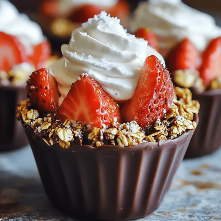To make these delicious chocolate covered strawberry cups, you need a few key ingredients: - 1 cup dark chocolate chips - 2 cups fresh strawberries, hulled and halved - 1 cup granola or crushed graham crackers - 1/2 cup whipped cream or coconut cream - 1 teaspoon vanilla extract - Sea salt for garnish (optional) Each ingredient plays a role in creating the perfect flavor and texture. The dark chocolate brings a rich taste, while the strawberries add freshness. The granola or graham crackers give a nice crunch. The whipped cream adds creaminess, and the vanilla enhances the overall flavor. You can customize these cups to fit your taste. Here are some optional ingredients: - Milk chocolate or white chocolate chips - Other berries like raspberries or blueberries - Chopped nuts such as almonds or walnuts - Different extracts like almond or mint These options let you mix flavors and find what you love best. Feel free to experiment! Having the right tools makes the process easier. Here’s what you need: - Microwave-safe bowl for melting chocolate - Silicone muffin cups or paper cupcake liners - Spoon for spreading chocolate - Mixing bowl for whipped cream - Refrigerator for chilling Using these tools helps ensure your cups come out just right. With everything ready, you can start your sweet journey! Start by measuring 1 cup of dark chocolate chips. Place them in a microwave-safe bowl. Heat the chocolate in 30-second bursts. After each burst, stir the chocolate. This keeps it from burning. Your goal is smooth, melted chocolate. If it’s still lumpy, heat for a few more seconds. Be careful not to overheat. Grab your silicone muffin cups or paper cupcake liners. Spoon a bit of melted chocolate into each cup. Use the back of a spoon to spread it. Cover the sides well to form a cup shape. Make sure the bottom has enough chocolate too. Once done, place the cups in the fridge. Chill them for about 10 to 15 minutes until firm. After the chocolate has set, take the cups out of the fridge. Add a layer of granola or crushed graham crackers. This layer goes at the bottom of each cup. Press the granola down gently to make it firm. Next, place the halved strawberries on top. Arrange them nicely to make it pretty. In a separate bowl, mix the whipped cream with 1 teaspoon of vanilla extract. Spoon or pipe this cream over the strawberries. For a final touch, drizzle some leftover chocolate over the cream. If you like, sprinkle a pinch of sea salt on top. This adds flavor and looks great. Chill the cups again for 10 minutes to set everything. To melt chocolate well, use a microwave-safe bowl. Heat dark chocolate chips in 30-second bursts. Stir the chocolate after each burst. This helps it melt evenly. Watch closely, as chocolate can burn quickly. If you see any lumps, keep stirring. The heat from the melted chocolate will smooth it out. You want it to be silky and glossy. To make great cups, use silicone muffin cups or paper liners. Start by adding a spoonful of melted chocolate to each cup. Use the back of a spoon to spread the chocolate up the sides. This creates a nice cup shape. Make sure the chocolate is thick enough to hold its shape. Chill the cups in the fridge for about 10-15 minutes. This helps them set firmly. You can boost the flavor with fun add-ins. For example, mix in some crushed nuts or a sprinkle of sea salt. Add a dash of cinnamon for warmth. You can also use flavored whipped cream. Vanilla extract adds a nice touch. Feel free to experiment with your favorite flavors. Each add-in can change the taste in a fun way. {{image_2}} You can change the flavor of your Chocolate Covered Strawberry Cups easily. Try using other fruits like raspberries or blueberries. They add a fresh twist. Nuts also work well. Chopped almonds or walnuts can give a nice crunch. Mix and match your favorites. The options are endless. Toppings can make your cups even better. Try adding crushed cookies, like Oreos or Digestives, for extra texture. You can also use a drizzle of caramel or white chocolate for a sweet touch. Shredded coconut adds a tropical vibe too. Get creative with what you have at home. Making these cups vegan is simple. Use dairy-free chocolate chips and coconut cream instead of whipped cream. For gluten-free options, make sure to use gluten-free granola or graham crackers. These easy swaps keep your dessert tasty and friendly for all diets. Enjoy your healthy treats without worry! To keep your chocolate covered strawberry cups fresh, store them in an airtight container. This helps prevent them from drying out or absorbing other smells from your fridge. Place a piece of parchment paper between layers if you stack them. This keeps them looking pretty and intact. These delightful cups last up to 3 days in the fridge. They taste best when fresh, but you can freeze them for up to a month. To freeze, place the cups in a single layer on a tray. Once frozen, move them to a freezer-safe bag. This keeps them safe from freezer burn. You won’t need to reheat these cups, as they are best enjoyed cold. If you prefer a softer texture, let them sit at room temperature for about 10-15 minutes before serving. This way, the chocolate can get a bit melty and the flavors can shine. Yes, you can use milk chocolate. It will give a sweeter taste. Just melt it the same way you would with dark chocolate. The cups will still be yummy and fun! These cups need to chill for about 10-15 minutes after you coat them with chocolate. After adding the other layers, chill again for another 10 minutes. This helps everything set nicely. Yes, you can make these cups a day before you plan to serve them. Just store them in the fridge. They will taste great and stay fresh! If you want a different topping, you can use coconut cream or a dairy-free option. You can also try yogurt or a non-dairy whipped topping. Each will add its own nice flavor! In this post, we explored how to make chocolate-covered strawberry cups. We covered essential ingredients, step-by-step instructions, and tips for success. You learned about fun variations and how to store your tasty treats. These cups are easy to make and can delight anyone. Get creative with flavors and toppings to match your taste. Try these tips, and you will impress friends and family with your skills. Enjoy your delicious creations!