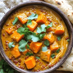 - 2 medium sweet potatoes, peeled and diced - 1 cup red lentils, rinsed - 1 can coconut milk (400ml) Sweet potatoes bring a sweet, creamy flavor. Red lentils add protein and texture. Coconut milk gives a rich, smooth finish. These three work together to create a base that is both hearty and comforting. - Aromatics: 1 large onion, finely chopped - 3 cloves garlic, minced - 1-inch piece ginger, grated - 1 can diced tomatoes (400g) Aromatics kick off the flavor. Onions add sweetness, while garlic and ginger add warmth. Diced tomatoes give a slight acidity, balancing the sweetness of the sweet potatoes. - 2 tablespoons curry powder - 1 teaspoon cumin - 1 teaspoon turmeric - 1 tablespoon olive oil - Salt and pepper to taste Curry powder provides the main flavor. Cumin adds earthiness, and turmeric brings a beautiful color. Olive oil helps sauté the aromatics for rich flavor. Finally, salt and pepper enhance every bite. - Chop and Dice Vegetables Start by peeling and dicing two medium sweet potatoes. Aim for small, even pieces to ensure they cook evenly. Next, finely chop one large onion. You will also need to mince three cloves of garlic and grate a one-inch piece of ginger. These aromatics will add great flavor to your curry. - Rinse Red Lentils Measure one cup of red lentils and rinse them under cold water. This step helps remove any dust or debris. Rinsed lentils will cook better and taste fresher in your dish. - Sauté Aromatics and Cook Spices In a large pot, heat one tablespoon of olive oil over medium heat. Add the chopped onion and sauté for about five minutes. The onion should turn translucent and fragrant. Then, stir in the minced garlic and grated ginger. Cook for one more minute until the mixture is aromatic. It’s time to add two tablespoons of curry powder, one teaspoon of cumin, and one teaspoon of turmeric. Stir well to coat the onions with the spices. - Combine Ingredients and Simmer Toss in the diced sweet potatoes, rinsed red lentils, and one can of diced tomatoes (400g). Mix everything thoroughly. Next, pour in one can of coconut milk and two cups of vegetable broth. Bring this mix to a boil. After that, reduce the heat to a simmer. Cover the pot and let it cook for about 25 to 30 minutes. Stir occasionally. You want the sweet potatoes and lentils to be tender. - Seasoning and Blending Options Once the curry is cooked, season with salt and pepper to taste. If you like a creamier texture, blend some of the curry using an immersion blender. This gives you both smooth and chunky bites. - Serving Suggestions Serve the curry hot in beautiful bowls. Garnish with fresh cilantro for a pop of color. For a complete meal, consider pairing the curry with fluffy basmati rice or warm naan on the side. Enjoy your cozy dish! - How to Avoid Overcooking Lentils To keep lentils firm, watch the cooking time. Red lentils cook fast, usually in about 25 to 30 minutes. Check them often. If they get mushy, it’s too late. The goal is tender but not falling apart. - Achieving the Perfect Curry Texture For a creamy yet chunky curry, blend part of the dish. Use an immersion blender. This makes it smooth while keeping some texture. Stir well to combine blended and whole parts. This balance gives a great mouthfeel. - Ideal Pairings: Rice, Naan Serve this curry with fluffy basmati rice or soft naan. Both soak up the curry sauce well. They add a nice contrast to the dish’s creaminess. You can’t go wrong with either option. - Presentation Tips for Serving Use beautiful bowls to serve your curry. Garnish each bowl with a sprig of fresh cilantro. This not only adds color but also a fresh flavor. Make sure to serve it hot for the best taste. - Spice Variations to Try Add more flavor by varying spices. Try adding chili powder for heat or garam masala for warmth. Experiment with different spices to find your favorite mix. Each change can make the curry unique. - Adding Fresh Herbs Fresh herbs add brightness. Consider stirring in chopped cilantro or mint right before serving. These herbs lift the flavors and make the dish feel fresh and light. {{image_2}} Alternative Vegetables to Use You can swap sweet potatoes for other root veggies. Carrots, parsnips, or even butternut squash work great. These veggies add their own sweet and earthy notes to the curry. Different Types of Lentils Red lentils are my go-to, but you can use green or brown lentils too. Just remember, cooking times may change. Green lentils take longer to cook. They stay firmer and add texture to the dish. Brown lentils blend well into the curry, creating a hearty feel. Vegan and Gluten-Free Options This dish is already vegan and gluten-free. Use vegetable broth for more flavor. Make sure your broth is certified gluten-free if that’s a concern. Adjusting Spice Levels Do you like it spicy? Add more curry powder or a pinch of chili flakes. For a milder taste, reduce the curry powder or skip the chili. Always taste as you go to find the right heat for you. To keep your sweet potato lentil curry fresh, store it in an airtight container. Place the container in the fridge. It lasts about 4 to 5 days. Make sure it cools down before sealing. For freezing, allow it to cool completely. Then, use freezer-safe bags or containers. It can stay good for up to 3 months in the freezer. Label the bags with the date. The best way to reheat curry is on the stove. Pour it into a pot over low heat. Stir it often until it warms evenly. You can also use a microwave. Place it in a microwave-safe bowl. Cover it loosely and heat in short bursts, stirring in between. This way, it keeps its flavor and texture. Always taste before serving to see if it needs more seasoning. How long does Sweet Potato Lentil Curry last in the fridge? Sweet Potato Lentil Curry lasts about 4 to 5 days in the fridge. Store it in an airtight container. The flavors will deepen as it sits, making it even tastier. Can I make this curry in advance? Yes, you can make this curry in advance. It actually tastes better after a day. Make it and let it cool before storing it in the fridge. Can I use yellow or green lentils instead of red? You can use yellow or green lentils, but they cook differently. Red lentils break down and thicken the curry. Yellow and green lentils stay firmer. Is it possible to make this recipe without coconut milk? Yes, you can skip the coconut milk. Use vegetable broth or almond milk instead. This will change the flavor and creaminess but still keep it delicious. How do I make the curry thicker? To thicken the curry, let it simmer longer. You can also blend a portion of it with an immersion blender. This adds creaminess and keeps some texture. What if I do not have all the spices listed? If you lack some spices, don't worry! You can mix and match. Use curry powder and some salt to make a basic flavor. Even without all the spices, it will still taste good. Sweet Potato Lentil Curry is simple and tasty. It uses sweet potatoes, red lentils, and coconut milk as key ingredients. You learned to prepare it with step-by-step instructions, from chopping vegetables to simmering the curry. I shared tips to enhance flavor and suggestions for storing leftovers. Remember, you can adjust the recipe to fit your taste. I hope you feel excited to try new variations! Enjoy your cooking and the delicious meals that follow.