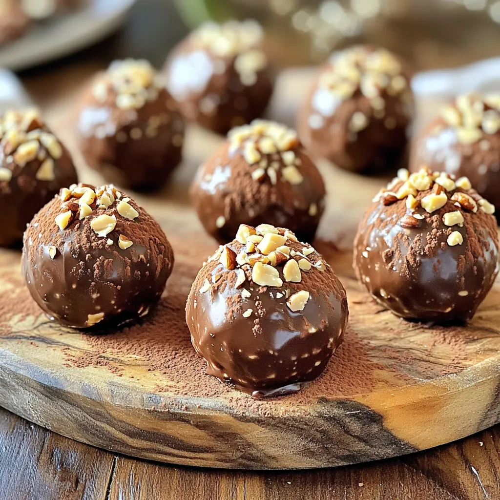 - 1 cup hazelnuts, toasted and chopped - 1 cup pitted dates, soaked in warm water for 10 minutes - 1/2 cup cocoa powder - 1/4 cup almond butter - 1 teaspoon vanilla extract - Pinch of salt These ingredients create a rich and tasty treat. The hazelnuts add a nice crunch. Dates bring sweetness and help bind everything. Cocoa powder gives the truffles their deep chocolate flavor. Almond butter adds creaminess and a hint of nuttiness. The vanilla and salt enhance all the flavors. - Crushed hazelnuts - Cocoa powder Rolling the truffles in crushed hazelnuts or cocoa powder adds texture and flavor. You can choose one or use both for variety. The crushed hazelnuts give a nice bite, while cocoa powder adds richness. You can swap hazelnuts for other nuts. Try almonds or walnuts for a different taste. If you need a nut-free option, use sunflower seeds. For dates, you can use prunes if you prefer. Any nut or seed butter can replace almond butter. Just pick your favorite! Using vanilla bean paste instead of extract can add a richer flavor. With these ingredients, you will make delicious truffles. Feel free to play around with flavors and textures! Start by soaking your pitted dates in warm water for ten minutes. This softens them, making it easier to blend. After soaking, drain the dates well. Place them in a food processor. Blend until they turn into a smooth paste. This step is key for a creamy truffle texture. Next, add the almond butter, cocoa powder, vanilla extract, and a pinch of salt to the food processor. Blend all the ingredients until they mix well. You want a thick chocolate mixture that sticks together. This forms the base for your truffles. Now, stir in the toasted and chopped hazelnuts using a spatula. Make sure to mix them evenly. Scoop out tablespoon-sized portions of the mixture. Roll these portions between your hands to shape small balls. If you want, roll the truffles in crushed hazelnuts or cocoa powder for extra flavor. This makes them look nice too! Place the truffles on a parchment-lined tray. Chill them in the fridge for at least thirty minutes. This helps them firm up, making them perfect for serving. Toasting hazelnuts brings out their rich flavor and crunch. First, preheat your oven to 350°F (175°C). Spread the hazelnuts on a baking sheet in a single layer. Bake for about 10-12 minutes. Watch them closely, as they can burn quickly. The nuts are ready when they smell nutty and turn golden brown. Let them cool before chopping. This adds depth to your truffles. Once you form the truffles, place them on a parchment-lined tray. Cover them with plastic wrap or a lid. Chill in the fridge for at least 30 minutes. This sets the truffles and makes them firm. You can store them in an airtight container for up to a week. For longer storage, freeze them. Just let them thaw in the fridge before serving. Presentation can elevate your truffles. Use a decorative box to gift them or a beautiful platter to serve. Dust the truffles with cocoa powder or crushed hazelnuts for flair. You can also add fresh mint leaves for a pop of color. Arrange them in clusters or in rows for an eye-catching display. A simple touch makes a big difference! {{image_2}} You don’t have to use hazelnuts. You can switch to any nut you like. Almonds, walnuts, or pecans work well. Each nut brings a new taste. Almonds add a sweet touch, while walnuts give a nice crunch. Try cashews for a creamier bite. Just make sure to toast them for the best flavor. Want to spice things up? Add some cinnamon or nutmeg for warmth. A pinch of sea salt can heighten the taste, too. You can also use different extracts. Swap vanilla for almond or hazelnut extract. These small changes create a flavor adventure. You can even add coffee to deepen the chocolate taste. To make these truffles vegan, use a plant-based nut butter. Almond butter is great, but you can also try peanut or sunflower butter. For a raw version, skip the cocoa powder and use cacao powder instead. This keeps the nutrients intact. Always check your ingredients to ensure they are vegan and raw. To keep your no-bake chocolate hazelnut truffles fresh, store them in an airtight container. Place a layer of parchment paper between the truffles to prevent sticking. This will help maintain their shape and texture. You can keep them in the fridge for a cool treat anytime. These truffles last about one week in the fridge. If you store them properly, they stay tasty and fresh. Check for any signs of spoilage, like an off smell or change in texture. With proper care, you can enjoy these treats for days! If you want to keep your truffles longer, freezing is a great option. Place the truffles in a single layer on a tray. Once they freeze, transfer them to an airtight container. They can last up to three months in the freezer. When you're ready to eat them, move them to the fridge for a few hours to thaw. Enjoy your delicious truffles any time! Yes, you can make these truffles ahead of time. They are perfect for parties or gifts. Just follow the recipe, then chill them for at least 30 minutes. After that, store them in an airtight container in the fridge. They will stay fresh and tasty for up to a week. The truffles stay fresh for about one week in the fridge. If you want to enjoy them later, you can freeze them. When frozen, they can last up to three months. Just let them thaw in the fridge before serving. You can easily swap some ingredients. If you don’t have hazelnuts, try almonds or walnuts. You can use peanut butter instead of almond butter. For a sweeter taste, add a bit of honey or maple syrup. Just make sure to keep the main elements, like dates and cocoa powder, to maintain the truffle's flavor. We covered how to make delicious no-bake chocolate hazelnut truffles. You learned about the key ingredients and substitutions. I shared step-by-step instructions for easy preparation. We explored tips for toasting hazelnuts and storing your truffles. You also discovered fun variations and storage practices to maximize freshness. In conclusion, these truffles are simple and tasty. Experiment with flavors and enjoy making them!