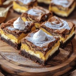 - 1/2 cup unsalted butter, melted - 1 cup granulated sugar - 2 large eggs - 1 teaspoon vanilla extract - 1/3 cup unsweetened cocoa powder - 1/2 cup all-purpose flour - 1/4 teaspoon salt - 1/4 teaspoon baking powder - 8 oz cream cheese, softened - 1/2 cup pumpkin puree - 1/4 cup granulated sugar - 1 large egg - 1 teaspoon pumpkin pie spice - 1 teaspoon vanilla extract I love how these ingredients come together to make a treat that is rich, sweet, and full of fall flavors. The brownie layer gives a nice chocolate base. This layer is soft, fudgy, and perfect for pairing with the creamy cheesecake. The pumpkin spice cheesecake layer adds a warm, cozy taste. The cream cheese makes it rich and smooth, while the pumpkin and spices create that classic autumn flavor. Together, they make a fantastic treat for any occasion. You can easily find these ingredients in your local store. Make sure your cream cheese is soft. This helps it mix well. Using fresh pumpkin puree is best for flavor. If you can, use real pumpkin instead of canned. It makes a big difference! Gather these ingredients, and you're ready to dive into a delicious baking adventure! - Preheat the oven to 350°F (175°C). - Grease a 9x9 inch baking pan or line it with parchment paper. To start, combine melted butter and sugar in a mixing bowl. Mix until the sugar dissolves. Next, add the eggs, one at a time, along with the vanilla extract. Stir until the mix looks smooth. After that, sift in the cocoa powder, flour, salt, and baking powder. Mix just until combined; do not overmix. Pour this brownie batter into the prepared pan. Spread it evenly across the bottom. In a new bowl, beat softened cream cheese until it is smooth. Then, add pumpkin puree, sugar, one egg, pumpkin pie spice, and vanilla extract. Mix well until it is creamy and well blended. Spoon the pumpkin cheesecake mixture over the brownie base. Use a knife or skewer to gently swirl the two mixtures together. This creates a beautiful marbled effect. Bake everything in the preheated oven for 30-35 minutes. Check for doneness by inserting a toothpick; it should come out with a few moist crumbs. Once baked, allow the bars to cool on a wire rack in the pan. After they cool, slice them into squares. For a lovely presentation, serve the bars on a platter dusted with powdered sugar. Add a dollop of whipped cream and a sprinkle of cinnamon on each piece for that festive touch. Enjoy these delightful treats! - Check for doneness with the toothpick method. Insert a toothpick into the center. If it comes out with a few moist crumbs, your bars are ready. - Adjust baking time based on your oven's performance. Ovens can vary. Keep an eye on the bars as they bake. - Use room temperature ingredients. This helps the cream cheese mix smoothly for that perfect cheesecake layer. - Enhance flavors by adding nuts or chocolate chips. They add texture and extra taste to your bars. - Avoid overmixing the batter. Mix just until combined to keep your bars from getting tough. - Allow the bars to cool adequately before slicing. This step helps them hold their shape and makes for cleaner cuts. {{image_2}} You can make these bars even more fun. Add chocolate chips to the brownie layer. The chips will melt and give you gooey bites. You can also toss in nuts for a crunchy twist. Try walnuts or pecans for a nice touch. If you want a different flavor, use flavored extracts. Almond or hazelnut extracts can add a unique taste. You could also play with spices. Swap pumpkin pie spice for cinnamon or nutmeg to change things up. If you need a gluten-free recipe, switch to gluten-free flour. This will keep the texture smooth. For a dairy-free option, use a plant-based cream cheese. There are many great brands out there. You can also replace eggs with flaxseed meal. Mix one tablespoon of flaxseed with three tablespoons of water. Let it sit for a few minutes to thicken. This will bind your cheesecake layer just fine. You can add seasonal flavors to these bars. Maple syrup can give them a sweet, autumn vibe. Just sub part of the sugar with maple syrup. Apple flavor is another great choice. Add some apple pie spice for a warm taste. You can even fold in applesauce into the cheesecake layer for added moisture. Each twist brings new joy to your pumpkin spice cheesecake brownie swirl bars. To keep your pumpkin spice cheesecake brownie swirl bars fresh, store them in the fridge. Place them in an airtight container. This helps prevent them from drying out. You can also use plastic wrap to cover the bars directly. Just make sure they cool completely before wrapping. If you want to save some for later, you can freeze them. Cut the bars into squares first. Wrap each piece tightly in plastic wrap. Then, place them in a freezer bag. Remove as much air as possible. This will help keep the flavors intact. In the fridge, these bars will stay fresh for about five days. If you freeze them, they can last up to three months. Just remember to label your containers with the date. Check for signs that the bars are no longer good to eat. If you see mold or a change in color, it's time to toss them. Also, if they smell off or taste strange, do not eat them. Always trust your senses when it comes to food safety. Yes, you can prepare these bars in advance. To do this, bake them and let them cool completely. Once cooled, slice them into squares. Store the bars in an airtight container in the fridge. They will stay fresh for up to five days. For longer storage, wrap them well and freeze. Thaw them in the fridge before serving. If you need a cream cheese substitute, try these options: - Greek yogurt: Use plain, full-fat yogurt for a similar texture. - Silken tofu: Blend until smooth for a dairy-free option. - Ricotta cheese: This will add a slightly different flavor but works well. To boost the pumpkin flavor, consider these tips: - Use pumpkin pie spice: Add a bit more spice for a stronger taste. - Add maple syrup: A splash can enrich the flavor. - Incorporate cinnamon: This spice pairs well with pumpkin and enhances its taste. Yes, you can make these bars gluten-free. Use gluten-free all-purpose flour as a substitute for regular flour. Make sure to check labels on all other ingredients to ensure they are gluten-free. Enjoy these bars without worry! These pumpkin spice cheesecake bars offer a delightful mix of flavors. We explored the ingredients, step-by-step instructions, and tips to help you succeed. Remember to let your bars cool fully before slicing to get nice pieces. Don’t be afraid to try alternative flavors and dietary options. With these bars, you can impress friends or enjoy them yourself. Baking can be fun and easy. Enjoy your tasty creation and try different twists each time!