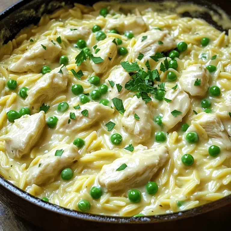 - 1 lb boneless, skinless chicken breasts, diced - 1 tablespoon olive oil - 2 cloves garlic, minced - 1 cup orzo pasta - 4 cups chicken broth - 1 cup heavy cream - 1 cup grated Parmesan cheese - 1 cup frozen peas - Salt and pepper to taste Chicken is the star of this dish. I like to use boneless, skinless breasts. They cook quickly and stay juicy. Dicing the chicken helps it cook evenly and blend well with the orzo. Orzo is a small, rice-shaped pasta. It easily absorbs flavors and cooks fast. I prefer it for this creamy dish because it pairs well with rich sauces. The dairy products add a nice touch. Heavy cream gives the sauce a rich texture. Grated Parmesan cheese adds flavor and creaminess. It melts beautifully and makes the dish feel indulgent. - 1 teaspoon Italian seasoning - Fresh parsley, chopped (for garnish) - Salt and pepper I love using Italian seasoning in this recipe. It brings a warm, herby flavor. Just a teaspoon is enough to enhance the dish without overpowering it. Salt and pepper are key for balance. Season the chicken well while cooking. Adjust the seasoning later to taste. Fresh parsley adds a pop of color and freshness. I always chop it for garnish. It makes the dish look beautiful and brightens the flavor. These ingredients come together to create a creamy, comforting meal. You get rich flavors in every bite! Cooking the Chicken Start by heating olive oil in a large pot over medium heat. Add diced chicken breast, seasoned with salt, pepper, and Italian seasoning. Cook the chicken for about 5-7 minutes. You want it browned and cooked through. Stir it often for even cooking. Adding Garlic Once the chicken is ready, add minced garlic to the pot. Sauté for about one minute, just until the garlic is fragrant. This step adds a great flavor to your dish. Incorporating the Orzo Next, stir in one cup of orzo pasta. Make sure the orzo is coated well with the oil and the chicken's flavors. This helps it cook evenly and absorb all that goodness. Adding Chicken Broth Now, pour in four cups of chicken broth. Bring this mixture to a gentle boil. Once boiling, reduce the heat to low and cover the pot. Let it cook for about 10-12 minutes. Stir occasionally to prevent sticking. The orzo should be al dente and soak up most of the liquid. Mixing in Heavy Cream After the orzo is cooked, it’s time to add one cup of heavy cream. Stir well until the cream is mixed in and the sauce is nice and creamy. Adding Parmesan Cheese Then, add one cup of grated Parmesan cheese. Keep mixing until the cheese melts and blends into the sauce. This will make your dish rich and tasty. Final Ingredients and Seasoning Finally, stir in one cup of frozen peas and let it cook for another 2-3 minutes. Season with more salt and pepper if needed. Remove from heat and let it sit for a minute. This helps the sauce thicken. Before serving, sprinkle with fresh parsley for a pop of color and flavor. Optimal Chicken Cooking Techniques To cook the chicken well, I use diced, boneless, skinless pieces. Heat olive oil in the pot first. Add the chicken and season it with salt, pepper, and Italian seasoning. Brown the chicken for about 5-7 minutes. Make sure the chicken looks golden and is fully cooked. This step adds flavor and keeps the chicken juicy. Timing for Creamy Texture Get the timing right for a creamy sauce. After cooking the orzo, add heavy cream and Parmesan cheese. Stir until the cheese melts. This step takes just a few minutes. You want the sauce to coat the orzo well. Let it sit for a minute after cooking. This helps the sauce thicken just right. Additional Seasoning Options To boost flavor, consider adding more herbs or spices. A pinch of nutmeg can enhance the creaminess. You can also try red pepper flakes for a kick. Taste as you go to find the perfect balance. Experimenting with flavors makes the dish your own. Garnish Suggestions Don’t forget the finishing touch! Chopped fresh parsley adds color and freshness. You can also sprinkle more Parmesan on top. This makes the dish look great and adds extra flavor. Serve it warm for the best experience. {{image_2}} Protein Alternatives You can easily change the protein in this dish. Try using shrimp or turkey instead of chicken. Tofu works well for a plant-based option. Each choice brings unique flavors. Dairy-Free Options For a dairy-free version, swap the heavy cream for coconut milk. Use nutritional yeast in place of Parmesan cheese. This keeps the dish creamy while making it vegan-friendly. Vegetables to Include Add veggies for extra flavor and nutrition. Spinach, bell peppers, or broccoli are great choices. You can mix them in while cooking the orzo. Spices to Experiment With Spice it up with red pepper flakes or smoked paprika. Fresh herbs like basil or thyme can add depth. Experiment to find your favorite flavor blend! To store leftovers, place them in an airtight container. Make sure to cool the dish to room temperature first. This helps to keep it fresh. You can store it in the fridge for up to four days. When storing, try to keep it in smaller portions to make it easy to reheat. If you want to freeze this dish, use a freezer-safe container. Make sure to leave some space for expansion in the container. This meal can last in the freezer for about three months. When you are ready to eat, thaw it in the fridge overnight. To reheat, place the orzo in a pot over low heat. Add a splash of chicken broth or cream for moisture. Stir well, and heat until warmed through. You can also use a microwave if you prefer. Just cover it to keep moisture in and stir halfway through. Can I make this recipe in advance? Yes, you can make One Pot Creamy Chicken Alfredo Orzo ahead of time. Just cook the dish, let it cool, and store it in the fridge. It stays fresh for about three days. When you're ready to eat, simply reheat it on the stove or in the microwave. How do I reheat One Pot Creamy Chicken Alfredo Orzo? To reheat, place the orzo in a pot on low heat. Add a splash of chicken broth or cream to help it regain its creamy texture. Stir often until heated through. You can also use the microwave, but be sure to cover it to keep moisture in. Can I use a different type of pasta? Absolutely! You can swap orzo for other small pasta shapes like ditalini or elbows. Keep in mind that cooking times may change slightly, so check the package for guidance. Why is my sauce not creamy? If your sauce is not creamy, it could be due to not using enough cheese or heavy cream. Make sure you measure these ingredients carefully. Also, stirring well after adding the cream and cheese helps create that smooth texture. How to fix overcooked orzo? If your orzo is overcooked, try adding a little chicken broth or cream to bring back some moisture. You can also mix in some fresh or frozen peas for a bit of texture and flavor. This blog post covered how to make One Pot Creamy Chicken Alfredo Orzo. We explored key ingredients like chicken and orzo pasta, essential seasonings, and steps for that creamy sauce. I shared tips to perfect your cooking process and ways to customize your dish. Remember, experimenting with flavors and ingredients can take your meal to new heights. Follow the storage tips for leftovers, and don’t hesitate to tackle FAQs for smooth preparation. Enjoy your cooking journey, and savor each bite of your delicious dish!