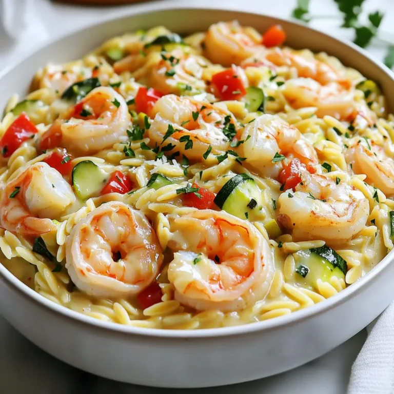 - 1 pound shrimp, peeled and deveined - 1 cup orzo pasta - 1 tablespoon Cajun seasoning - 1 medium onion, diced - 2 cloves garlic, minced - 1 red bell pepper, diced - 1 zucchini, diced - 3 cups chicken broth - 1 cup heavy cream - 2 tablespoons olive oil - Salt and pepper to taste - Fresh parsley, chopped (for garnish) - Grated Parmesan cheese (for serving) This recipe serves four people. The shrimp should be fresh or thawed. The orzo adds a nice texture. Use medium-sized shrimp for the best bite. Diced vegetables add color and nutrition. The heavy cream brings richness, while chicken broth enhances flavor. Feel free to swap shrimp for chicken or sausage. You can use vegetable broth for a vegetarian option. If you want a lighter dish, choose half-and-half instead of heavy cream. Add spinach or mushrooms for more veggies. Start by heating 2 tablespoons of olive oil in a large pot over medium heat. Add 1 medium diced onion and sauté it until it turns soft and clear, about 3-4 minutes. Next, add 2 minced garlic cloves and stir for 1 minute. This will fill your kitchen with a lovely aroma. Then, toss in 1 diced red bell pepper and 1 diced zucchini. Cook those for about 5 more minutes until they soften. Now, sprinkle 1 tablespoon of Cajun seasoning over the veggies and mix it well. This spice blend gives the dish its bold flavor. Finally, add 1 pound of peeled and deveined shrimp. Cook until they turn pink, which takes about 2-3 minutes. Once done, take the mix out of the pot and set it aside. In the same pot, add 1 cup of orzo pasta and 3 cups of chicken broth. Bring this mixture to a boil. Once it boils, lower the heat and let it simmer. Stir occasionally for about 8-10 minutes until the orzo is al dente. This means it should be firm but cooked through. After the orzo is ready, pour in 1 cup of heavy cream and mix it well. Then, return the shrimp and veggie mix to the pot. Stir everything together until well combined. If needed, add salt and pepper to taste. Let it cook for 2 more minutes so it warms through. Serve this delicious dish hot. Garnish with fresh chopped parsley and a sprinkle of grated Parmesan cheese for extra flavor. Enjoy! To get the best Cajun flavor, use fresh spices. Start with a good Cajun seasoning mix. You can make your own by mixing paprika, garlic powder, onion powder, cayenne, and thyme. I suggest using about one tablespoon for this dish. If you want more heat, add a bit more cayenne. Taste as you go to find your perfect balance. Fresh herbs like parsley can brighten the dish, too. When cooking shrimp, keep it simple. Use high heat to cook them quickly. They only need 2-3 minutes until they turn pink. Don’t overcrowd the pan; this can steam them instead of sear them. If you want a nice golden color, cook them in batches. Always use fresh shrimp for the best taste. Frozen shrimp works too, just thaw them first. You can easily adjust the creaminess. If you want a lighter dish, use less heavy cream. You can also mix in some chicken broth instead. For more spice, add a pinch of crushed red pepper flakes or more Cajun seasoning. Just remember to taste each time you add more. This will help you get it just right for your family. {{image_2}} You can switch the shrimp for chicken, sausage, or tofu. Chicken works well when cut into small pieces and cooked just like the shrimp. Sausage adds a hearty flavor. Use smoked sausage for that extra kick. Tofu is great for a plant-based option. Just cube it, sauté until golden, and add it in. Feel free to throw in extra veggies to boost flavor. Spinach wilts nicely into the dish. Add it in just before serving for a bright color. Mushrooms bring an earthy taste. Cook them with the onions for a rich base. You could also add peas or corn for sweetness. If you need a gluten-free option, look for gluten-free orzo. Many brands make it from rice or quinoa. These alternatives cook just like regular orzo. This way, you can enjoy the dish without worry. Always check the package for cooking times, as they may vary. To keep your Creamy Cajun Shrimp Orzo fresh, first let it cool. Place it in an airtight container. Make sure to store it in the fridge. It will stay good for about 3 to 4 days. Label the container with the date. This way, you can remember when you made it. When you’re ready to enjoy the leftovers, use a pot or microwave. If using a pot, add a little water or broth. Heat it over low heat, stirring often. This will help it warm up evenly. In the microwave, cover the dish with a damp paper towel. Heat it in 30-second bursts, stirring in between. This keeps it creamy and prevents drying out. If you want to keep it longer, freezing is a great option. Place the cooled orzo in a freezer-safe container. Leave some space at the top for expansion. It can last up to 2 months in the freezer. When you’re ready to eat, thaw it overnight in the fridge. Reheat as mentioned above for the best flavor and texture. Yes, you can make Creamy Cajun Shrimp Orzo in advance. It tastes great even after a day in the fridge. Cook the dish, let it cool, and store it in an airtight container. When you are ready to eat, reheat it on the stove. Add a splash of broth if it seems too thick. This keeps the meal creamy and delicious. You can serve this dish with many sides. Here are some tasty options: - Garlic bread - A fresh green salad - Roasted vegetables - Corn on the cob These sides balance the rich flavors of the orzo and shrimp. They make the meal more fun and filling. Yes, this recipe works well for meal prep. It keeps well in the fridge for up to three days. You can portion it into containers for easy lunches or dinners. Just remember to reheat it gently to keep the shrimp tender. This dish is perfect for busy weeks! This recipe for Creamy Cajun Shrimp Orzo blends rich flavors with simple steps. You learned the key ingredients, cooking methods, and tips for perfect seasoning. The variations allow for creativity while maintaining that Cajun kick. Storing leftovers ensures you can enjoy this dish later. Remember, you can make it your own with different proteins or add-ins. Cooking should be fun and rewarding, so experiment and enjoy every bite. Your kitchen can be a space for delicious meals and memories.