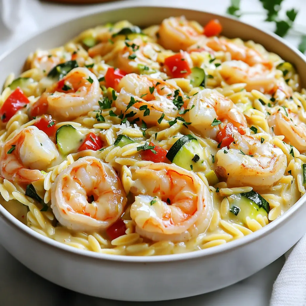 - 1 pound shrimp, peeled and deveined - 1 cup orzo pasta - 1 tablespoon Cajun seasoning - 1 medium onion, diced - 2 cloves garlic, minced - 1 red bell pepper, diced - 1 zucchini, diced - 3 cups chicken broth - 1 cup heavy cream - 2 tablespoons olive oil - Salt and pepper to taste - Fresh parsley, chopped (for garnish) - Grated Parmesan cheese (for serving) This recipe serves four people. The shrimp should be fresh or thawed. The orzo adds a nice texture. Use medium-sized shrimp for the best bite. Diced vegetables add color and nutrition. The heavy cream brings richness, while chicken broth enhances flavor. Feel free to swap shrimp for chicken or sausage. You can use vegetable broth for a vegetarian option. If you want a lighter dish, choose half-and-half instead of heavy cream. Add spinach or mushrooms for more veggies. Start by heating 2 tablespoons of olive oil in a large pot over medium heat. Add 1 medium diced onion and sauté it until it turns soft and clear, about 3-4 minutes. Next, add 2 minced garlic cloves and stir for 1 minute. This will fill your kitchen with a lovely aroma. Then, toss in 1 diced red bell pepper and 1 diced zucchini. Cook those for about 5 more minutes until they soften. Now, sprinkle 1 tablespoon of Cajun seasoning over the veggies and mix it well. This spice blend gives the dish its bold flavor. Finally, add 1 pound of peeled and deveined shrimp. Cook until they turn pink, which takes about 2-3 minutes. Once done, take the mix out of the pot and set it aside. In the same pot, add 1 cup of orzo pasta and 3 cups of chicken broth. Bring this mixture to a boil. Once it boils, lower the heat and let it simmer. Stir occasionally for about 8-10 minutes until the orzo is al dente. This means it should be firm but cooked through. After the orzo is ready, pour in 1 cup of heavy cream and mix it well. Then, return the shrimp and veggie mix to the pot. Stir everything together until well combined. If needed, add salt and pepper to taste. Let it cook for 2 more minutes so it warms through. Serve this delicious dish hot. Garnish with fresh chopped parsley and a sprinkle of grated Parmesan cheese for extra flavor. Enjoy! To get the best Cajun flavor, use fresh spices. Start with a good Cajun seasoning mix. You can make your own by mixing paprika, garlic powder, onion powder, cayenne, and thyme. I suggest using about one tablespoon for this dish. If you want more heat, add a bit more cayenne. Taste as you go to find your perfect balance. Fresh herbs like parsley can brighten the dish, too. When cooking shrimp, keep it simple. Use high heat to cook them quickly. They only need 2-3 minutes until they turn pink. Don’t overcrowd the pan; this can steam them instead of sear them. If you want a nice golden color, cook them in batches. Always use fresh shrimp for the best taste. Frozen shrimp works too, just thaw them first. You can easily adjust the creaminess. If you want a lighter dish, use less heavy cream. You can also mix in some chicken broth instead. For more spice, add a pinch of crushed red pepper flakes or more Cajun seasoning. Just remember to taste each time you add more. This will help you get it just right for your family. {{image_2}} You can switch the shrimp for chicken, sausage, or tofu. Chicken works well when cut into small pieces and cooked just like the shrimp. Sausage adds a hearty flavor. Use smoked sausage for that extra kick. Tofu is great for a plant-based option. Just cube it, sauté until golden, and add it in. Feel free to throw in extra veggies to boost flavor. Spinach wilts nicely into the dish. Add it in just before serving for a bright color. Mushrooms bring an earthy taste. Cook them with the onions for a rich base. You could also add peas or corn for sweetness. If you need a gluten-free option, look for gluten-free orzo. Many brands make it from rice or quinoa. These alternatives cook just like regular orzo. This way, you can enjoy the dish without worry. Always check the package for cooking times, as they may vary. To keep your Creamy Cajun Shrimp Orzo fresh, first let it cool. Place it in an airtight container. Make sure to store it in the fridge. It will stay good for about 3 to 4 days. Label the container with the date. This way, you can remember when you made it. When you’re ready to enjoy the leftovers, use a pot or microwave. If using a pot, add a little water or broth. Heat it over low heat, stirring often. This will help it warm up evenly. In the microwave, cover the dish with a damp paper towel. Heat it in 30-second bursts, stirring in between. This keeps it creamy and prevents drying out. If you want to keep it longer, freezing is a great option. Place the cooled orzo in a freezer-safe container. Leave some space at the top for expansion. It can last up to 2 months in the freezer. When you’re ready to eat, thaw it overnight in the fridge. Reheat as mentioned above for the best flavor and texture. Yes, you can make Creamy Cajun Shrimp Orzo in advance. It tastes great even after a day in the fridge. Cook the dish, let it cool, and store it in an airtight container. When you are ready to eat, reheat it on the stove. Add a splash of broth if it seems too thick. This keeps the meal creamy and delicious. You can serve this dish with many sides. Here are some tasty options: - Garlic bread - A fresh green salad - Roasted vegetables - Corn on the cob These sides balance the rich flavors of the orzo and shrimp. They make the meal more fun and filling. Yes, this recipe works well for meal prep. It keeps well in the fridge for up to three days. You can portion it into containers for easy lunches or dinners. Just remember to reheat it gently to keep the shrimp tender. This dish is perfect for busy weeks! This recipe for Creamy Cajun Shrimp Orzo blends rich flavors with simple steps. You learned the key ingredients, cooking methods, and tips for perfect seasoning. The variations allow for creativity while maintaining that Cajun kick. Storing leftovers ensures you can enjoy this dish later. Remember, you can make it your own with different proteins or add-ins. Cooking should be fun and rewarding, so experiment and enjoy every bite. Your kitchen can be a space for delicious meals and memories.