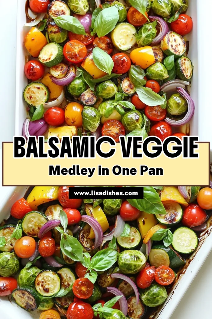 Elevate your dinner with this Sheet-Pan Balsamic Roasted Veggie Medley that's bursting with flavor! This easy and healthy recipe features zucchini, bell peppers, Brussels sprouts, and more, all beautifully roasted to perfection. In just 40 minutes, you’ll have a delicious and colorful dish that’s perfect for any meal. Ready to impress your taste buds? Click through for the full recipe now! #HealthyDinner #RoastedVeggies #EasyRecipes #BalsamicVeggies