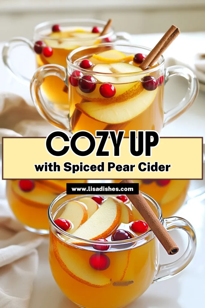 Cozy up this season with a Warm Spiced Pear Mulled Cider that’s bursting with flavor! This delightful recipe combines apple cider, ripe pears, and aromatic spices for the ultimate comfort drink. Perfect for gatherings or a quiet evening at home, it's easy to make and deliciously fragrant. Get ready to impress your guests and indulge in this seasonal treat. Click through for the full recipe and make your home smell amazing! #MulledCider #SpicedCider #FallRecipes #CozyDrinks