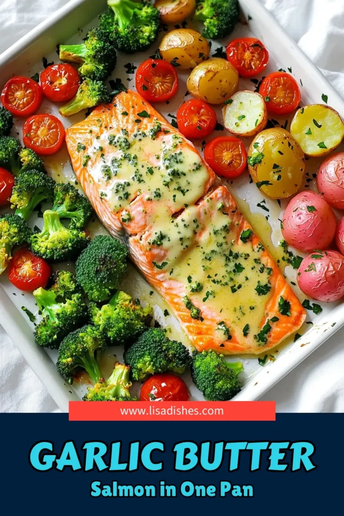 Make dinner a breeze with this Garlic Butter Salmon and Veggies Sheet Pan recipe! In just 35 minutes, you can whip up a delicious meal featuring tender salmon fillets, roasted baby potatoes, broccoli, and cherry tomatoes, all drizzled with a mouthwatering garlic butter sauce. Perfect for busy weeknights or easy entertaining. Click through for the full recipe and enjoy a flavorful, healthy feast! #GarlicButterSalmon #SheetPanMeals #HealthyCooking #QuickRecipes