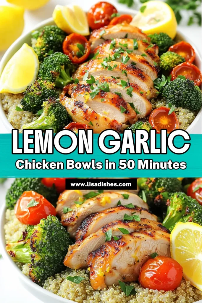 Elevate your dinner game with these Zesty Lemon Garlic Chicken Bowls! Featuring succulent chicken thighs marinated in a vibrant blend of lemon, garlic, and spices, paired with roasted broccoli and cherry tomatoes, all served over a bed of fluffy quinoa. Discover how to create this flavorful and healthy dish that your family will love. Click through for the full recipe and enjoy a burst of zest in your meals! #LemonGarlicChicken #HealthyRecipes #DinnerIdeas #MealPrep