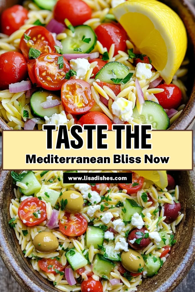 Elevate your meal with this Mediterranean Orzo Delight, a deliciously refreshing salad packed with flavors and vibrant ingredients! This easy recipe combines orzo pasta, cherry tomatoes, cucumbers, feta cheese, and a zesty dressing, making it perfect for any occasion. Dive into the full recipe now and impress your family and friends. Click through to create this delightful dish! #MediterraneanOrzoDelight #HealthyRecipes #OrzoPasta #EasySalads