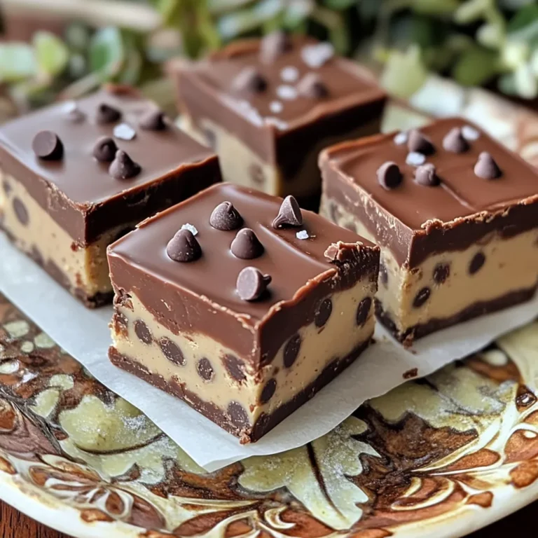 To make Chocolate Chip Cookie Dough Fudge, you need a few simple ingredients. Each one plays a key role in creating that delicious treat you crave. Here is what you will need: - 1 cup unsalted butter, softened - 1 cup brown sugar, packed - 1/2 cup granulated sugar - 2 cups all-purpose flour - 1 can sweetened condensed milk (14 oz) - 1 1/2 cups chocolate chips (milk or semi-sweet) - 1 cup mini chocolate chips (for topping) - 1 teaspoon vanilla extract - Pinch of salt Each ingredient adds flavor and texture. The unsalted butter gives a rich creamy base. Brown sugar adds moisture and a deep sweetness. Granulated sugar helps create that perfect fudge texture. All-purpose flour binds everything together. Sweetened condensed milk makes the fudge creamy and smooth. Chocolate chips add chocolatey goodness, while mini chocolate chips give a fun topping. Lastly, vanilla extract enhances all the flavors, and a pinch of salt balances the sweetness. Using quality ingredients will make your fudge even better. So, don’t skip any! 1. Start by creaming the butter and sugars in a large bowl. Use a mixer or a spatula. Beat until the mix is light and fluffy. This step helps make the dough soft and tasty. 2. Next, add the vanilla extract. Stir it in well so that the flavor spreads evenly. This will give your dough a nice aroma. 3. Gradually mix in the all-purpose flour and a pinch of salt. Stir until a dough-like consistency forms. You want it to be soft but not sticky. 4. Fold in the chocolate chips. Make sure they are evenly distributed throughout the dough. This adds bursts of chocolate in every bite. 1. In a separate saucepan, melt the chocolate chips and sweetened condensed milk over low heat. Stir until smooth. This mixture will be rich and creamy. 2. Once melted, remove the pan from heat. Let it cool slightly before folding it into the cookie dough. This way, you keep the dough from melting. 1. Prepare an 8x8-inch baking dish by lining it with parchment paper. Leave some paper hanging over the edges. This helps you lift the fudge out later. 2. Spread the fudge mixture evenly into the dish. Use a spatula to smooth the top. Make sure it is flat for an even finish. 3. Sprinkle mini chocolate chips on top. Gently press them into the fudge. This gives a nice look and extra chocolate flavor. 4. Place the dish in the refrigerator. Chill for at least 2 hours, or until firm. This step is key for that perfect fudge texture. 5. Once set, lift the fudge out of the dish using the parchment paper. Cut it into squares for serving. Enjoy your delicious treat! To store chocolate chip cookie dough fudge, place it in an airtight container. This helps keep it fresh. You can also cover it tightly with plastic wrap. Store it in the fridge for the best taste. The fudge stays good for about one week. If you want to keep it longer, freeze it. Wrapped well, it can last for up to three months. Common mistakes can ruin your fudge. One mistake is overmixing the dough. Mix just enough to combine ingredients. Another issue is not letting the fudge cool before mixing. Cooling helps blend flavors better. For a smooth fudge, melt the chocolate chips slowly. Stir gently to avoid lumps. If it seems too thick, add a little sweetened condensed milk to loosen it. Get creative with how you serve your fudge. Cut it into fun shapes using cookie cutters. You can also layer it in dessert cups with whipped cream. Pair it with vanilla ice cream for a tasty treat. Another option is to serve it with fresh fruit. Strawberries and bananas complement the rich fudge well. Enjoy this indulgent treat with friends and family! {{image_2}} You can easily change the taste of your chocolate chip cookie dough fudge. For a nutty crunch, add walnuts or pecans. These nuts give a great texture and flavor. Just chop them up and fold them into the dough. Next, think about your chocolate choice. You can use dark chocolate for a rich taste. White chocolate adds a sweet touch. Mixing different kinds of chocolate can create a unique flavor. If you need gluten-free options, swap the all-purpose flour with gluten-free flour. This keeps the texture nice and chewy. For a vegan version, use plant-based butter and dairy-free chocolate chips. You can also replace the sweetened condensed milk with coconut milk. This keeps the fudge creamy and delicious. Finally, if you want to cut down on sugar, try using natural sweeteners like maple syrup or agave. Adjust the amounts to keep the right consistency in your fudge. Experimenting with these variations makes your fudge fun and personal! How long does it last? If stored properly, your chocolate chip cookie dough fudge can last for up to two weeks. Make sure to keep it in an airtight container. This keeps it fresh and safe from strong smells in the fridge. Optimal storage conditions For the best taste, store your fudge in the fridge. A cool environment helps it stay firm. If you plan to enjoy it later, avoid leaving it out at room temperature for too long. Instructions for freezing Freezing is a great option if you want to save some fudge for later. First, cut the fudge into squares. Wrap each piece tightly in plastic wrap. Then, place them in a freezer-safe bag or container. Label the bag with the date. How to thaw before serving To thaw, simply take the fudge out and let it sit in the fridge overnight. If you're in a hurry, you can leave it at room temp for about an hour. This keeps the fudge from getting too soft. Enjoy your treat! You can tell if your fudge is set by its firmness. When you press it lightly, it should bounce back without leaving a mark. The edges should look dry and the top should appear smooth and slightly shiny. Another sign is that it holds its shape when cut into squares. Allow it to chill for at least two hours in the fridge for the best results. Absolutely! You can mix and match chocolates to create your perfect fudge. Dark chocolate adds a rich, bold flavor, while white chocolate provides a sweet and creamy touch. You can even use flavored chocolate, like mint or caramel. This variety lets you customize your fudge to suit your taste buds. Experimenting with different chocolates can lead to exciting new flavors. Fudge is a smooth, creamy treat made primarily from chocolate and sweetened condensed milk. It has a rich and dense texture. Cookie dough, on the other hand, is made from flour, sugar, and butter, often with chocolate chips mixed in. Cookie dough is thicker and has a more crumbly consistency. While both are delicious, they offer different textures and flavors that make each treat unique. This blog post covered how to make chocolate chip cookie dough fudge. We explored key ingredients like butter, sugars, and chocolate. I shared simple steps for preparing the cookie dough and making the fudge layer. Remember the tips for storing and serving this treat. You can try different flavors, like nuts or alternative chocolates. Now, you can enjoy making this treat that combines two favorites. Happy baking!