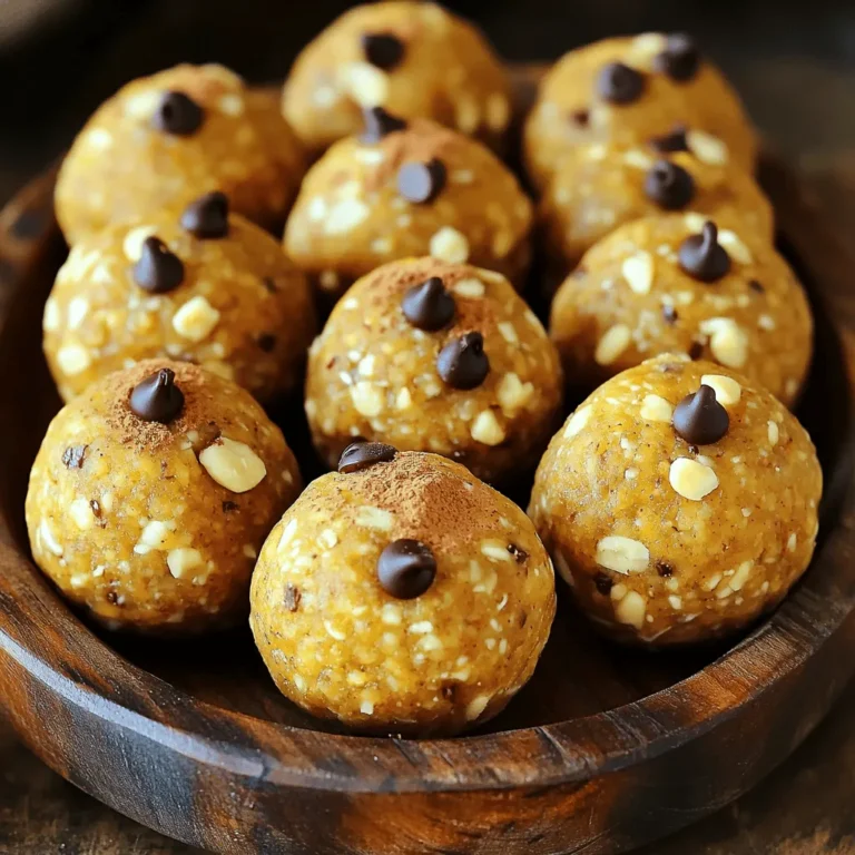 To make No Bake Pumpkin Spice Energy Balls, you need some key items: - 1 cup rolled oats - 1/2 cup nut butter (almond or peanut) - 1/2 cup pumpkin puree These three ingredients create a great base. The rolled oats provide fiber and texture. Nut butter adds healthy fats and protein. Pumpkin puree gives moisture and flavor. You can add some fun extras to enhance the energy balls: - 1/4 cup honey or maple syrup - 1/2 cup mini chocolate chips - 1/4 cup chopped nuts or seeds Honey or maple syrup adds sweetness. Chocolate chips bring a delightful treat. Nuts or seeds give a nice crunch. Spices and flavorings make these energy balls special: - 1 teaspoon pumpkin pie spice - 1/4 teaspoon sea salt - 1 teaspoon vanilla extract Pumpkin pie spice gives a warm, cozy flavor. Sea salt balances the sweetness. Vanilla extract enhances all the tastes. These ingredients work together to create a delicious and healthy snack. You can mix and match based on your taste. Enjoy the process of making these energy balls! Start by mixing the base ingredients. In a large bowl, add: - 1 cup rolled oats - 1/2 cup nut butter (almond or peanut) - 1/2 cup pumpkin puree - 1/4 cup honey or maple syrup - 1 teaspoon vanilla extract Stir all these ingredients together until they blend well. This mix forms a tasty base. Next, add the spices and flavorings. Incorporate: - 1 teaspoon pumpkin pie spice - 1/4 teaspoon sea salt Mix everything again until fully combined. If you want some extra crunch, fold in: - 1/2 cup mini chocolate chips (optional) - 1/4 cup chopped nuts or seeds (optional) Now, let’s chill the mixture. Place it in the fridge for about 20 to 30 minutes. Chilling helps the energy balls hold their shape. If the mix feels too sticky, a longer chill time can help. For the best texture, ensure the mixture is firm but not rock hard. You want it easy to shape into balls. After chilling, take the mixture out of the fridge. Use your hands to roll it into small balls, about 1 inch wide. This step is fun and lets you create bite-sized treats. Once shaped, place the energy balls on a parchment-lined baking sheet. This helps them cool and set well. After you finish rolling, put them back in the fridge for an hour. This last chill will help them firm up more. To get the right creaminess in your energy balls, adjust the nut butter. If you want a softer texture, add a bit more nut butter. Almond butter gives a smooth taste, while peanut butter adds a rich flavor. For sweetness, you can choose honey or maple syrup. Maple syrup offers a unique flavor twist. You can also try agave syrup for a different taste. When serving, get creative! A small bowl or a rustic wooden platter works well. To add flair, sprinkle some extra pumpkin pie spice on top. You can also arrange the balls in a pyramid shape for a fun look. Add a few whole nuts around them for color contrast. One common mistake is overmixing the ingredients. This can make the balls tough. Mix just until combined for a better texture. Another mistake is skipping the refrigeration step. Chilling the mixture for 20-30 minutes helps it firm up. This makes rolling the balls easier and improves the final product. {{image_2}} You can switch up the taste by using different nut butters. Almond butter gives a nice twist, while peanut butter adds a rich flavor. For a nut-free option, try sunflower seed butter. You can also add dried fruits or seeds for extra texture. Chopped dates or cranberries bring sweetness. Flaxseeds or chia seeds boost nutrition too. If you want a vegan treat, use maple syrup instead of honey. This keeps the recipe plant-based and just as tasty. For gluten-free energy balls, make sure to use certified gluten-free oats. This way, everyone can enjoy these yummy snacks without worry. Feel free to get creative with different spices. Adding nutmeg or cinnamon can change the flavor profile. For holiday fun, you can mix in mini chocolate chips or colored sprinkles. These small changes make your energy balls festive and exciting! Store your No Bake Pumpkin Spice Energy Balls in airtight containers. This keeps them fresh and tasty. You can choose to refrigerate or freeze them based on your needs. Refrigeration works well for short-term storage. Freezing is best for long-term storage. In the refrigerator, these energy balls last up to one week. If you freeze them, they can stay good for about three months. Just make sure to label your containers with the date to keep track. Watch for signs of spoilage. If the balls smell off or change color, it’s time to toss them. You can refresh them by letting them sit at room temperature for a few minutes before eating. No bake pumpkin spice energy balls stay fresh for about a week in the fridge. To store them, use an airtight container. This keeps them moist and tasty. If you want to keep them longer, freeze them. They can last up to three months in the freezer. Just remember to let them thaw before enjoying. Yes, you can use applesauce or mashed bananas instead of pumpkin puree. These options will change the flavor a bit. Applesauce gives a sweet and fruity taste. Mashed bananas add creaminess and sweetness too. Both are good choices if you want to mix things up. Yes, these energy balls are indeed healthy! They are packed with rolled oats, which provide fiber. Fiber helps with digestion and keeps you full longer. Nut butter adds protein, which is great for energy. Pumpkin puree has vitamins and minerals that are good for your health. Honey or maple syrup adds natural sweetness without refined sugar. Overall, these treats are a smart snack choice! In this post, we explored how to make no-bake pumpkin spice energy balls. We covered the key ingredients, including oats, nut butter, and pumpkin puree. You learned the steps to mix and chill the ingredients for the best texture. We also shared tips for variation and storage to keep them fresh. These energy balls are tasty and easy to customize. You can create your own flavors using different nuts or spices. Enjoy making them fresh or even for a special occasion!