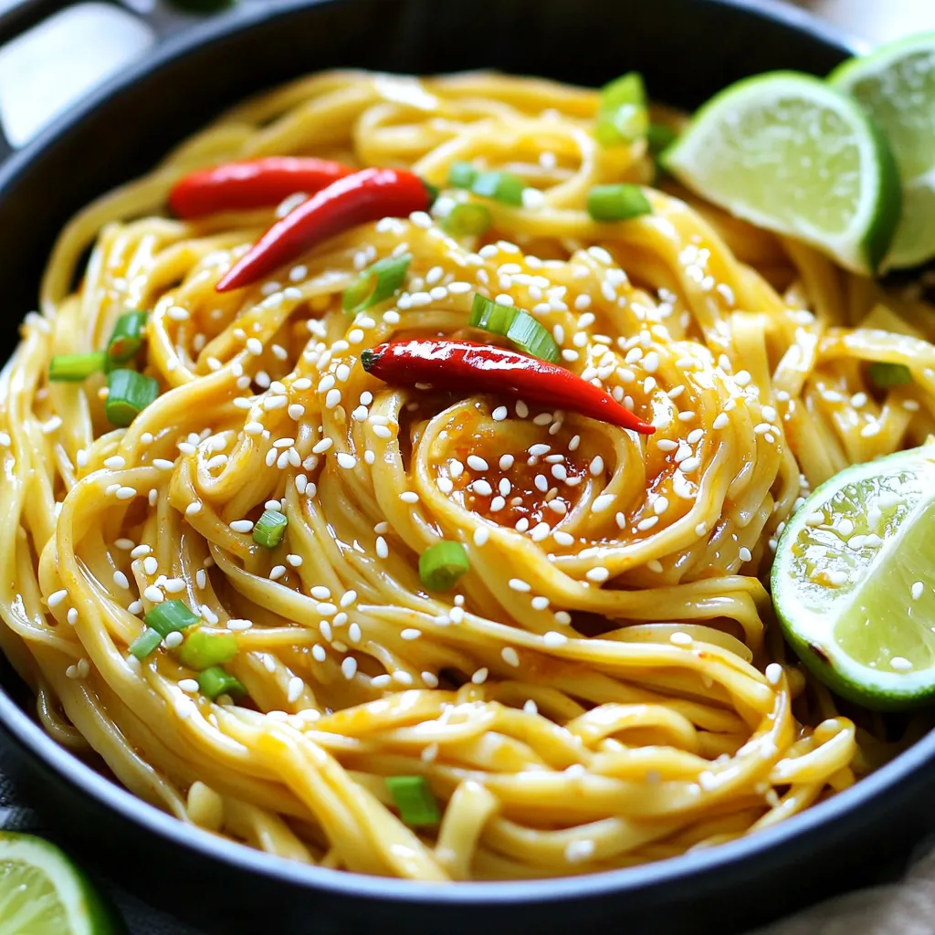 To make Minute Spicy Garlic Noodles, you will need: - 8 oz. egg noodles or any noodles of choice - 4 tablespoons soy sauce - 2 tablespoons sesame oil - 6 cloves garlic, minced - 1 red chili pepper, finely sliced (adjust to heat preference) - 1 tablespoon fresh ginger, grated - 2 green onions, chopped - 1 tablespoon chili paste (sriracha or gochujang for extra kick) - 1 tablespoon lime juice - Salt and pepper to taste - Sesame seeds for garnish You can swap some ingredients to fit your taste. For the noodles, use rice noodles or whole wheat noodles. Instead of soy sauce, try tamari for a gluten-free option. You can also replace sesame oil with olive oil if needed. If you don’t have a red chili pepper, use red pepper flakes or hot sauce for heat. For lime juice, lemon juice works well too. Choosing the right noodles is key. Look for noodles that cook quickly, like egg noodles or rice noodles. Check the package for cooking times. Fresh noodles often taste better than dried ones. If you like a chewy texture, go for thicker noodles. Always read the ingredients to avoid added preservatives. This dish is quick and packed with flavor. Start by gathering all your ingredients. You will need egg noodles, soy sauce, sesame oil, garlic, chili pepper, ginger, green onions, chili paste, lime juice, and sesame seeds. Make sure to have everything ready before you start cooking. This will help the process go smoothly. 1. Boil a large pot of salted water. Cook your noodles according to the package instructions. This usually takes about 8-10 minutes. 2. Drain the noodles and set them aside. Don’t forget to save a cup of noodle water. This water will help create your sauce. 3. Heat sesame oil in a large skillet or wok over medium heat. 4. Add minced garlic, grated ginger, and sliced chili pepper. Sauté for 1-2 minutes. Make sure the garlic doesn’t burn, or it will taste bitter. 5. Pour in the soy sauce and chili paste. Mix everything well. Adjust the spice by adding more chili paste if you want it hotter. 6. Toss the drained noodles into the skillet. Mix well, adding reserved noodle water a little at a time. This gives you a silky sauce that coats the noodles nicely. 7. Squeeze lime juice over the noodles. Season with salt and pepper to taste. Add chopped green onions and toss for another minute. 8. Remove from heat and serve right away. Garnish with sesame seeds and extra green onions if you like. To make a great sauce, balance the flavors. Start with the soy sauce and chili paste. Add the reserved noodle water slowly to control the thickness. If you want more heat, add a bit more chili paste. For a touch of brightness, the lime juice is key. It adds a fresh taste that cuts through the richness of the sauce. Always taste as you go to get the flavors just right. To make your Minute Spicy Garlic Noodles sing, focus on the balance of flavors. Start with fresh garlic and ginger. Their bright notes boost the dish. Red chili peppers add heat, so choose your amount wisely. If you want more spice, add extra chili paste. Lime juice gives a nice tang that brightens the flavors. Always taste as you go. This helps you find the perfect mix. The key to great noodles is timing. Boil your noodles until they’re just tender. Follow the package instructions closely. Drain them, but save some noodle water. This water is gold! It helps create a silky sauce when you mix it back in. When adding the noodles to the skillet, toss them gently. This ensures each noodle gets coated in the sauce. A large pot for boiling noodles is a must. Use a colander to drain them easily. For cooking, a skillet or wok works best. These tools let the garlic and ginger sauté well. A good spatula helps you toss everything without breaking the noodles. Finally, have measuring spoons for accuracy. This ensures you get just the right amount of soy sauce and sesame oil. {{image_2}} You can easily make these noodles vegetarian or vegan. Swap the egg noodles for rice noodles or whole grain options. Use soy sauce and sesame oil, which are plant-based. For a boost of flavor, add tofu or tempeh. Both provide protein and soak up the tasty sauce well. The heat level is up to you! If you love spice, add more chili paste. You can also use two red chili peppers for a fiery kick. If you prefer mild flavors, skip the chili paste. You can still enjoy the garlic and ginger taste without the heat. Feel free to customize your noodles by adding protein or veggies. Chicken, shrimp, or beef will enhance the dish. Cut them into small pieces for quick cooking. You can also mix in colorful vegetables like bell peppers, broccoli, or carrots. This adds crunch and nutrients to your meal while keeping it delicious. After you enjoy your Minute Spicy Garlic Noodles, let them cool down. Place the noodles in an airtight container. They stay fresh in the fridge for about 3 to 4 days. If you want to keep them longer, consider freezing. To reheat your noodles, use a skillet or microwave. If using a skillet, add a splash of water or broth. Heat on low until warm. If using a microwave, cover the bowl with a damp paper towel. Heat in short bursts, stirring in between. For freezing, store the noodles in a freezer-safe container. Add a bit of oil to prevent sticking. They can last for up to 2 months in the freezer. When ready to eat, thaw them in the fridge overnight and reheat as mentioned above. Minute Spicy Garlic Noodles last about 3 to 4 days in the fridge. Store them in an airtight container. This keeps them fresh and tasty. Always check for any signs of spoilage before eating. Yes, you can make these noodles in advance. Cook the noodles and sauce separately. Combine them right before serving. This way, the noodles stay firm and do not get soggy. You can serve these noodles with many dishes. Try a simple salad or steamed veggies. Grilled chicken or shrimp also pairs well. For a light meal, enjoy them with some fresh fruit. Yes, you can use gluten-free noodles. Look for rice noodles or gluten-free pasta. Ensure all sauces are gluten-free too. This way, everyone can enjoy this tasty dish. In this blog post, we detailed the key ingredients for Minute Spicy Garlic Noodles, shared cooking steps, and provided tips for enhancing flavor. I discussed variations for every taste and how to store your delicious creations. Remember, the right ingredients and careful cooking make all the difference. Take your time, enjoy the process, and don’t hesitate to get creative! With these tips and tricks, you can impress anyone with your noodle skills. Happy cooking!