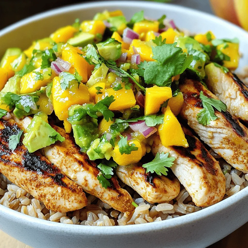 - 2 boneless, skinless chicken breasts - 1 teaspoon olive oil - 1 teaspoon cumin - 1 teaspoon paprika - Salt and pepper to taste - 1 ripe mango, diced - 2 ripe avocados, diced - 1 small red onion, finely chopped - 1 jalapeño, deseeded and minced - 2 tablespoons lime juice - Fresh cilantro, chopped (for garnish) - Cooked brown rice or quinoa (for serving) The main ingredients of this dish create a perfect balance of flavors. The chicken provides protein, while the mango and avocados offer creaminess and sweetness. Olive oil, cumin, and paprika add depth to the chicken. Fresh lime juice brightens the salsa, while cilantro gives a fresh kick. - Alternatives for chicken: You can use shrimp or tofu if you want to switch proteins. Both options work well with the salsa. - Options for grains: Try quinoa or cauliflower rice as a base. Quinoa adds more protein, while cauliflower rice keeps it low-carb. - Variations in vegetables and spices: Feel free to add bell peppers or corn to the salsa. You can also use chili powder instead of paprika for a different flavor. Substituting ingredients allows you to customize this meal. It stays fresh and tasty, no matter what you choose! 1. Preheat the grill or skillet. Set your grill or skillet to medium heat. This gives the chicken a nice sear. 2. Season the chicken. In a small bowl, mix one teaspoon of olive oil, cumin, paprika, salt, and pepper. Rub this blend all over the chicken breasts. 3. Cook the chicken. Grill or cook the chicken for 6-7 minutes on each side. It should be cooked through, with clear juices. Once done, remove it from heat and let it rest for a few minutes. 1. Combine salsa ingredients. In a medium bowl, mix the diced mango, avocados, chopped red onion, minced jalapeño, and lime juice. 2. Tips for cutting avocados and mangoes. To cut avocados, slice them in half and remove the pit. Use a spoon to scoop out the flesh. For mangoes, peel them, then slice around the pit. 3. Seasoning tips for perfect flavor. After mixing, taste the salsa. Add salt if needed. This will enhance the flavors and balance the sweetness of the mango. 1. Serving suggestions. Start with a base of cooked brown rice or quinoa. This will soak up all the tasty juices. 2. Presentation tips. Arrange sliced chicken on top of the grains. Add a generous scoop of mango avocado salsa. 3. Garnishing for aesthetic appeal. Sprinkle fresh cilantro on top for a bright touch. This adds flavor and makes the dish look beautiful. For the best flavor, I recommend grilling your chicken. Preheat your grill or skillet to medium heat. This helps cook the chicken evenly and gives it a nice char. Rub olive oil, cumin, and paprika on the chicken. This blend adds a tasty kick. Cook the chicken for about 6-7 minutes on each side. Make sure the juices run clear when done. This shows the chicken is cooked through. Let the chicken rest after cooking. This keeps it juicy and tender. To deepen the taste of your dish, add spices and herbs. A pinch of garlic powder or onion powder can elevate the flavor. Fresh cilantro adds a bright touch, too. Adjust the lime juice based on your taste. A little more lime juice can enhance the salsa's freshness. Taste as you go for the best flavor balance. Preparing ingredients ahead of time makes cooking easier. Dice the mango, avocados, and onion the night before. Store them in the fridge to keep them fresh. Make the salsa a few hours in advance. This allows the flavors to blend well. For leftovers, store in airtight containers. This keeps your meal fresh for up to three days in the fridge. {{image_2}} You can switch chicken for shrimp or tofu. Shrimp cooks quickly and adds a nice taste. Just grill or sauté shrimp for 3-4 minutes on each side. Tofu is a great choice for a meatless meal. Press it to remove water, then cut it into cubes. Grill or pan-fry until golden brown. Both options keep the dish tasty and satisfying. Try adding other fruits like pineapple or bell peppers. Pineapple gives a sweet and tangy flavor. Bell peppers add crunch and color. You can also use seasonal veggies like zucchini or corn. They bring freshness and variety. Mix and match to find your favorite combo. If you want a change from brown rice, try quinoa. Quinoa cooks fast and adds protein. It has a nutty flavor that pairs well with the salsa. For a low-carb option, use cauliflower rice. Just pulse cauliflower in a food processor, then sauté it briefly. Both options keep your meal light and healthy. To keep your mango avocado salsa chicken bowls fresh, store leftovers in an airtight container. This helps maintain flavor and prevents spills. Place the chicken and salsa in separate containers. This way, the salsa won't make the chicken soggy. Leftover chicken can last in the fridge for up to four days. Salsa should be eaten within two days for the best taste. When reheating chicken, use the microwave or oven. For the microwave, heat the chicken for about 1-2 minutes. Check the temperature to ensure it is hot throughout. If using the oven, preheat it to 350°F (175°C) and heat for about 10 minutes. Salsa should not be reheated; serve it cold for a fresh taste. This keeps the flavors bright and enjoyable. You can freeze the chicken if you have leftovers. Make sure it cools completely before wrapping it tightly in plastic wrap and foil. This prevents freezer burn. The chicken can last in the freezer for up to three months. Salsa does not freeze well due to the avocado. If you want to freeze the salsa, consider leaving out the avocados. When ready to use, thaw the chicken in the fridge overnight. To make this dish healthier, consider these tips: - Use skinless chicken breasts for lean protein. - Swap olive oil for a cooking spray to cut calories. - Choose low-sodium spices like garlic powder or onion powder. - Add more veggies like bell peppers or corn to boost nutrients. These changes keep the flavor while making it lighter. Yes, you can prepare the salsa ahead. - Aim to make it about 1-2 hours before serving for best taste. - Store it in an airtight container in the fridge. - To keep it fresh, add the lime juice just before serving. This helps prevent browning of the avocados. You can serve many delightful sides with this meal: - A mixed green salad adds crunch and freshness. - Black beans or corn provide great fiber and protein. - For drinks, pair with iced tea or a light beer. These choices balance the meal and enhance the flavors. In this article, we explored making a delicious chicken bowl with mango avocado salsa. We covered the main ingredients and suggested substitutes, ensuring variety for all tastes. I shared helpful cooking tips and tricks to keep your chicken juicy and full of flavor. We also discussed variations like different proteins and grains. Finally, I provided storage information for leftovers and answers to common questions. This dish is versatile, tasty, and easy to prepare. You'll enjoy each bite while customizing it to fit your needs!