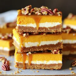 - 1 ½ cups graham cracker crumbs - ⅓ cup granulated sugar - ½ cup unsalted butter, melted - 16 oz cream cheese, softened - ½ cup granulated sugar - ½ cup pumpkin puree - 2 large eggs - 1 teaspoon vanilla extract - 1 teaspoon pumpkin pie spice - ½ cup caramel sauce (store-bought or homemade) - ¼ cup chopped pecans (optional) I love how the ingredients come together to create this fall treat. The crust starts with graham cracker crumbs, which give a sweet and crunchy base. Mixing in sugar and melted butter holds everything together. This crust is easy and so satisfying! Next comes the cheesecake layer. Cream cheese is the star here, providing that rich and creamy texture. I add pumpkin puree, which gives a lovely color and flavor. The eggs help bind it all, while vanilla and pumpkin pie spice add warmth and sweetness. Each ingredient plays a role in making these bars rich and delightful. Finally, the caramel topping ties it all together. Drizzling caramel sauce on top adds a sweet finish. If you like nuts, sprinkle on some chopped pecans for a crunchy bite. These ingredients create a perfect blend of flavors and textures. Each bite offers a taste of fall that you can’t resist! - Preheat the oven to 350°F (175°C). - In a bowl, mix graham cracker crumbs, sugar, and melted butter until crumbly. To get a great crust, give it a good mix. You want it to feel like wet sand. This helps it hold together when baked. - Press the mixture into the baking dish and bake for 8-10 minutes. When baking, keep an eye on it. You want it to be lightly golden. This step gives your crust a nice crunch. - Beat cream cheese until smooth, then add sugar, pumpkin puree, eggs, vanilla extract, and pumpkin pie spice. Start with softened cream cheese for the best texture. Mix until it’s creamy and smooth. Take your time here; it makes a big difference. - Pour the mixture over the crust and bake for 25-30 minutes. Spread the mix evenly with a spatula. This helps it bake evenly. You’ll know it’s done when the center is set but still slightly jiggly. - Cool, chill, and top with caramel sauce and pecans. Let the bars cool at room temperature first. Then chill them for at least two hours. Drizzle warm caramel sauce on top before serving. Sprinkle with pecans for a nice crunch. Enjoy your fall treat! To make the crust just right, use fresh graham cracker crumbs. They give a better crunch and flavor. Melt the butter completely before mixing. This helps the crumbs stick together evenly. You can adjust the pumpkin pie spice to fit your taste. If you like a bolder flavor, add a bit more. A pinch of salt can also help balance the sweetness. It brings out the rich flavors in the cheesecake. For a smooth caramel drizzle, heat the caramel sauce slightly. This makes it easier to pour over the cheesecake. Don’t be afraid to try flavored sauces, like chocolate or vanilla. These can add a fun twist to your bars. {{image_2}} You can switch things up with fun flavors. Try making chocolate pumpkin cheesecake bars. Just add melted chocolate to the cheesecake mix. It gives a rich taste that many love. You can also use a spiced apple topping instead of caramel. Cook apples with cinnamon and sugar for a warm, cozy flavor. It adds a nice touch to the pumpkin base. If you need a gluten-free version, use gluten-free graham crackers. They work just as well in the crust. For those who want vegan options, substitute butter and cream cheese with plant-based versions. Vegan cream cheese and coconut oil can create a creamy texture. These changes make the dessert friendly for many diets. Serve these bars with a dollop of whipped cream or a scoop of vanilla ice cream. The creaminess complements the pumpkin flavor perfectly. You can also pair them with a fall-spiced latte or hot apple cider. These drinks enhance the cozy feelings of fall. To keep your caramel pumpkin cheesecake bars fresh, place them in an airtight container. Store them in the refrigerator. This way, they stay moist and tasty. Enjoy them for up to five days. If you want to save some for later, freeze the bars. Wrap them tightly in plastic wrap or foil. You can freeze them for up to two months. This is great for making treats ahead of time! When you're ready to eat the frozen bars, thaw them in the refrigerator. Leave them overnight for the best results. This method keeps the texture just right. You can enjoy them chilled or at room temperature! Yes, these bars can be made a day or two in advance. I often prepare them the night before a gathering. This gives the flavors more time to develop. Plus, it saves time on the day of the event. Use a sharp knife and wipe it clean between cuts for cleaner edges. I find that a straight edge makes a big difference. It helps keep the bars looking neat and tidy. You want each piece to look as good as it tastes! The center should be set but still slightly jiggly; it will firm up as it cools. I usually check it after 25 minutes. If it seems too soft, give it a few more minutes. Remember, it will continue to cook a little while cooling. This blog post explained how to make delicious pumpkin cheesecake bars. We covered crust, cheesecake layer, and caramel topping ingredients, plus easy steps to assemble them. You can also try fun variations and tips to make them even better. Making these bars can be a joy. They’re perfect for any occasion. With simple ingredients and steps, anyone can enjoy this tasty treat. Remember to store leftovers properly or even freeze some for later. Enjoy your baking!