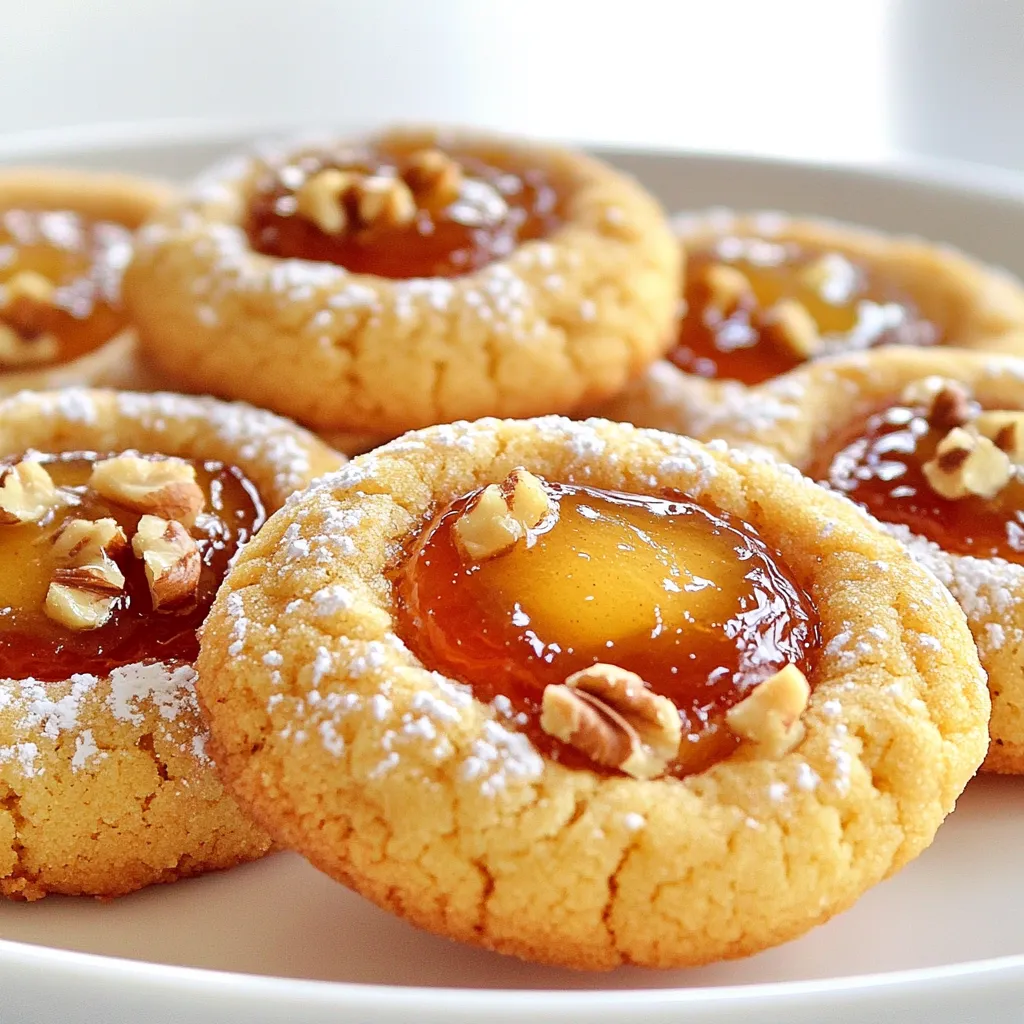 To make these Bakery-Style Apple Pie Thumbprint Cookies, gather these key ingredients: - 2 cups all-purpose flour - 1/2 cup unsalted butter, softened - 1/2 cup granulated sugar - 1/4 teaspoon salt - 1/2 teaspoon baking powder - 1 teaspoon vanilla extract - 1 large egg yolk - 1/2 teaspoon ground cinnamon - 1/2 cup apple preserves or homemade apple pie filling - 1/4 cup chopped walnuts (optional) - Powdered sugar for dusting These ingredients work together to create a soft and flavorful cookie that resembles apple pie. If you need to make substitutions, here are some ideas: - Use coconut oil instead of butter for a dairy-free option. - Swap granulated sugar with brown sugar for a richer taste. - Replace all-purpose flour with almond flour for a gluten-free version. - Use any fruit preserves you like if apple isn't your favorite. These swaps help you customize the recipe to fit your needs. To take these cookies to the next level, consider adding: - A pinch of nutmeg for warmth. - Chopped pecans instead of walnuts for a different crunch. - A drizzle of caramel sauce on top for extra sweetness. - A dash of lemon juice to brighten the flavors. These optional ingredients can enhance the taste and make your cookies unique. Making these cookies is fun and simple. You will need to gather all your ingredients first. Have your flour, butter, sugar, salt, baking powder, vanilla, egg yolk, cinnamon, and apple preserves ready. This will make the process smooth and quick. You should also preheat your oven to 350°F (175°C). This way, it will be hot and ready for baking. 1. Cream the Butter and Sugar: In a bowl, mix the softened butter and granulated sugar. Use an electric mixer for about 2-3 minutes until it gets light and fluffy. This step is key for soft cookies. 2. Mix Dry Ingredients: In another bowl, whisk together the flour, salt, baking powder, and cinnamon. This helps to blend these dry ingredients well. 3. Combine Mixtures: Gradually add the dry mix to the butter mixture. Stir gently until just mixed. Then, add the egg yolk and vanilla. Keep stirring until a soft dough forms. 4. Chill the Dough: Wrap the dough with plastic wrap and place it in the fridge for about 30 minutes. Chilling helps the cookies hold their shape. 5. Form the Cookies: After chilling, scoop about 1 tablespoon of dough. Roll it into a ball and place it on your baking sheet. Leave space between each cookie for even baking. 6. Create Thumbprints: Use your thumb or a teaspoon to make a small indentation in the center of each cookie ball. 7. Fill with Apples: Spoon about 1/2 teaspoon of apple preserves or pie filling into each thumbprint. If you like, sprinkle chopped walnuts around the edges. This adds a nice crunch. 8. Bake: Place the cookies in your preheated oven. Bake for 12-15 minutes until they are lightly golden around the edges. Keep an eye on them to avoid burning. Once baked, let the cookies cool on the baking sheet for a few minutes. Then, transfer them to a wire rack to cool completely. Dust them with powdered sugar for a sweet finish. For a lovely presentation, serve them on a colorful platter. You can even add whole walnuts or slices of fresh apple as a garnish. These small touches make your cookies look amazing! To get the best cookie texture, follow these tips. First, use softened butter. This helps create a light and fluffy base. Second, chill the dough. Chilling firms up the dough, making it easier to shape. Third, do not overmix when adding dry ingredients. Mix until just combined for a tender cookie. Finally, watch the baking time. Remove cookies when they are lightly golden for the best results. Store your cookies in an airtight container. This keeps them fresh for up to a week. You can also layer parchment paper between cookies to avoid sticking. If you want to enjoy warm cookies, reheat them in the oven. Set the oven to 300°F (150°C) and warm for about 5-10 minutes. This makes them taste freshly baked again. If your cookies spread too much, check your butter temperature. If it was too warm, it can cause spreading. Next, if they are too dry, you might have overbaked them. Keep an eye on the timer to avoid this. If the cookies are too crumbly, try adding a tiny bit of milk. This can help bind the dough better. Remember, practice makes perfect! {{image_2}} You can make these cookies even more fun with different flavors. Try adding lemon zest for a bright taste. A touch of nutmeg can give warmth, too. You could even swap apple preserves for other fruit spreads like raspberry or peach. The dough can also include cocoa powder for a chocolate twist. This makes them rich and delightful! If you want to make these cookies healthier, use whole wheat flour instead of all-purpose flour. You can replace granulated sugar with coconut sugar for a lower glycemic index. For butter, use unsweetened applesauce or a plant-based alternative. This change keeps the cookies moist while cutting down on fat. You can also skip the walnuts if you need a nut-free option. For fall, add pumpkin spice to the dough for a seasonal feel. In winter, try using cranberry sauce instead of apple filling. This gives a festive color and tartness. During summer, consider using fresh berries. They add a burst of flavor and juice. No matter the season, you can make these cookies fit any occasion! To keep your Bakery-Style Apple Pie Thumbprint Cookies fresh, store them in an airtight container. Line the container with parchment paper to absorb any moisture. This helps prevent the cookies from becoming soft. Keep them in a cool, dry place, away from sunlight. If you stack the cookies, place parchment paper between layers to avoid sticking. These cookies can last about one week at room temperature. If stored properly, they will keep their flavor and texture. After a week, they may begin to lose freshness. You can also store them in the fridge for about two weeks. Just be sure to seal them well to avoid any fridge odors. For longer storage, freezing is a great option. To freeze, first, let the cookies cool completely. Then, place them in a single layer on a baking sheet. Freeze for about an hour until firm. After that, transfer the cookies to a freezer-safe bag or container. Be sure to label the bag with the date. They can last up to three months in the freezer. When ready to eat, thaw them at room temperature. Enjoy your thumbprint cookies even after a long time! To make these cookies gluten-free, swap all-purpose flour for a gluten-free blend. Look for a blend that has xanthan gum, which helps with texture. Use the same amount of gluten-free flour as regular flour in the recipe. Your cookies will still be tasty and soft. Just remember to check all other ingredients for any hidden gluten. Yes, you can use fresh apples. Peel, core, and chop the apples into small pieces. Cook them down with a bit of sugar and cinnamon to mimic the flavor of apple preserves. Cook until soft and slightly syrupy. Use this mixture to fill the thumbprints, and enjoy a fresh twist on the cookies! These cookies pair well with many treats. You can serve them with a scoop of vanilla ice cream for a warm, sweet delight. A dollop of whipped cream adds a light touch. Hot apple cider or a cup of spiced tea complements the flavors too. For a snack platter, add some cheese, nuts, or fresh fruit for variety. This blog post covered how to make delicious cookies from start to finish. We looked at ingredients, including swaps and extras for better flavor. I walked you through each step of baking, cooling, and serving. We also shared tips for perfect texture and safe storage. Lastly, I shared fun variations to keep things exciting. Baking cookies can be simple and fun. With these tips and recipes, you can make tasty cookies every time. Enjoy your baking!