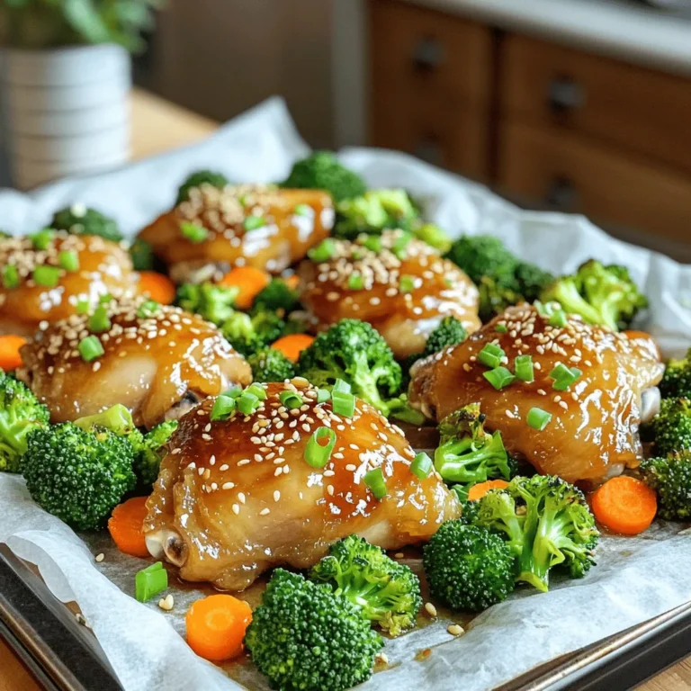 - 4 bone-in, skin-on chicken thighs - 1/4 cup honey - 2 tablespoons soy sauce - 4 cloves garlic, minced - 1 tablespoon fresh ginger, grated - 1 teaspoon sesame oil The main ingredients for this dish are simple and full of flavor. The chicken thighs are juicy and tender. They soak up the marinade well. Honey gives a sweet touch. Soy sauce adds a salty depth. Garlic and ginger bring warmth and spice. The sesame oil rounds it all off with a nutty hint. - 2 cups broccoli florets - 1 cup baby carrots - Olive oil, salt, and pepper to taste The veggies add nutrition and color. Broccoli florets are crisp and vibrant. Baby carrots add sweetness. Toss these in olive oil, salt, and pepper. This mix enhances their natural taste. You want them tender but not mushy. - Chopped green onions - Sesame seeds Garnishes elevate the dish. Chopped green onions add a fresh crunch. Sesame seeds give a nice visual and a slight nutty flavor. These small touches make the meal look special. They help in making every bite memorable. - Preheat the oven to 400°F (200°C). - In a small bowl, whisk together: - 1/4 cup honey - 2 tablespoons soy sauce - 4 cloves garlic, minced - 1 tablespoon fresh ginger, grated - 1 teaspoon sesame oil This marinade gives the chicken a sweet and savory flavor. The garlic and ginger add depth. - Season 4 bone-in, skin-on chicken thighs with salt and pepper. - Coat the chicken in the marinade. Let it sit for 15 minutes to 2 hours. The longer you marinate, the more flavor you get. I recommend at least 30 minutes for best taste. - Toss 2 cups of broccoli florets and 1 cup of baby carrots with olive oil, salt, and pepper. - Line a sheet pan with parchment paper for easy cleanup. - Arrange the marinated chicken on one side of the pan. Spread the vegetables on the other side. - Pour the reserved marinade over both the chicken and vegetables. This extra marinade makes everything more tasty. - Bake for 35-40 minutes, or until the chicken is cooked through. Make sure it reaches 165°F (74°C). The skin will be crispy, and the veggies tender. Enjoy the aroma while it cooks! To get crispy skin on chicken thighs, start by drying the skin well. Moisture makes skin soggy. Season the skin with salt before cooking. This helps draw out extra moisture. Marination time plays a key role too. Let the chicken sit in the marinade for at least 15 minutes. You can go up to 2 hours for better taste and texture. The longer it sits, the more flavor it absorbs. Broccoli and baby carrots work best with this dish. They cook well and pair nicely with the chicken. For broccoli, cut the florets into smaller pieces for even cooking. Carrots should be sliced thin to soften quicker. If you use other veggies, like bell peppers or zucchini, adjust the cooking time. These may cook faster, so watch them closely. Feel free to experiment with different sauces! Try using teriyaki or barbecue sauce for a new twist. Adding spices and herbs can also boost flavor. Garlic powder, smoked paprika, or fresh herbs like thyme work great. Mixing and matching can lead to delicious surprises. Don't be afraid to get creative! {{image_2}} You can switch up the chicken thighs for chicken breasts or drumsticks. Chicken breasts cook faster. Drumsticks give you a juicier taste. You can also use pork or tofu for a fun twist. Pork pairs well with the honey and garlic flavors. Tofu absorbs the marinade nicely. Want to add a kick? Sprinkle some chili flakes into your marinade. This gives your chicken a spicy bite. For a fresh twist, add citrus flavors. A splash of orange or lemon juice brightens the dish. You can even zest the fruit for more flavor. Pair your chicken with sides that balance its sweetness. Steamed rice or quinoa works well. They soak up the tasty sauce. For a veggie boost, try a simple salad or roasted green beans. These sides complete the meal and add color to your plate. To store cooked chicken and vegetables, let them cool first. Place everything in airtight containers. This keeps the chicken juicy and the veggies fresh. You can use glass or plastic containers. Make sure they are safe for the fridge. Store leftovers in the fridge for up to three days. To reheat, the best method is the oven. Preheat it to 350°F (175°C). Place the chicken and veggies on a baking sheet. Heat them for about 15 to 20 minutes. Check that the chicken reaches 165°F (74°C) again. You want it hot and tasty. Yes, you can freeze this dish! To freeze, let it cool completely first. Wrap the chicken and veggies in plastic wrap. Then place them in a freezer bag. Squeeze out as much air as possible. You can freeze it for up to three months. To thaw, move it to the fridge overnight before reheating. Yes, you can use boneless chicken thighs. Boneless thighs cook faster. This can save you time. However, bone-in thighs have more flavor. The bones add richness to the dish. If you choose boneless, check them often. They may need less cooking time. Adjust your bake time to avoid dryness. To check if the chicken is done, use a meat thermometer. The safe internal temperature for chicken is 165°F (74°C). Insert the thermometer into the thickest part. If it reads 165°F, your chicken is ready. If you don't have a thermometer, check the juices. They should run clear, not pink. If you need a substitute for honey, try maple syrup. It gives a similar sweetness. You could also use agave nectar. Brown sugar mixed with water is another option. Just remember, the flavor may change slightly. Adjust to your taste to keep it delicious. This recipe combines tasty chicken and fresh vegetables, making it a great meal. You learned how to make a flavorful marinade and the right cooking times. With tips for crispy chicken skin and delicious variations, there are many ways to enjoy this dish. Try different proteins or spices to keep it exciting. Remember to store leftovers properly and reheat for the best taste. This dish is not just easy; it’s also versatile. Happy cooking!