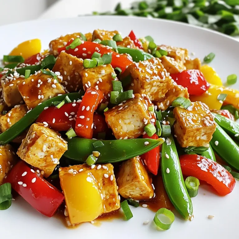 - 14 oz (400g) firm tofu, pressed and cubed - 2 tablespoons cornstarch - 2 tablespoons vegetable oil - 3 cloves garlic, minced - 1 red bell pepper, sliced - 1 yellow bell pepper, sliced - 1 cup snap peas, trimmed - 2 tablespoons soy sauce - 1 tablespoon chili paste (adjust for spice level) - 1 tablespoon sesame oil - Salt and pepper to taste - Sesame seeds for garnish Chili Garlic Tofu Stir Fry pairs well with rice or noodles. You can serve it over fluffy jasmine rice or soba noodles for a hearty meal. Add a side of steamed broccoli for extra greens. You can also top it with chopped cilantro or lime wedges for a fresh touch. First, I press the tofu to remove extra moisture. I place the tofu on a plate, then add a weight on top. This helps it become firmer. I usually press it for about 20 minutes. After this, I cut the tofu into bite-sized cubes. This makes it easy to cook and eat. Next, I coat the tofu cubes in cornstarch. This gives it a crispy texture. In a large skillet, I heat vegetable oil over medium-high heat. I add the tofu cubes and fry them until they turn golden brown. This usually takes about 8 to 10 minutes. When done, I remove the tofu and set it aside. In the same skillet, I add minced garlic. I sauté it for about 30 seconds. I want it to be fragrant, but I must not burn it. Then, I add sliced red and yellow bell peppers and snap peas. I stir-fry these for about 5 minutes. I want them tender but still crisp. I return the crispy tofu back to the skillet with the vegetables. In a small bowl, I mix soy sauce, chili paste, and sesame oil. I pour this sauce over the tofu and veggies. I toss everything to combine. I then season with salt and pepper to taste. Finally, I stir-fry everything together for another 2 to 3 minutes. This helps heat everything through. When it’s ready, I remove the skillet from heat. I sprinkle chopped green onions and sesame seeds on top to garnish. This adds a nice crunch and flavor. To get that crunchy bite, cornstarch is key. It coats the tofu and helps it crisp up when cooked. Without it, your tofu may turn out soft. After pressing the tofu, cube it and toss it in cornstarch. Make sure each piece is well-coated. When frying, heat your oil well before adding tofu. A hot pan seals the outside quickly, creating a nice golden crust. Fry the tofu for about 8-10 minutes, turning it often. This will ensure every side gets that perfect crunch. Not everyone likes the same spice level. To adjust the heat, you can change the amount of chili paste used. Start with one teaspoon if you prefer mild. Taste and add more if you want more heat. You can also mix in some honey for sweetness to balance the spice. Feel free to mix up the vegetables in your stir fry. You can use broccoli, carrots, or even zucchini. Each veggie has a unique taste and texture. Cooking times vary for each vegetable. For example: - Broccoli takes about 4-5 minutes to become tender. - Carrots need about 3-4 minutes for a nice crunch. - Zucchini cooks quickly, just 2-3 minutes will do. Pay attention to each vegetable's cooking time for the best results! {{image_2}} You can switch tofu for tempeh or seitan. Both have great textures and flavors. Tempeh is made from fermented soybeans. It adds a nutty taste. Seitan is wheat-based and has a chewy texture. Both options boost protein and flavor. Other vegetarian proteins include chickpeas or lentils. These options add variety and nutrition to your dish. Feel free to mix and match for a unique meal. To keep the recipe fully vegan, use plant-based oils and sauces. Check that all your ingredients are free from animal products. For gluten-free options, look for gluten-free soy sauce. Tamari is a great choice and tastes similar. Many brands offer gluten-free alternatives, so check the labels. These simple swaps help everyone enjoy this tasty dish. To add more depth, try fresh herbs like basil or cilantro. They brighten the dish and add freshness. You can also experiment with different sauces. Adding hoisin or teriyaki sauce can change the flavor profile. Just balance the sauces to avoid overpowering the dish. Don’t hesitate to get creative with flavors! To store leftover chili garlic tofu stir fry, let it cool first. Place it in an airtight container. Make sure to keep it in the fridge. It will stay fresh for about 3-4 days. Keeping the tofu and veggies separate can help them stay crisp longer. To reheat the stir fry, use a skillet over medium heat. Add a splash of oil to help restore some crispiness. Stir often for about 5-7 minutes. You can also use a microwave, but this might make the tofu soft. Heat it in short bursts, stirring between each until warm. If you want to freeze the stir fry, do so right after cooking. Allow it to cool completely. Place it in a freezer-safe bag or container. Remove as much air as possible before sealing. It can last up to 2-3 months in the freezer. When ready to eat, thaw it in the fridge overnight. Reheat it in a skillet for the best texture. The best tofu for stir fry is firm or extra-firm tofu. Firm tofu holds its shape well during cooking. It absorbs flavors and has a nice texture. Extra-firm tofu is even denser. It offers a chewier bite, perfect for crispy dishes. Both types work well, but I prefer firm tofu for its balance of softness and sturdiness. Yes, you can make this dish ahead of time. For meal prep, cook the tofu and vegetables as usual. Store them separately in airtight containers. This keeps the tofu crispy and the veggies fresh. You can store them in the fridge for up to three days. When ready to eat, simply reheat in a pan over low heat. To add more heat, try a few simple tricks. You can increase the chili paste in the sauce. Another option is to add sliced fresh chili peppers. Jalapeños or Thai bird chilies work great. For a different flavor, sprinkle in some red pepper flakes. Adjust the spice level to fit your taste. Chili Garlic Tofu Stir Fry is a simple and tasty dish. We learned about the key ingredients, like tofu and soy sauce. The cooking steps were clear, from prepping the tofu to frying it just right. I shared tips for crispiness and ways to change the heat level. You can even swap tofu for tempeh or seitan. Remember, leftovers store well if kept right. Enjoy this dish for a quick meal or impress your friends! You now have the tools to make it perfect every time.