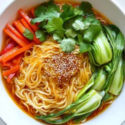 Here are the ingredients you need to make Chili Garlic Noodle Bowls with Bok Choy: - 200g rice noodles - 2 tablespoons sesame oil - 4 cloves garlic, minced - 1 tablespoon fresh ginger, grated - 2 tablespoons chili paste (adjust for spice tolerance) - 1 tablespoon soy sauce - 1 tablespoon vegetable broth (or water) - 3 baby bok choy, halved - 1 carrot, julienned - 1 red bell pepper, thinly sliced - 2 green onions, chopped - 1 tablespoon sesame seeds (for garnish) - Fresh cilantro leaves (for garnish) - Salt and pepper to taste Each ingredient plays a key role in creating a well-balanced dish. The rice noodles give you the base. Sesame oil adds a nutty flavor. Garlic and ginger bring warmth, while chili paste adds heat. Bok choy and other veggies add crunch and freshness. When using chili paste, start with less if you prefer a milder taste. The soy sauce gives a nice umami kick. Fresh herbs like cilantro make your dish pop. Don't forget to season with salt and pepper for the best taste. Get ready to create a bowl of pure delight! To cook rice noodles, boil water in a pot. Add the noodles and cook for 3-5 minutes. Stir gently to keep them from sticking. Once done, drain the noodles and rinse them under cold water. This step helps prevent sticking. Set them aside for later use. In a large skillet or wok, heat 2 tablespoons of sesame oil over medium heat. Add 4 cloves of minced garlic and 1 tablespoon of grated ginger. Sauté for about 1-2 minutes. You want them fragrant but not browned. Next, mix in 2 tablespoons of chili paste and 1 tablespoon of soy sauce. Stir well and add 1 tablespoon of vegetable broth. Let the sauce simmer for 2 more minutes. Now, add 3 halved baby bok choy, 1 julienned carrot, and 1 thinly sliced red bell pepper to the skillet. Toss the veggies in the sauce. Cook them for about 5 minutes. You want them tender but still crisp. Season with salt and pepper to taste. Add the cooked rice noodles to the skillet. Gently toss everything together. Make sure the noodles are well coated with the sauce and heated through. Serve your noodle bowls hot. Garnish with chopped green onions, sesame seeds, and fresh cilantro leaves for a colorful touch. To boost the flavor of your Chili Garlic Noodle Bowls, adjust the spice level. Start with two tablespoons of chili paste. If you like it spicier, add more. For less heat, use less. Fresh herbs add depth too. I recommend adding cilantro or basil. They work well with the garlic and ginger. Using a wok or a skillet can change your dish. A wok heats faster, which helps cook the veggies quickly. If using a skillet, keep the heat medium-high. Timing is key! Add the bok choy and other veggies at the right moment. This keeps them tender and crisp. To make your dish look nice, garnish it well. Use chopped green onions and sesame seeds. Fresh cilantro on top adds a pop of color. Serve in a large bowl or on a plate. Arrange the noodles and veggies neatly. An appealing dish makes every meal special! {{image_2}} You can easily add protein to your Chili Garlic Noodle Bowls. Chicken, shrimp, and tofu all work well. For chicken, cut it into small pieces. Cook it in the skillet before adding garlic. Shrimp cooks fast, so add it after the garlic is fragrant. For tofu, use firm tofu and cube it. Cook it until golden brown, then add it when you mix the noodles. Adjust the cooking time: chicken takes longer, while shrimp cooks in just 3-4 minutes. Tofu needs about 5 minutes to get crispy. If you want to swap out bok choy, many veggies work great. Broccoli, snap peas, or spinach can add nice flavors. You can also use seasonal options like zucchini or asparagus. Try adding mushrooms for a meaty texture. Just remember to adjust cooking times based on the veggies you choose. For example, zucchini needs less time than carrots. To make this dish gluten-free, replace soy sauce with tamari or coconut aminos. These keep the dish's flavor but stay gluten-free. You can also use rice noodles made from brown rice for a gluten-free option. Just check the labels to ensure they fit your diet. These swaps will let everyone enjoy this tasty meal! To keep your Chili Garlic Noodle Bowls fresh, store leftovers in the fridge. Use airtight containers for best results. This prevents moisture loss and keeps flavors intact. Before sealing, let the dish cool down completely. This helps avoid condensation inside the container. If you want to save some for later, freezing works well. First, let the noodle bowl cool completely. Then, transfer it to a freezer-safe container. Seal it tightly to avoid freezer burn. When you're ready to enjoy it again, thaw it in the fridge overnight. Reheat in a skillet over low heat. Add a splash of water to revive the sauce. In the fridge, your dish stays fresh for about 3 to 4 days. After that, it may lose taste or texture. Check for signs that it has gone bad. If you see mold or if it smells sour, it’s time to toss it. Always trust your senses when it comes to food safety. Yes, you can use other noodles! If you don’t have rice noodles, try these options: - Egg noodles: They add a nice, rich flavor. - Udon noodles: These are thick and chewy. - Soba noodles: These are made from buckwheat and offer a unique taste. - Spaghetti: This is a great substitute if you're in a pinch. Just remember, cooking times may vary. Always check the package instructions! You can easily change the spice level! Here are some tips: - For mild: Use less chili paste or add a pinch of sugar. - For medium: Stick to the original amount of chili paste. - For spicy: Add extra chili paste or some red pepper flakes. You can also serve with chili oil on the side for those who enjoy a kick! Absolutely! This recipe is great for meal prep. Here are some tips: - Cook the noodles and veggies, then store separately. - Use airtight containers for the best freshness. - Portion out servings, about 1.5 cups each. You can keep them in the fridge for up to 4 days. Just reheat in a pan or microwave when ready to eat! This blog post guided you through making a tasty noodle dish. We reviewed key ingredients, cooking steps, and helpful tips. You learned how to adjust flavors and incorporate proteins or vegetables. Proper storage options were also discussed to keep leftovers fresh. Remember, cooking is about finding what you love. So, feel free to tweak the recipe to suit your taste. Enjoy your cooking adventure, and savor every bite of your delicious creation!