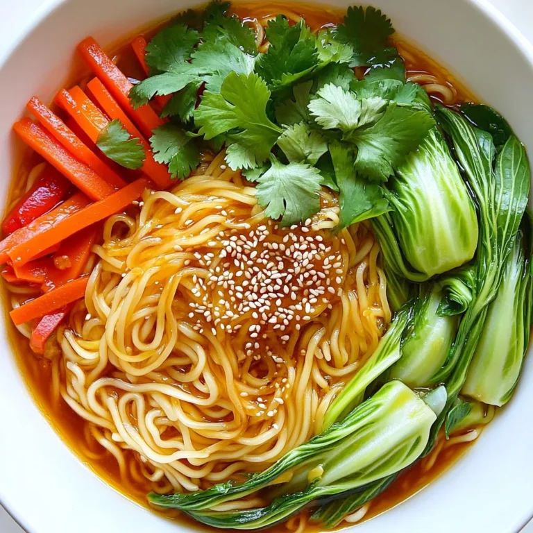 Here are the ingredients you need to make Chili Garlic Noodle Bowls with Bok Choy: - 200g rice noodles - 2 tablespoons sesame oil - 4 cloves garlic, minced - 1 tablespoon fresh ginger, grated - 2 tablespoons chili paste (adjust for spice tolerance) - 1 tablespoon soy sauce - 1 tablespoon vegetable broth (or water) - 3 baby bok choy, halved - 1 carrot, julienned - 1 red bell pepper, thinly sliced - 2 green onions, chopped - 1 tablespoon sesame seeds (for garnish) - Fresh cilantro leaves (for garnish) - Salt and pepper to taste Each ingredient plays a key role in creating a well-balanced dish. The rice noodles give you the base. Sesame oil adds a nutty flavor. Garlic and ginger bring warmth, while chili paste adds heat. Bok choy and other veggies add crunch and freshness. When using chili paste, start with less if you prefer a milder taste. The soy sauce gives a nice umami kick. Fresh herbs like cilantro make your dish pop. Don't forget to season with salt and pepper for the best taste. Get ready to create a bowl of pure delight! To cook rice noodles, boil water in a pot. Add the noodles and cook for 3-5 minutes. Stir gently to keep them from sticking. Once done, drain the noodles and rinse them under cold water. This step helps prevent sticking. Set them aside for later use. In a large skillet or wok, heat 2 tablespoons of sesame oil over medium heat. Add 4 cloves of minced garlic and 1 tablespoon of grated ginger. Sauté for about 1-2 minutes. You want them fragrant but not browned. Next, mix in 2 tablespoons of chili paste and 1 tablespoon of soy sauce. Stir well and add 1 tablespoon of vegetable broth. Let the sauce simmer for 2 more minutes. Now, add 3 halved baby bok choy, 1 julienned carrot, and 1 thinly sliced red bell pepper to the skillet. Toss the veggies in the sauce. Cook them for about 5 minutes. You want them tender but still crisp. Season with salt and pepper to taste. Add the cooked rice noodles to the skillet. Gently toss everything together. Make sure the noodles are well coated with the sauce and heated through. Serve your noodle bowls hot. Garnish with chopped green onions, sesame seeds, and fresh cilantro leaves for a colorful touch. To boost the flavor of your Chili Garlic Noodle Bowls, adjust the spice level. Start with two tablespoons of chili paste. If you like it spicier, add more. For less heat, use less. Fresh herbs add depth too. I recommend adding cilantro or basil. They work well with the garlic and ginger. Using a wok or a skillet can change your dish. A wok heats faster, which helps cook the veggies quickly. If using a skillet, keep the heat medium-high. Timing is key! Add the bok choy and other veggies at the right moment. This keeps them tender and crisp. To make your dish look nice, garnish it well. Use chopped green onions and sesame seeds. Fresh cilantro on top adds a pop of color. Serve in a large bowl or on a plate. Arrange the noodles and veggies neatly. An appealing dish makes every meal special! {{image_2}} You can easily add protein to your Chili Garlic Noodle Bowls. Chicken, shrimp, and tofu all work well. For chicken, cut it into small pieces. Cook it in the skillet before adding garlic. Shrimp cooks fast, so add it after the garlic is fragrant. For tofu, use firm tofu and cube it. Cook it until golden brown, then add it when you mix the noodles. Adjust the cooking time: chicken takes longer, while shrimp cooks in just 3-4 minutes. Tofu needs about 5 minutes to get crispy. If you want to swap out bok choy, many veggies work great. Broccoli, snap peas, or spinach can add nice flavors. You can also use seasonal options like zucchini or asparagus. Try adding mushrooms for a meaty texture. Just remember to adjust cooking times based on the veggies you choose. For example, zucchini needs less time than carrots. To make this dish gluten-free, replace soy sauce with tamari or coconut aminos. These keep the dish's flavor but stay gluten-free. You can also use rice noodles made from brown rice for a gluten-free option. Just check the labels to ensure they fit your diet. These swaps will let everyone enjoy this tasty meal! To keep your Chili Garlic Noodle Bowls fresh, store leftovers in the fridge. Use airtight containers for best results. This prevents moisture loss and keeps flavors intact. Before sealing, let the dish cool down completely. This helps avoid condensation inside the container. If you want to save some for later, freezing works well. First, let the noodle bowl cool completely. Then, transfer it to a freezer-safe container. Seal it tightly to avoid freezer burn. When you're ready to enjoy it again, thaw it in the fridge overnight. Reheat in a skillet over low heat. Add a splash of water to revive the sauce. In the fridge, your dish stays fresh for about 3 to 4 days. After that, it may lose taste or texture. Check for signs that it has gone bad. If you see mold or if it smells sour, it’s time to toss it. Always trust your senses when it comes to food safety. Yes, you can use other noodles! If you don’t have rice noodles, try these options: - Egg noodles: They add a nice, rich flavor. - Udon noodles: These are thick and chewy. - Soba noodles: These are made from buckwheat and offer a unique taste. - Spaghetti: This is a great substitute if you're in a pinch. Just remember, cooking times may vary. Always check the package instructions! You can easily change the spice level! Here are some tips: - For mild: Use less chili paste or add a pinch of sugar. - For medium: Stick to the original amount of chili paste. - For spicy: Add extra chili paste or some red pepper flakes. You can also serve with chili oil on the side for those who enjoy a kick! Absolutely! This recipe is great for meal prep. Here are some tips: - Cook the noodles and veggies, then store separately. - Use airtight containers for the best freshness. - Portion out servings, about 1.5 cups each. You can keep them in the fridge for up to 4 days. Just reheat in a pan or microwave when ready to eat! This blog post guided you through making a tasty noodle dish. We reviewed key ingredients, cooking steps, and helpful tips. You learned how to adjust flavors and incorporate proteins or vegetables. Proper storage options were also discussed to keep leftovers fresh. Remember, cooking is about finding what you love. So, feel free to tweak the recipe to suit your taste. Enjoy your cooking adventure, and savor every bite of your delicious creation!