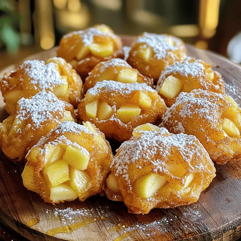 - Apples and their type Use 2 medium-sized Granny Smith apples. Peel and dice them. Their tart flavor shines in fritters. - Dry ingredients You will need: - 1 cup all-purpose flour - 1/2 cup sugar - 1 teaspoon baking powder - 1 teaspoon ground cinnamon - 1/2 teaspoon salt These form the base of your fritter batter. - Wet ingredients Gather these items: - 1/2 cup milk - 1 large egg - 1 teaspoon vanilla extract These ingredients bring moisture and flavor to your batter. - Frying oil and garnish Use oil for frying. Choose a type that can handle heat. After frying, dust with powdered sugar for a sweet finish. - Combining dry and wet ingredients Start with a mixing bowl. Add 1 cup of all-purpose flour, 1/2 cup of sugar, 1 teaspoon of baking powder, 1 teaspoon of ground cinnamon, and 1/2 teaspoon of salt. Whisk these dry ingredients together. In another bowl, mix 1/2 cup of milk, 1 large egg, and 1 teaspoon of vanilla extract. Stir until smooth. Slowly pour the wet mix into the dry mix. Stir gently until just combined. A few lumps are okay, so don’t overmix. - Folding in apples Next, take 2 medium-sized peeled and diced apples, preferably Granny Smith. Gently fold the apples into your batter. Make sure they are evenly spread throughout the mix. This helps each fritter get a tasty apple bite. - Heating oil Grab a deep skillet or fryer. Pour in enough oil for frying, about 2 inches deep. Heat the oil over medium heat to around 350°F (180°C). Use a thermometer if you have one. This temperature is key for crispy fritters. - Cooking fritters Using a spoon or a small ice cream scoop, drop heaping spoonfuls of batter into the hot oil. Fry in small batches. Avoid crowding the pan. Cook for 2-3 minutes on each side. They should turn a lovely golden brown. Once cooked, remove fritters and place them on a paper towel-lined plate. This helps drain excess oil. Dust with powdered sugar while still warm for the perfect sweet touch. Enjoy your delicious fritters! To make the best fritters, focus on the batter. Start by mixing your dry ingredients: flour, sugar, baking powder, ground cinnamon, and salt. Whisk them until they blend well. Then, mix your wet ingredients: milk, egg, and vanilla extract. Combine them slowly with the dry mix. Stir gently until just combined. A few lumps are fine; don’t overmix. This helps keep your fritters light. Next, heat the oil to about 350°F (180°C). This is key for great frying. If the oil is too cool, your fritters will soak up oil and become greasy. If it's too hot, they will burn outside while staying raw inside. When frying, drop spoonfuls of the batter into the hot oil. Fry in small batches to give each fritter space. Cook them for 2-3 minutes on each side. Look for a golden brown color. Use a slotted spoon to flip and remove them. Serving fritters is fun and creative! Arrange them on a nice platter. For an extra touch, drizzle honey or maple syrup on top. This adds sweetness and flavor. You can also dust them with powdered sugar for a lovely finish. A sprinkle of cinnamon on top makes them look even better. Try pairing your fritters with different sauces. They taste great with honey, maple syrup, or even caramel. These options add richness and contrast to the warm, spiced fritters. Enjoy the delightful blend of flavors! {{image_2}} You can make your apple cinnamon fritters even more exciting. Here are some fun ideas: - Adding nuts or raisins: Chopped walnuts or pecans add crunch to the fritters. You can also stir in some raisins for a chewy texture. Both options give a nice twist to the flavor. - Using different apple varieties: While Granny Smith apples are tart and firm, try Honeycrisp or Fuji apples. These apples add sweetness and juiciness, changing the fritters' taste and texture. - Spicing it up with nutmeg or allspice: Adding a dash of nutmeg or allspice can enhance the warmth of cinnamon. These spices bring out the autumn flavors and make your fritters feel cozy and comforting. You can easily adapt this recipe to fit different dietary needs. - Gluten-free options: Use a gluten-free flour blend instead of all-purpose flour. This swap allows those with gluten sensitivities to enjoy the fritters without worry. - Vegan substitutions: For a vegan version, replace the egg with a flax egg (1 tablespoon of flaxseed meal mixed with 2.5 tablespoons of water). Also, use a plant-based milk like almond or oat milk. These changes keep the fritters tasty and guilt-free. To keep your apple cinnamon fritters fresh, let them cool first. Place them in an airtight container. This helps avoid sogginess. You can store them in the fridge for up to three days. When you want to enjoy them again, use these reheating methods: - Microwave: Heat for about 15-20 seconds. Check if they’re warm all the way through. - Oven: Preheat to 350°F (175°C). Place fritters on a baking sheet for about 5-7 minutes. Both methods will help keep the fritters tasty. You can freeze apple cinnamon fritters if you have extras. This is a great way to enjoy them later. To freeze fritters: 1. Cool completely: Let them cool on a wire rack. 2. Wrap individually: Use plastic wrap or aluminum foil. This prevents freezer burn. 3. Place in a bag: Store them in a freezer-safe bag, removing as much air as possible. To defrost, take them out of the freezer. Let them sit in the fridge overnight. Then, reheat using the methods above for best results. Enjoy your fritters anytime! How to make apple cinnamon fritters from scratch? To make apple cinnamon fritters, first mix flour, sugar, baking powder, cinnamon, and salt in a bowl. In another bowl, combine milk, egg, and vanilla. Pour the wet mix into the dry mix and stir gently. Fold in diced apples and drop spoonfuls into hot oil. Fry until golden brown. Can I bake apple fritters instead of frying? Yes, you can bake apple fritters! Preheat your oven to 375°F (190°C). Place the fritters on a lined baking sheet and bake for about 15-20 minutes or until golden. Baking makes them a bit healthier, but they may not be as crispy. What are the best apples for fritters? Granny Smith apples work great for fritters. They add a nice tart flavor. Other good choices include Honeycrisp or Fuji apples for their sweetness and crunch. How long do apple fritters last? Apple fritters last for about 2 days at room temperature. Store them in an airtight container to keep them fresh. You can also refrigerate them for up to a week. Can I use pre-made dough for fritters? Yes, you can use pre-made dough. Biscuit dough works well. Just roll it out, cut it into pieces, and add the apple filling. Fry or bake as you normally would. This guide covered everything about making delicious apple cinnamon fritters. You learned about the key ingredients, how to mix them, and the best steps for frying. Tips helped ensure your fritters cook evenly and taste great. We explored variations for more flavor and dietary needs. Lastly, we discussed storage methods to keep your fritters fresh. Get ready to impress friends and family with your homemade treats!