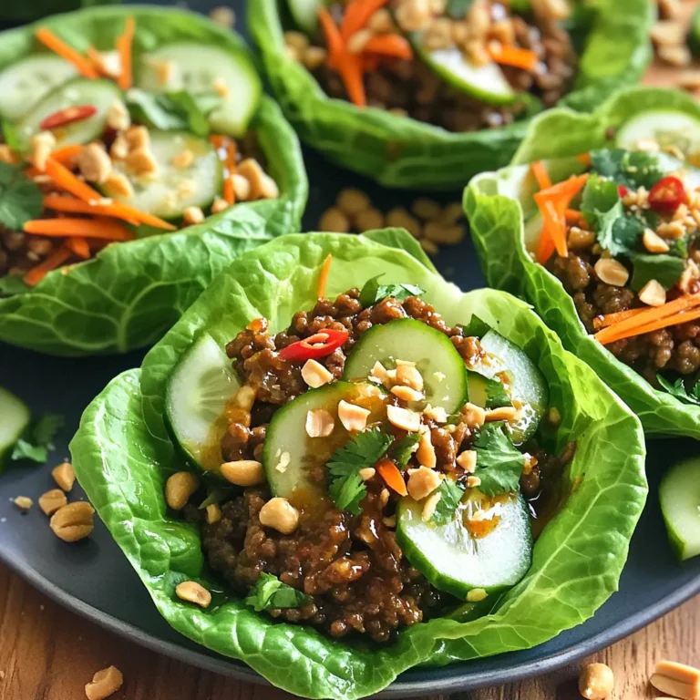 - Ground beef - Fresh Thai basil - Vegetable oil - Garlic and red chili - Soy sauce, oyster sauce, fish sauce, and sugar - Carrot and cucumber - Butter lettuce or Romaine - Garnishes: crushed peanuts and lime wedges For Thai basil beef lettuce cups, you need fresh and tasty ingredients. The star is ground beef. It brings richness and flavor. Fresh Thai basil adds a sweet and peppery kick. Vegetable oil helps cook the beef and garlic. Garlic and red chili give a nice aroma and spice. Soy sauce, oyster sauce, and fish sauce add depth. A little sugar balances the flavors perfectly. Carrots and cucumbers add crunch and freshness. You will serve it all in crisp lettuce cups. Butter lettuce is soft and easy to hold. Romaine gives a nice crunch if you prefer it. Don’t forget the garnishes! Crushed peanuts add texture, while lime wedges bring brightness. Together, these ingredients make a fun and vibrant meal! 1. Heating the skillet Start by heating 1 tablespoon of vegetable oil in a large skillet. Set the heat to medium-high. 2. Sautéing garlic and chili Add 3 cloves of minced garlic and 1 small red chili, finely chopped. Sauté for about 30 seconds. This step makes your kitchen smell amazing. 3. Cooking the ground beef Increase the heat to high. Add 1 pound of ground beef to the skillet. Cook until it is browned and fully cooked. Use a spatula to break it apart as it cooks. 1. Adding sauces and seasoning Once the beef is cooked, add 2 tablespoons of soy sauce, 1 tablespoon of oyster sauce, 1 tablespoon of fish sauce, and 1 teaspoon of sugar. Stir everything well and cook for another 2-3 minutes. This helps all the flavors come together. 2. Stirring in Thai basil Remove the skillet from the heat. Add 2 cups of chopped Thai basil leaves and stir until they wilt. This adds a fresh taste to your dish. 3. Assembling the lettuce cups Take the butter lettuce or Romaine leaves and place a spoonful of the beef mixture into each leaf. Top with shredded carrot and thinly sliced cucumber for extra crunch. Don’t forget to sprinkle crushed peanuts on top and serve with lime wedges for a fresh squeeze! - How to avoid overcooking the beef To keep the beef tender, cook it over high heat. Stir often to break it apart. Once it is browned, remove it from heat quickly. This keeps it juicy. - Tips for frying aromatic ingredients Start with a hot skillet for the garlic and chili. Sauté them for just 30 seconds until they smell great. If you cook them too long, they can burn. This can ruin the dish’s taste. - Best sides to enjoy with lettuce cups Serve these cups with a side of rice or noodles. A fresh salad or some pickled veggies also works well. These sides add flavor and texture. - Ideal serving temperature Serve the beef mixture warm. The heat brings out the flavors of the sauces and basil. The cool lettuce makes each bite refreshing and fun. {{image_2}} You can switch the ground beef for chicken or turkey. Ground chicken or turkey works well. They cook quickly and stay juicy. This change makes the dish lighter but still tasty. For a vegetarian option, use tofu or tempeh. Both absorb the sauce flavors well. Just crumble tofu or cut tempeh into small pieces. Cook them in the same way as beef. This way, everyone can enjoy the dish. To manage heat, try different types of chili. A small red chili adds a nice kick. If you want it spicier, use a few Thai bird’s eye chilies. For milder heat, skip the chili or use sweet bell peppers. You can also add more spices for flavor. Try a bit of ginger or a dash of chili flakes. These choices let you customize the heat to your taste. To keep your beef mixture fresh, let it cool first. Then, place it in an airtight container. This helps it stay safe to eat. Store the container in the fridge for up to three days. For the lettuce, keep it crisp. Wrap the leaves in a damp paper towel. Place them in a plastic bag, but do not seal it tight. This method helps them stay fresh longer. When reheating, use a skillet on low heat. Add a little water to help steam the beef. This keeps it moist and prevents drying out. Stir often to heat evenly. You can also use a microwave. Place the beef in a microwave-safe bowl. Cover it with a damp paper towel. Heat in short bursts of 30 seconds until hot. This method keeps the flavor strong and tasty. If you don’t have fish sauce, you can use soy sauce. Add a bit more sugar for sweetness. Some people use a mix of soy sauce and lime juice. This gives a nice tangy flavor. This dish stays good in the fridge for up to three days. Store the beef mix separately from the lettuce. This keeps the lettuce crisp and fresh. Yes, you can make the beef mixture ahead of time. Just cook it and let it cool. Store it in an airtight container in the fridge. Assemble the cups just before serving for the best taste. Yes, you can freeze the beef mixture. Place it in a freezer-safe bag and remove as much air as possible. It will last for about three months. Thaw it in the fridge before reheating. This blog covered essential ingredients, step-by-step instructions, tips, and variations for lettuce cups. You learned how to cook ground beef with Thai flavors and assemble fresh cups. Remember, you can adjust spice levels or switch proteins to suit your taste. Store leftovers properly to keep everything fresh. Making these cups can be fun, tasty, and easy. Explore the options, and enjoy creating your own delicious wraps.