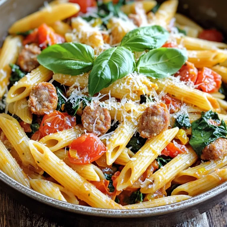 - 8 oz penne pasta - 1 lb Italian chicken sausage, casings removed - 1 tablespoon olive oil - 1 medium onion, diced - 3 cloves garlic, minced - 1 can (14.5 oz) diced tomatoes, with juices - 1 cup fresh spinach, roughly chopped - 1/2 cup chicken broth (low-sodium) - 1 teaspoon dried oregano - 1 teaspoon red pepper flakes (optional) - Salt and black pepper to taste - 1/4 cup grated Parmesan cheese, plus more for serving - Fresh basil leaves for garnish These ingredients create a rich and tasty Tuscan sausage pasta. Each item adds a unique flavor. Penne pasta serves as a hearty base. It holds the sauce well and absorbs the flavors. Italian chicken sausage brings protein and spice. It creates a savory depth that makes each bite satisfying. Olive oil adds richness and helps sauté the onion and garlic. Diced onion gives sweetness, while garlic adds a punch of flavor. Together, they create a fragrant base. Diced tomatoes add moisture and acidity. They bring brightness to the dish. Chicken broth enhances the sauce, making it more savory. Spinach adds color and nutrients, making the meal more balanced. Dried oregano gives an earthy note, while red pepper flakes can add heat. Lastly, Parmesan cheese brings creaminess and umami. Fresh basil leaves add a burst of freshness when served. Gather these ingredients to create a delicious meal in no time. Start by boiling water in a large pot. Add salt to the water for flavor. Once boiling, add the penne pasta. Cook the pasta according to the package instructions. It usually takes about 8-10 minutes. When it’s done, drain it and set it aside. This will be the base for your dish. In a large skillet, heat one tablespoon of olive oil over medium heat. Once hot, add the diced onion. Cook it for about 3-4 minutes until it turns soft and clear. Then, add the minced garlic. Stir it for one minute. This step adds a great aroma. Next, add the Italian chicken sausage. Break it apart with a wooden spoon. Cook this for about 5-7 minutes, until it’s fully browned. Now, add the can of diced tomatoes with juices to the skillet. Pour in the chicken broth and stir well. Add the dried oregano and optional red pepper flakes for some heat. Bring the mixture to a simmer. Once simmering, toss in the chopped spinach and cooked penne pasta. Mix everything together well. Cook for 2-3 more minutes. This lets the spinach wilt and the flavors blend. Finally, season with salt and black pepper. Stir in the grated Parmesan cheese until well mixed. Remove from heat and serve warm. Garnish with fresh basil leaves and more cheese if you like. Enjoy your meal! Choosing the right sausage is key. I prefer Italian chicken sausage for its flavor and lower fat. Look for fresh sausage with a good spice mix. Check for no fillers or additives. A quality sausage makes a huge difference in taste. Spices bring the dish to life. I add dried oregano for an earthy taste. Red pepper flakes give a kick, but use them to your liking. Fresh herbs, like basil, add brightness at the end. Don't forget to taste as you go to find the perfect balance. Cooking pasta correctly is important. Use a large pot with plenty of water. Salt the water well before adding pasta. This helps the pasta absorb flavor. Cook until just al dente, as it will continue cooking in the skillet. Drain it, but don’t rinse; you want that starch to help sauce stick. {{image_2}} If you're looking for substitutes, I have some great options. For a gluten-free version, swap penne pasta with gluten-free pasta. You can also use turkey sausage or plant-based sausage for a lighter meal. If you need a dairy-free dish, skip the Parmesan cheese or use a vegan alternative. These swaps keep the meal tasty while fitting your diet. You can easily boost the nutrition by adding more veggies. Try bell peppers, zucchini, or mushrooms. Just sauté them with the onions for extra flavor. If you want more protein, add cooked chickpeas or lentils. They soak up the sauce well and add great texture. While I love penne, feel free to use other pasta shapes. Fusilli, rotini, or farfalle work nicely too. The key is to choose a pasta that holds onto the sauce. This makes each bite delicious and satisfying. Experiment with your favorites and enjoy a new twist on this classic dish! After enjoying your Tuscan sausage pasta, store leftovers in an airtight container. Allow the dish to cool down before sealing. Keep it in the fridge for up to three days. This helps maintain freshness and flavor. To freeze, place the cooled pasta in a freezer-safe container. Make sure to leave space at the top for expansion. It can last in the freezer for up to three months. When you're ready to eat, simply thaw in the fridge overnight. For best results when reheating, use a skillet on low heat. Add a splash of chicken broth or water to keep it moist. Stir occasionally until heated through. You can also microwave it in short intervals, stirring between each. Enjoy your meal just as tasty as the first time! Tuscan sausage pasta lasts about 3 to 5 days in the fridge. Store it in an airtight container. When you want to eat it, just reheat it well. Yes, you can make this dish ahead. Cook it fully and cool it down. Store it in the fridge. When you are ready to eat, just heat it back up. You can serve this pasta with a fresh salad or garlic bread. A light green salad goes well with the rich flavors. Garlic bread adds a nice crunch and taste. For drinks, try a light white wine or sparkling water. This blog post covered key ingredients, cooking steps, and tips for Tuscan sausage pasta. I shared how to choose the best sausage and improve flavor with spices. You learned about variations, storage, and answers to common questions. With this knowledge, you can create a tasty meal anytime. Enjoy experimenting and sharing your pasta dishes with friends and family!
