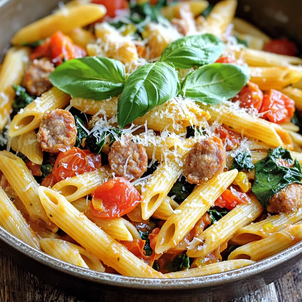 - 8 oz penne pasta - 1 lb Italian chicken sausage, casings removed - 1 tablespoon olive oil - 1 medium onion, diced - 3 cloves garlic, minced - 1 can (14.5 oz) diced tomatoes, with juices - 1 cup fresh spinach, roughly chopped - 1/2 cup chicken broth (low-sodium) - 1 teaspoon dried oregano - 1 teaspoon red pepper flakes (optional) - Salt and black pepper to taste - 1/4 cup grated Parmesan cheese, plus more for serving - Fresh basil leaves for garnish These ingredients create a rich and tasty Tuscan sausage pasta. Each item adds a unique flavor. Penne pasta serves as a hearty base. It holds the sauce well and absorbs the flavors. Italian chicken sausage brings protein and spice. It creates a savory depth that makes each bite satisfying. Olive oil adds richness and helps sauté the onion and garlic. Diced onion gives sweetness, while garlic adds a punch of flavor. Together, they create a fragrant base. Diced tomatoes add moisture and acidity. They bring brightness to the dish. Chicken broth enhances the sauce, making it more savory. Spinach adds color and nutrients, making the meal more balanced. Dried oregano gives an earthy note, while red pepper flakes can add heat. Lastly, Parmesan cheese brings creaminess and umami. Fresh basil leaves add a burst of freshness when served. Gather these ingredients to create a delicious meal in no time. Start by boiling water in a large pot. Add salt to the water for flavor. Once boiling, add the penne pasta. Cook the pasta according to the package instructions. It usually takes about 8-10 minutes. When it’s done, drain it and set it aside. This will be the base for your dish. In a large skillet, heat one tablespoon of olive oil over medium heat. Once hot, add the diced onion. Cook it for about 3-4 minutes until it turns soft and clear. Then, add the minced garlic. Stir it for one minute. This step adds a great aroma. Next, add the Italian chicken sausage. Break it apart with a wooden spoon. Cook this for about 5-7 minutes, until it’s fully browned. Now, add the can of diced tomatoes with juices to the skillet. Pour in the chicken broth and stir well. Add the dried oregano and optional red pepper flakes for some heat. Bring the mixture to a simmer. Once simmering, toss in the chopped spinach and cooked penne pasta. Mix everything together well. Cook for 2-3 more minutes. This lets the spinach wilt and the flavors blend. Finally, season with salt and black pepper. Stir in the grated Parmesan cheese until well mixed. Remove from heat and serve warm. Garnish with fresh basil leaves and more cheese if you like. Enjoy your meal! Choosing the right sausage is key. I prefer Italian chicken sausage for its flavor and lower fat. Look for fresh sausage with a good spice mix. Check for no fillers or additives. A quality sausage makes a huge difference in taste. Spices bring the dish to life. I add dried oregano for an earthy taste. Red pepper flakes give a kick, but use them to your liking. Fresh herbs, like basil, add brightness at the end. Don't forget to taste as you go to find the perfect balance. Cooking pasta correctly is important. Use a large pot with plenty of water. Salt the water well before adding pasta. This helps the pasta absorb flavor. Cook until just al dente, as it will continue cooking in the skillet. Drain it, but don’t rinse; you want that starch to help sauce stick. {{image_2}} If you're looking for substitutes, I have some great options. For a gluten-free version, swap penne pasta with gluten-free pasta. You can also use turkey sausage or plant-based sausage for a lighter meal. If you need a dairy-free dish, skip the Parmesan cheese or use a vegan alternative. These swaps keep the meal tasty while fitting your diet. You can easily boost the nutrition by adding more veggies. Try bell peppers, zucchini, or mushrooms. Just sauté them with the onions for extra flavor. If you want more protein, add cooked chickpeas or lentils. They soak up the sauce well and add great texture. While I love penne, feel free to use other pasta shapes. Fusilli, rotini, or farfalle work nicely too. The key is to choose a pasta that holds onto the sauce. This makes each bite delicious and satisfying. Experiment with your favorites and enjoy a new twist on this classic dish! After enjoying your Tuscan sausage pasta, store leftovers in an airtight container. Allow the dish to cool down before sealing. Keep it in the fridge for up to three days. This helps maintain freshness and flavor. To freeze, place the cooled pasta in a freezer-safe container. Make sure to leave space at the top for expansion. It can last in the freezer for up to three months. When you're ready to eat, simply thaw in the fridge overnight. For best results when reheating, use a skillet on low heat. Add a splash of chicken broth or water to keep it moist. Stir occasionally until heated through. You can also microwave it in short intervals, stirring between each. Enjoy your meal just as tasty as the first time! Tuscan sausage pasta lasts about 3 to 5 days in the fridge. Store it in an airtight container. When you want to eat it, just reheat it well. Yes, you can make this dish ahead. Cook it fully and cool it down. Store it in the fridge. When you are ready to eat, just heat it back up. You can serve this pasta with a fresh salad or garlic bread. A light green salad goes well with the rich flavors. Garlic bread adds a nice crunch and taste. For drinks, try a light white wine or sparkling water. This blog post covered key ingredients, cooking steps, and tips for Tuscan sausage pasta. I shared how to choose the best sausage and improve flavor with spices. You learned about variations, storage, and answers to common questions. With this knowledge, you can create a tasty meal anytime. Enjoy experimenting and sharing your pasta dishes with friends and family!
