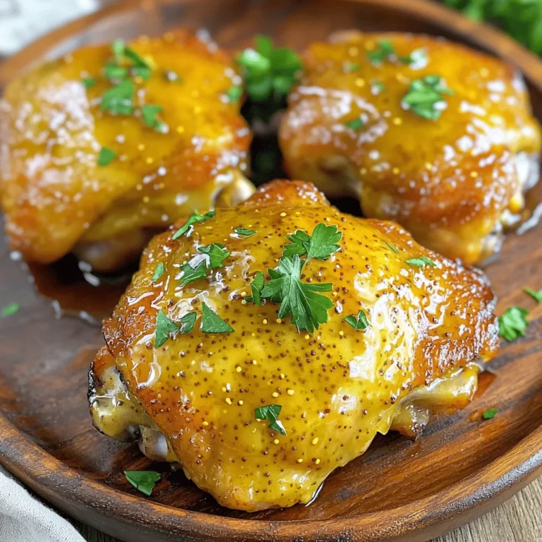 - 4 chicken thighs, boneless and skinless - 3 tablespoons Dijon mustard - 3 tablespoons honey - 2 tablespoons olive oil - 1 garlic clove, minced - 1 teaspoon paprika - Salt and pepper to taste - Fresh parsley, chopped (for garnish) For this Air Fryer Honey Mustard Chicken, you need just a few simple items. The chicken thighs are the star here. They stay juicy and have great flavor. The Dijon mustard adds a sharp taste. Honey gives a nice sweetness that balances it all out. You will also need olive oil, which helps the marinade stick. Garlic adds an aromatic punch. Paprika gives a mild smokiness and color. Don't forget to season with salt and pepper to enhance the flavors. Lastly, fresh parsley adds a bright touch when you serve it. Make sure to have all these ingredients ready. It makes the cooking process smooth and fun! To start, I whisk together some key ingredients. In a medium bowl, combine 3 tablespoons of Dijon mustard, 3 tablespoons of honey, and 2 tablespoons of olive oil. Next, add one minced garlic clove, a teaspoon of paprika, salt, and pepper. Whisk until smooth. This mix is sweet and tangy. It brings out the best in the chicken. Now, you want to coat the chicken evenly. Place the 4 chicken thighs in a resealable bag or a shallow dish. Pour the marinade over the chicken. Make sure the chicken gets a good coat. This step is key for flavor. For the best taste, marinate the chicken for at least 30 minutes. If you have more time, go for up to 2 hours. This helps the flavors soak in. Store the chicken in the fridge while it marinates. If you use a bag, seal it tight. If you use a dish, cover it with plastic wrap. Before cooking, preheat the air fryer to 380°F (190°C). This takes about 5 minutes. Once hot, take the chicken out of the marinade. Let the excess drip off. Now, arrange the chicken thighs in the air fryer basket. Make sure they are in a single layer. This helps them cook evenly. Cook for 10-12 minutes. Flip the chicken halfway through to ensure even cooking. Check that the chicken reaches an internal temperature of 165°F (75°C). After cooking, let the chicken rest for a few minutes. This makes it juicy. Finally, slice and garnish with fresh parsley before serving. Enjoy your tasty meal! To get that perfect crisp on your chicken, avoid overcrowding the air fryer basket. When you pack too many pieces in, steam builds up. This steam makes the chicken soggy instead of crispy. Also, keep in mind the thickness of your chicken thighs. If they are thicker, they may need more time to cook. Check the internal temperature. It should reach 165°F (75°C) for safe eating. Adjust the cooking time as needed. You can add more flavor to your chicken with herbs and spices. Try adding fresh thyme, rosemary, or even a pinch of cayenne for some heat. Each herb brings a different taste profile. If you want to switch things up, consider using different sweeteners or mustards. Maple syrup or agave nectar can replace honey. You can also use yellow mustard instead of Dijon for a milder flavor. Experiment with what you have on hand! {{image_2}} You can use many cuts of chicken for this recipe. I often choose boneless, skinless thighs. They stay juicy and cook evenly. Bone-in pieces also work, but they take longer to cook. If you prefer chicken breasts, just slice them in half. This helps them cook faster and stay tender. You can mix things up with the sauce too. Consider adding some heat with spicy honey mustard. Just add a dash of hot sauce or chili flakes to the mix. For a fresh twist, try adding citrus flavors. A splash of lemon or orange juice brightens the sauce. It gives the chicken a nice zing. To complete your meal, pair the chicken with good sides. I love serving it with roasted veggies. They add color and nutrition to the plate. You could also try a simple salad. A fresh green salad with a light vinaigrette works great. Mashed potatoes or rice are also good options. They soak up the sauce well. To store leftover Air Fryer Honey Mustard Chicken, let it cool first. Place the chicken in an airtight container. This helps keep it fresh for up to three days. You can also wrap it tightly in plastic wrap. Avoid leaving it out at room temperature for more than two hours. This can lead to foodborne illness. To freeze the chicken, wrap it well in plastic wrap or aluminum foil. Place it in a freezer-safe bag or container. This keeps the chicken good for up to three months. When you want to eat it, thaw it in the fridge overnight. Never thaw chicken at room temperature; this can cause bacteria to grow. To reheat, you can use the air fryer again. Set it to 350°F (175°C) and cook for about 8-10 minutes. This will keep the chicken juicy and warm. Cooking chicken in an air fryer usually takes 10 to 12 minutes. The exact time may vary based on the chicken's size. For chicken thighs, 10 to 12 minutes is perfect. If you use chicken breasts, they might need 12 to 15 minutes. Always check the internal temperature. It should reach 165°F (75°C) for safety. Yes, you can use other mustards. Yellow mustard or spicy brown mustard work well. Each type adds a unique flavor. If you want a milder taste, yellow mustard is great. For a kick, try spicy brown. You can get creative and mix different mustards for fun flavors. If your chicken isn't crispy, try a few tips. First, make sure you don't overcrowd the air fryer basket. This allows hot air to circulate. Second, try adding a light spray of olive oil before cooking. This can help create a crispier crust. Lastly, you can cook it a bit longer, checking every minute. This blog post covered a tasty air-fryer chicken dish. We went through the ingredients, detailed instructions, and tips for perfecting your meal. I also shared variations to keep things fun and fresh. Whether you have leftover chicken or want to try a new sauce, there are plenty of options. I hope you feel excited to make this dish at home. Enjoy every bite and make it your own!