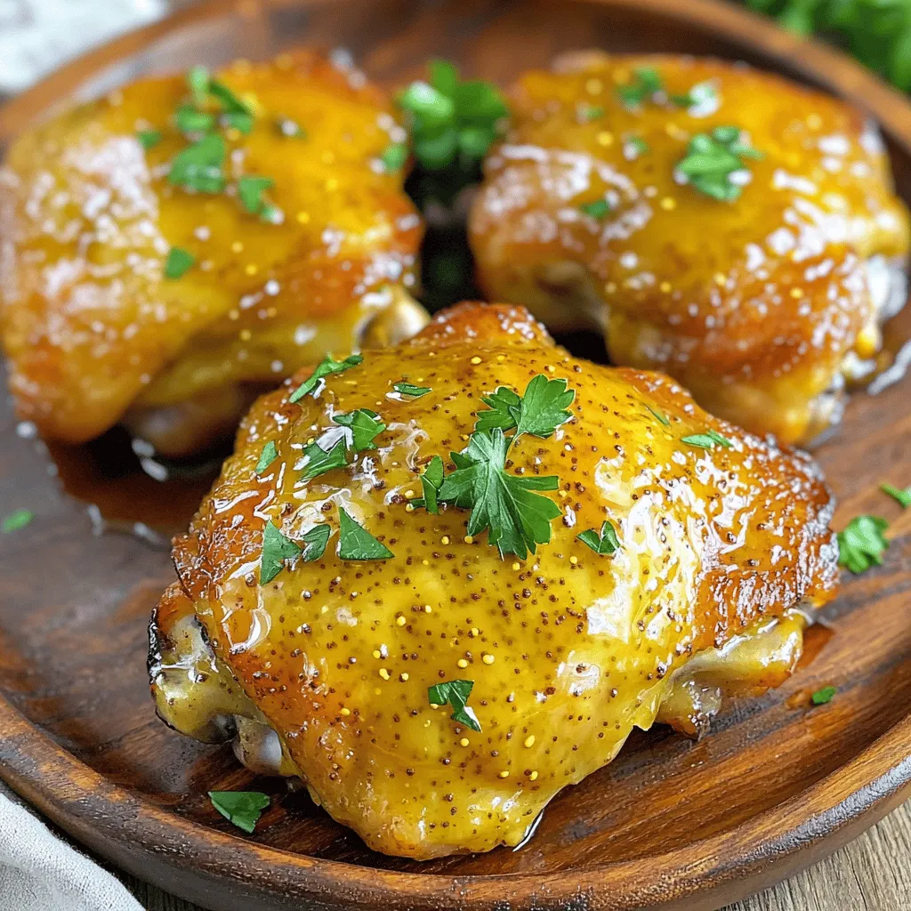 - 4 chicken thighs, boneless and skinless - 3 tablespoons Dijon mustard - 3 tablespoons honey - 2 tablespoons olive oil - 1 garlic clove, minced - 1 teaspoon paprika - Salt and pepper to taste - Fresh parsley, chopped (for garnish) For this Air Fryer Honey Mustard Chicken, you need just a few simple items. The chicken thighs are the star here. They stay juicy and have great flavor. The Dijon mustard adds a sharp taste. Honey gives a nice sweetness that balances it all out. You will also need olive oil, which helps the marinade stick. Garlic adds an aromatic punch. Paprika gives a mild smokiness and color. Don't forget to season with salt and pepper to enhance the flavors. Lastly, fresh parsley adds a bright touch when you serve it. Make sure to have all these ingredients ready. It makes the cooking process smooth and fun! To start, I whisk together some key ingredients. In a medium bowl, combine 3 tablespoons of Dijon mustard, 3 tablespoons of honey, and 2 tablespoons of olive oil. Next, add one minced garlic clove, a teaspoon of paprika, salt, and pepper. Whisk until smooth. This mix is sweet and tangy. It brings out the best in the chicken. Now, you want to coat the chicken evenly. Place the 4 chicken thighs in a resealable bag or a shallow dish. Pour the marinade over the chicken. Make sure the chicken gets a good coat. This step is key for flavor. For the best taste, marinate the chicken for at least 30 minutes. If you have more time, go for up to 2 hours. This helps the flavors soak in. Store the chicken in the fridge while it marinates. If you use a bag, seal it tight. If you use a dish, cover it with plastic wrap. Before cooking, preheat the air fryer to 380°F (190°C). This takes about 5 minutes. Once hot, take the chicken out of the marinade. Let the excess drip off. Now, arrange the chicken thighs in the air fryer basket. Make sure they are in a single layer. This helps them cook evenly. Cook for 10-12 minutes. Flip the chicken halfway through to ensure even cooking. Check that the chicken reaches an internal temperature of 165°F (75°C). After cooking, let the chicken rest for a few minutes. This makes it juicy. Finally, slice and garnish with fresh parsley before serving. Enjoy your tasty meal! To get that perfect crisp on your chicken, avoid overcrowding the air fryer basket. When you pack too many pieces in, steam builds up. This steam makes the chicken soggy instead of crispy. Also, keep in mind the thickness of your chicken thighs. If they are thicker, they may need more time to cook. Check the internal temperature. It should reach 165°F (75°C) for safe eating. Adjust the cooking time as needed. You can add more flavor to your chicken with herbs and spices. Try adding fresh thyme, rosemary, or even a pinch of cayenne for some heat. Each herb brings a different taste profile. If you want to switch things up, consider using different sweeteners or mustards. Maple syrup or agave nectar can replace honey. You can also use yellow mustard instead of Dijon for a milder flavor. Experiment with what you have on hand! {{image_2}} You can use many cuts of chicken for this recipe. I often choose boneless, skinless thighs. They stay juicy and cook evenly. Bone-in pieces also work, but they take longer to cook. If you prefer chicken breasts, just slice them in half. This helps them cook faster and stay tender. You can mix things up with the sauce too. Consider adding some heat with spicy honey mustard. Just add a dash of hot sauce or chili flakes to the mix. For a fresh twist, try adding citrus flavors. A splash of lemon or orange juice brightens the sauce. It gives the chicken a nice zing. To complete your meal, pair the chicken with good sides. I love serving it with roasted veggies. They add color and nutrition to the plate. You could also try a simple salad. A fresh green salad with a light vinaigrette works great. Mashed potatoes or rice are also good options. They soak up the sauce well. To store leftover Air Fryer Honey Mustard Chicken, let it cool first. Place the chicken in an airtight container. This helps keep it fresh for up to three days. You can also wrap it tightly in plastic wrap. Avoid leaving it out at room temperature for more than two hours. This can lead to foodborne illness. To freeze the chicken, wrap it well in plastic wrap or aluminum foil. Place it in a freezer-safe bag or container. This keeps the chicken good for up to three months. When you want to eat it, thaw it in the fridge overnight. Never thaw chicken at room temperature; this can cause bacteria to grow. To reheat, you can use the air fryer again. Set it to 350°F (175°C) and cook for about 8-10 minutes. This will keep the chicken juicy and warm. Cooking chicken in an air fryer usually takes 10 to 12 minutes. The exact time may vary based on the chicken's size. For chicken thighs, 10 to 12 minutes is perfect. If you use chicken breasts, they might need 12 to 15 minutes. Always check the internal temperature. It should reach 165°F (75°C) for safety. Yes, you can use other mustards. Yellow mustard or spicy brown mustard work well. Each type adds a unique flavor. If you want a milder taste, yellow mustard is great. For a kick, try spicy brown. You can get creative and mix different mustards for fun flavors. If your chicken isn't crispy, try a few tips. First, make sure you don't overcrowd the air fryer basket. This allows hot air to circulate. Second, try adding a light spray of olive oil before cooking. This can help create a crispier crust. Lastly, you can cook it a bit longer, checking every minute. This blog post covered a tasty air-fryer chicken dish. We went through the ingredients, detailed instructions, and tips for perfecting your meal. I also shared variations to keep things fun and fresh. Whether you have leftover chicken or want to try a new sauce, there are plenty of options. I hope you feel excited to make this dish at home. Enjoy every bite and make it your own!