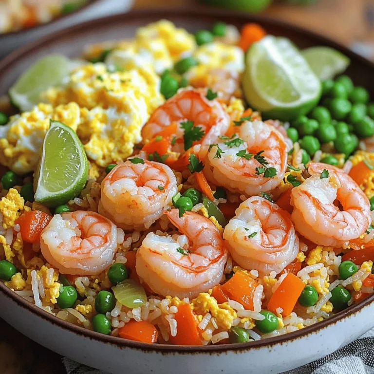 - 1 cup jasmine rice (cooked and cooled) - 200g shrimp, peeled and deveined - 2 tablespoons vegetable oil - 1 small onion, chopped - 2 cloves garlic, minced - 1 bell pepper (red or yellow), diced - 1 cup frozen peas and carrots mix - 2 eggs, beaten - 3 tablespoons soy sauce - 1 tablespoon sriracha (adjust for heat preference) - 1 teaspoon sesame oil - 2 green onions, sliced - Salt and pepper to taste - Lime wedges for garnish - Extra green onions for a pop of color This shrimp fried rice recipe serves four people. Each serving contains approximately: - Calories: 350 - Protein: 20g - Carbohydrates: 40g - Fat: 12g - Fiber: 3g This dish is a great source of protein and is balanced with vegetables. Enjoy it as a filling meal any time of the day! To start, heat 1 tablespoon of vegetable oil in a large skillet or wok. Make sure the heat is medium-high. Add the shrimp and season them with a pinch of salt and pepper. Cook the shrimp until they turn pink, about 2 to 3 minutes. When they are done, remove them from the pan and set them aside. This step ensures your shrimp stay juicy and flavorful. In the same skillet, add the other tablespoon of vegetable oil. Sauté the chopped onion and minced garlic for about 2 minutes. You want them to smell good and look translucent. Next, add the diced bell pepper and the frozen peas and carrots mix. Cook these for 3 to 4 minutes until they soften. This mix of colors adds great taste and nutrition. Now, push the vegetables to one side of the skillet. Pour the beaten eggs into the empty space. Scramble the eggs until they are fully cooked, then mix them with the veggies. Add the cooled jasmine rice next, breaking any clumps. Stir everything well. Pour in the soy sauce, sriracha, and sesame oil, then toss in the cooked shrimp. Mix until everything is hot and well combined. Finally, remove the skillet from heat and stir in the sliced green onions for a fresh crunch. Adjust with more salt, pepper, or sriracha to taste. Enjoy this simple and savory shrimp fried rice that is sure to impress! To make great shrimp fried rice, start with jasmine rice. Cook it ahead of time. Use 1 cup of water for every cup of rice. After cooking, let it cool. This helps the rice grains stay separate. If you don’t cool the rice, it can turn mushy. You can also use day-old rice for best results. It’s drier and works well in stir-frying. Soy sauce is key for flavor. Use 3 tablespoons to season your fried rice. If you like heat, add sriracha, starting with 1 tablespoon. Sesame oil adds a nice nutty taste. Mix these in to boost the dish. You can also add lime juice for a fresh zing. Just squeeze some lime wedges on top before serving. One mistake is overcrowding the skillet. This can lead to steaming instead of frying. Cook the shrimp and veggies in batches if needed. Another mistake is not seasoning the rice. Always add salt and pepper to enhance taste. Lastly, don’t skip the green onions. They add crunch and freshness. Remember, small details make your shrimp fried rice shine! {{image_2}} You can use different types of rice for this dish. Brown rice adds a nutty flavor. Cauliflower rice is a great low-carb option. For protein, shrimp is tasty, but chicken or tofu works well too. Just cook them like the shrimp. Adjust the cooking time for chicken to ensure it’s cooked through. Feel free to add more veggies! Broccoli, snap peas, or corn add color and crunch. Try adding spices like ginger for warmth or chili flakes for heat. You can also mix in fresh herbs like cilantro for extra flavor. Just aim for a good balance. To make this dish vegetarian, remove the shrimp and eggs. Use tofu or tempeh instead. For a vegan option, skip the eggs and add more veggies. You can also try using nutritional yeast for a cheesy flavor. This keeps it healthy and delicious for everyone! To keep your shrimp fried rice fresh, store it in an airtight container. Let it cool to room temperature before sealing. This step helps prevent moisture buildup. Place it in the fridge if you plan to eat it within a few days. Aim to eat leftovers within three days for the best taste. Reheat your shrimp fried rice in a skillet or microwave. If using a skillet, add a splash of water or oil. Heat over medium heat, stirring often. This method keeps the rice from getting dry. If you use a microwave, cover your dish with a damp paper towel. Heat in short bursts, stirring in between, until hot. You can freeze shrimp fried rice for later use. First, let it cool completely. Then, portion it into freezer-safe bags. Be sure to squeeze out excess air before sealing. Label the bags with the date. Frozen shrimp fried rice lasts up to three months. When ready to eat, thaw it in the fridge overnight before reheating. Yes, you can use uncooked shrimp. Just cook them first. Heat a skillet and add oil. Cook the shrimp until they turn pink, about 2-3 minutes. This step adds great flavor and texture. I recommend jasmine rice for fried rice. It has a nice aroma and fluffy texture. You can use leftover rice, too. Freshly cooked rice can be too sticky. Let it cool for better results. To add heat, mix in more sriracha. You can also add red pepper flakes or diced jalapeños. Adjust the spice level to fit your taste. A little heat can boost the dish's flavor and excitement. In this article, we covered the key ingredients for shrimp fried rice, from shrimp to veggies. I shared step-by-step instructions for perfect cooking. We explored tips to enhance flavor and avoid mistakes. You can even try variations like making it vegan. Remember to store leftovers properly and reheating them right. Experiment with the recipe and make it your own. Enjoy your cooking journey, and have fun with shrimp fried rice!