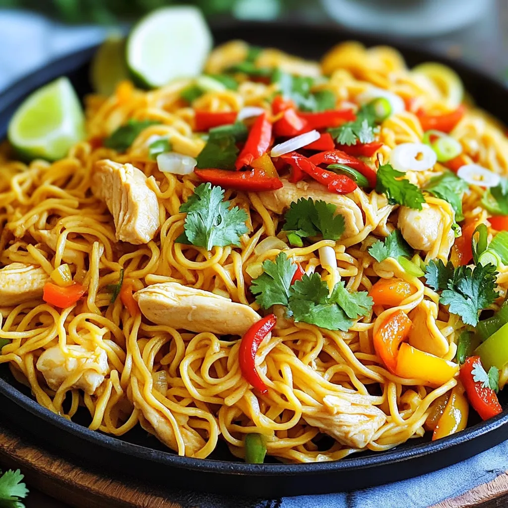 - 250g egg noodles - 200g chicken breast - 4 cloves garlic - 1 red chili - 2 tablespoons soy sauce - 1 tablespoon sesame oil - 1 tablespoon vegetable oil - 1 bell pepper - 3 spring onions - Salt and pepper - Fresh cilantro - Lime wedges Gathering fresh ingredients is key to this dish. The egg noodles serve as a great base. Chicken breast adds protein and flavor. Garlic and red chili bring bold taste. Soy sauce and sesame oil give it a rich umami kick. I love adding bell pepper for crunch. Spring onions add a nice touch of color. Don't forget salt and pepper for seasoning. Fresh cilantro makes a perfect garnish. Lime wedges add a zesty touch when you serve. Make sure you have all these ingredients ready. It helps the cooking process go smoothly. You can even prep some items in advance. Chop the veggies and slice the chicken ahead of time. This way, you can whip up the dish in just 15 minutes. To start, cook 250g of egg noodles. Follow the package instructions carefully. Once they are soft, drain them in a colander. Rinse the noodles under cold water. This stops them from cooking too much. Set the noodles aside for later. Next, grab a large skillet or wok. Heat 1 tablespoon of vegetable oil over medium-high heat. Add 200g of thinly sliced chicken breast. Season it with a pinch of salt and pepper. Stir-fry the chicken for 3 to 4 minutes. Cook until it turns golden and is no longer pink inside. Now, it’s time to add flavor. Toss in 4 minced garlic cloves and 1 finely chopped red chili. Stir continuously for 1 to 2 minutes. This makes the garlic fragrant. Then, add 1 sliced bell pepper and 3 chopped spring onions. Cook for another 2 minutes. You want the veggies to soften slightly. Finally, drizzle 2 tablespoons of soy sauce and 1 tablespoon of sesame oil over the chicken and veggies. Mix everything well to combine. Then, add the cooked noodles to the skillet. Gently toss everything together until the noodles are heated through. Serve hot, garnished with fresh cilantro and lime wedges for a bright touch. To ensure tender chicken, start with thin slices. Thin pieces cook fast and stay juicy. Marinate the chicken with a bit of soy sauce for added flavor. This step makes a big difference. Cook on high heat but don’t overcrowd the pan. This keeps the chicken from steaming, helping it brown nicely. You can control the heat in this dish easily. Use more or less chili, depending on your taste. If you want it mild, remove the seeds from the chili. For extra heat, add a pinch of red pepper flakes. Always taste as you go, so you find your perfect balance. Speed is key in this recipe. Prepare all your ingredients before you start cooking. Chop the veggies and mince the garlic ahead of time. Use a large skillet or wok to cook everything quickly. High heat helps the chicken and veggies cook fast. Stir constantly to keep everything moving and prevent burning. {{image_2}} If you want to switch it up, try shrimp or tofu. Shrimp cooks fast and adds a nice sweetness. Simply replace the chicken with 200g of shrimp. Sauté it until it turns pink, about 3 minutes. For a vegetarian option, use firm tofu. Press and cube the tofu, then fry it until golden. This will give a great texture and soak up flavors well. You can also change the veggies. Broccoli, snap peas, or carrots work well in this dish. Cut them into bite-sized pieces for easy cooking. Add these veggies with the bell pepper for a colorful mix. They will add crunch and nutrients to your meal. Want to make it even better? Try adding nuts or extra sauces. Cashews or peanuts can give a nice crunch. Toss in a handful when you add the noodles. You can also play with sauces. A splash of oyster sauce or chili paste can add depth. Mix and match to find your favorite flavor. To store leftovers, let the noodles cool down first. Use an airtight container. This keeps the flavors fresh. Place the chicken and noodles together. You can add veggies too. Store in the fridge for up to three days. To reheat the noodles, use a skillet. Add a splash of water or oil. Heat over medium-low heat. Stir often to warm evenly. You can also use a microwave. Place noodles in a microwave-safe dish. Cover with a damp paper towel. Heat in short bursts, stirring in between. This keeps the noodles moist and tasty. To freeze the dish, let it cool completely. Use freezer-safe containers. Separate the chicken from the noodles if you like. This makes it easier to thaw. Store for up to three months. When ready to eat, thaw overnight in the fridge. Reheat on the stove or in the microwave. Enjoy your Garlic Chili Chicken Noodles even after freezing! To boost the spice, add more chopped chili. You can also use chili flakes. If you like heat, try a splash of hot sauce or sriracha. Mix it in just before serving for a punchy kick. Yes, you can use rice noodles, udon, or even whole wheat noodles. Just adjust the cooking time based on the noodle type. Follow the package instructions for best results. To make it vegetarian, replace chicken with tofu or tempeh. You can also add more veggies like broccoli or carrots. Use soy sauce for flavor, and keep everything else the same. Leftovers stay good for about 3 to 4 days in the fridge. Store them in an airtight container. Reheat in a skillet for a quick meal. Enjoy every bite! This recipe for Garlic Chili Chicken Noodles blends flavors and textures well. You learned how to cook the noodles, sauté chicken, and add fresh veggies and spices. I shared tips to make your chicken tender and adjust spice levels to your taste. You can even switch proteins or veggies if you want. Store your leftovers correctly to enjoy them later. With this dish, you can create a meal that suits your cravings. Happy cooking!