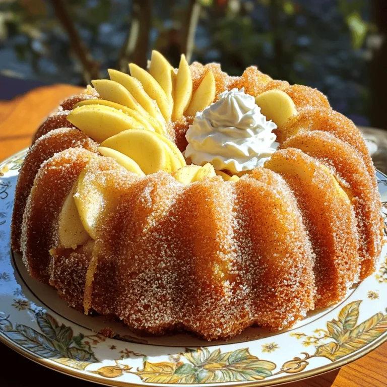 - 2 cups apple cider - 1 cup granulated sugar - 1/2 cup brown sugar, packed - 1/2 cup unsalted butter, softened - 2 large eggs - 1 teaspoon vanilla extract - 3 cups all-purpose flour - 2 teaspoons baking powder - 1 teaspoon baking soda - 1 teaspoon ground cinnamon - 1/2 teaspoon ground nutmeg - 1/4 teaspoon ground ginger - 1/2 teaspoon salt - 1/2 cup melted butter - 1 cup granulated sugar - 2 teaspoons ground cinnamon The apple cider is the star of this cake. It adds a sweet and tangy flavor. You can use fresh cider for the best taste. The sugars create a nice balance of sweetness. Brown sugar gives a deep flavor, while granulated sugar helps with texture. Butter adds richness and moisture to the cake. Eggs give the cake structure and help it rise. Vanilla extract adds a warm note that pairs well with spices. The flour forms the base of your cake. Baking powder and baking soda help it rise. The spices—cinnamon, nutmeg, and ginger—bring warmth and depth. Salt enhances all the flavors. For the coating, melted butter adds shine and helps sugar stick. The cinnamon-sugar mixture makes the cake taste like a cozy fall treat. First, grab your bundt pan. Grease it well with butter or non-stick spray. Then, sprinkle a light dusting of flour inside. This step helps the cake come out smoothly after baking. Next, take the apple cider and pour it into a saucepan. Heat it over medium-high heat until it starts to boil. Once it boils, reduce the heat to low. Let it simmer for about 15 to 20 minutes. You want the cider to reduce to about one cup. After that, take it off the heat and let it cool down. In a large bowl, cream together the granulated sugar, brown sugar, and softened butter. Mix until it looks light and fluffy. Now, add in the eggs, one at a time, and the vanilla extract. Beat until everything blends well. In another bowl, whisk together the flour, baking powder, baking soda, cinnamon, nutmeg, ginger, and salt. Gradually add this dry mix to the wet mixture. Alternate with the reduced apple cider. Start and end with the flour mix. Just mix until it comes together. Be careful not to overmix! Pour the batter into your greased bundt pan. Make sure the top is smooth. Now, place it in the oven and bake for 50 to 60 minutes. To check if it’s done, insert a toothpick into the center. If it comes out clean, it’s ready. Once baked, let it cool in the pan for about 10 to 15 minutes. Then, invert it onto a wire rack to cool completely. While the cake cools, melt some butter in a bowl. In another bowl, mix together the granulated sugar and cinnamon. Once the cake is cool, brush it with the melted butter. Then, sprinkle the cinnamon-sugar mixture generously over the cake. This gives it that classic donut touch! To start, greasing the bundt pan well is key. Use non-stick spray or butter with flour. This helps the cake release easily. Be generous but not too heavy. Make sure to coat all the nooks and crannies. Next, avoid overmixing the batter. This cake needs a light touch. Mix just until the dry and wet ingredients blend. Overmixing can make the cake dense and tough. For a fun twist, try adding nuts or raisins. Chopped walnuts or pecans give a nice crunch. Raisins add sweetness and a chewy texture. Mix them in gently so they spread evenly. You can also play with spices for more flavor. Add a pinch of cardamom or allspice. These will keep the taste fresh and interesting. Have fun with it! Garnishing can make your cake stand out. Serve with thin apple slices on the side. A dollop of whipped cream adds a nice touch, too. Pair your cake with warm drinks. A cup of tea or coffee works well. Hot apple cider is also a great choice. Enjoy the flavors of fall! {{image_2}} To make this cake gluten-free, you can swap all-purpose flour with a gluten-free flour blend. Choose a blend that contains xanthan gum, as it helps mimic the structure of wheat flour. You can also use almond flour or oat flour, but you may need to adjust the liquid in the recipe. Keep an eye on the texture during mixing. You want it to be thick but pourable. If you want a vegan version, replace the eggs with flaxseed meal or chia seeds. Mix one tablespoon of flaxseed meal or chia seeds with three tablespoons of water. Let it sit for a few minutes to form a gel. For butter, use coconut oil or a vegan butter substitute. Both options work well and keep the cake moist. You can add fruit to this cake for extra flavor. Diced apples give a nice crunch and enhance the apple taste. You can also fold in fresh or dried cranberries for a tart twist. Just make sure to reduce the sugar slightly if you add sweeter fruits. This will keep the cake balanced and tasty. You can store your apple cider donut bundt cake at room temperature or in the fridge. If you plan to eat it within two days, keep it at room temperature. Wrap the cake in plastic wrap or place it in an airtight container. This keeps it fresh and moist. If you want it to last longer, store it in the fridge. Just remember, cold air can dry it out. Wrap it well to avoid this. Freezing your bundt cake is easy and keeps it fresh. Here are the steps: 1. Cool the cake completely: Make sure your bundt cake is cool. This helps avoid ice crystals. 2. Wrap it well: Use plastic wrap to cover the cake tightly. Then, wrap it in aluminum foil for extra protection. 3. Label and date: Write the date and name on the foil. This helps you know when it was frozen. 4. Freeze: Place the wrapped cake in the freezer. It can last up to three months. When you want to eat it: - Thaw the cake: Take it out of the freezer. Leave it in the fridge overnight or on the counter for a few hours. - Unwrap carefully: Once thawed, remove the plastic and foil. Let it sit for a bit before serving. Your apple cider donut bundt cake stays fresh for different times based on how you store it: - Room temperature: 2-3 days if wrapped well. - Refrigerator: 5-7 days, but it may dry out if not wrapped. - Freezer: Up to 3 months, maintaining its flavor and texture. Enjoy this cake at its best by following these storage tips! Yes, you can use store-bought apple cider. Look for a brand that is fresh and not too sweet. Organic options often have a good apple flavor. Avoid ciders with added sugars or preservatives. The best cider will enhance the cake’s taste. To stop your bundt cake from sticking, grease the pan well. Use butter or non-stick spray. After greasing, dust the inside with flour. This creates a barrier. Also, let the cake cool in the pan for 10-15 minutes before flipping. This helps it release easily. You can use white sugar if you don’t have brown sugar. The cake will be less rich but still tasty. For a closer match, mix white sugar with molasses. Use one tablespoon of molasses for each cup of white sugar. This adds flavor and moisture. Check the cake around 50 minutes. Insert a toothpick into the center. If it comes out clean or with a few crumbs, the cake is done. If it has wet batter, bake for a few more minutes. The cake should also spring back when lightly pressed. This blog post showed you how to make the perfect Apple Cider Donut Bundt Cake. You learned the main ingredients, how to prepare and bake, and some helpful tips. I shared ways to store and variations to try, which make this cake even more fun. Enjoy this cake with your favorite drinks or share it with loved ones. Keep experimenting, and you will create delightful treats. Happy baking!