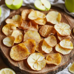 - 2 large apples (Honeycrisp or Fuji) - 1 teaspoon ground cinnamon - 1 tablespoon coconut sugar (or brown sugar) - 1 teaspoon lemon juice - Pinch of salt Gather all your ingredients before you start. Choose large apples like Honeycrisp or Fuji for the best flavor. They have a nice sweetness that pairs well with cinnamon. You’ll need ground cinnamon to add warmth and spice. Coconut sugar or brown sugar gives a subtle caramel flavor. A bit of lemon juice brightens the apples and helps stop browning. Lastly, a pinch of salt enhances all the flavors. With these simple ingredients, you’ll create a crunchy snack that’s both healthy and delicious. This recipe is easy and quick, perfect for any time of day! Start by washing and drying your apples. This step is key to getting rid of dirt. Next, slice the apples very thinly. You can use a mandoline slicer for even cuts or a sharp knife if you prefer. Aim for about 1/8 inch thick slices. To remove the cores, use a core remover or simply leave them in for a rustic look. In a small bowl, combine 1 teaspoon of ground cinnamon, 1 tablespoon of coconut sugar, and a pinch of salt. This mix brings out the apple's natural sweetness. Stir well to ensure the flavors blend. Place the apple slices in a large mixing bowl. Drizzle 1 teaspoon of lemon juice over them. This step helps keep the apples fresh and adds a nice zing. Toss the slices gently to coat them. Sprinkle the cinnamon sugar mix over the apples and toss again. Make sure every slice gets a good coating. Preheating your air fryer is important. Set it to 300°F (150°C) and let it warm up for about 5 minutes. This step ensures even cooking from the start. Lightly spray the air fryer basket with cooking spray. Lay out the apple slices in a single layer. Avoid overcrowding; this helps them cook evenly. If you have many slices, do this in batches. Cook the apple slices in the air fryer for about 15 to 20 minutes. Shake the basket halfway through to ensure they cook evenly. Keep an eye on them in the last few minutes. You want them crisp but not burnt. Once done, take the chips out of the air fryer. Let them cool for a few minutes. This cooling step helps them get extra crispy. Enjoy them right away or store in an airtight container for a crunchy snack later! For the best apple chips, use Honeycrisp or Fuji apples. These apples are sweet and crisp. Their texture holds up well during cooking. You can also try Granny Smith apples for a tart kick. Mix different types for fun flavors. Watch your chips closely. They should be crisp but not burnt. Signs of overcooking include dark edges or a strong burnt smell. If you see these signs, remove them right away. Shake the basket halfway through cooking to help them cook evenly. Get creative with your apple chips! Try adding nutmeg or vanilla for extra flavor. You can also sprinkle a bit of sea salt to balance sweetness. For a spicy kick, add a dash of cayenne pepper. These simple changes can make your chips even tastier! {{image_2}} You can change the sweetener in this recipe. Instead of coconut sugar or brown sugar, try using honey or maple syrup. Both add a nice touch of sweetness. Just keep in mind that honey will make the chips stickier. You might need to adjust the cooking time a bit. If you want a sugar-free option, consider using stevia or monk fruit sweetener. These choices keep your snack tasty without extra sugar. Want to add more flavor? You can mix in nutmeg or vanilla. Nutmeg gives a warm, spicy taste. Just a pinch will do. If you use vanilla, a few drops of extract will enhance the sweetness. You can even combine both for a unique twist. These flavors work well with the apples and cinnamon. They make your chips even more special and fun to eat. Don’t stop at apples! You can try pears or even bananas. Slice them thin, just like the apples. Pears have a soft texture and sweet taste. Bananas will turn crispy, too, but watch them closely. They can cook faster than apples. Experiment with your favorite fruits. Each one adds a new flavor to your crunchy snack. To keep your apple chips fresh, use an airtight container. A glass jar or a plastic container works well. Make sure to let the chips cool completely before sealing them up. This helps prevent moisture buildup, which can make them soft. When stored properly, your apple chips can last about one week. You can keep them on the counter or in a cool, dry place. Always check for any signs of moisture or softness before eating. If they seem off, it’s best to toss them. If your apple chips lose their crunch, don’t worry! You can re-crisp them in the air fryer. Just preheat it to 300°F (150°C) and place the chips inside for about 3-5 minutes. This quick warming will help bring back their crunch. Enjoy your snack! Yes, you can use many apple types. Honeycrisp and Fuji work great. Other good choices include Granny Smith for tartness or Gala for sweetness. Each apple gives a unique flavor and texture. For the best crunch, slice apples very thin. Use a mandoline slicer for even cuts. A sharp knife also works but may vary thickness. Aim for about 1/8 inch thick slices. This thickness helps them crisp up well in the air fryer. Watch for a crisp texture. When the chips feel dry to the touch, they are ready. They should not look burnt. A light golden color is a good sign. Check them often in the last few minutes for perfect results. Yes, you can! Use an oven instead. Set it to 200°F (93°C). Place apple slices on a baking sheet. Bake for 1 to 2 hours, flipping halfway through. This method takes longer but gives you tasty chips too. Making air fryer apple chips is simple and fun. We covered everything from choosing the right apples to storing the finished chips. Remember to slice evenly and monitor cooking time for best results. Feel free to mix flavors or try different fruits. In the end, these snacks are healthy and tasty. Enjoy your crispy treats right away or save some for later. With these tips, you can master apple chips and impress family and friends!