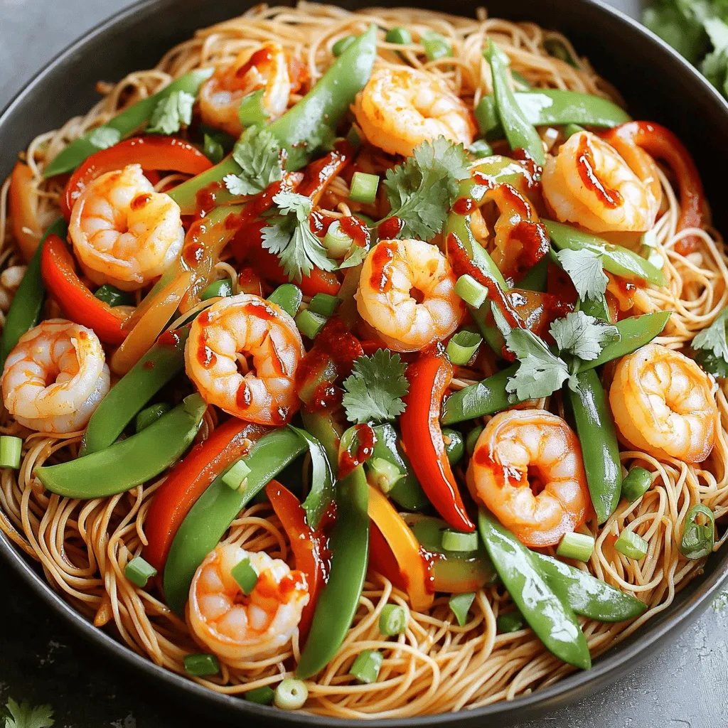 - 8 oz rice noodles - 1 lb shrimp, peeled and deveined - 3 cloves garlic, minced - 2 tablespoons chili sauce (adjust to taste) - 2 tablespoons soy sauce - 2 tablespoons sesame oil - 1 tablespoon olive oil - 1 red bell pepper, sliced - 1 green bell pepper, sliced - 1 cup snap peas - 2 green onions, chopped - Fresh cilantro for garnish - Salt and pepper to taste The rice noodles give a soft base for the dish. They soak up all the sauce. You can use any kind of rice noodles you like. The shrimp should be fresh or thawed completely. I recommend buying shrimp that are already peeled and deveined. This saves time. Garlic adds a nice kick to the dish. Use fresh minced garlic for the best flavor. Chili sauce can be adjusted to your taste. If you like it spicy, add more. The soy sauce adds umami and saltiness. Sesame oil gives a nutty flavor. The bell peppers and snap peas add color and crunch. Green onions are perfect for garnish. Fresh cilantro adds a bright taste. - Mild: Use 1 tablespoon of chili sauce. - Medium: Use 2 tablespoons of chili sauce. - Spicy: Use 3 tablespoons of chili sauce. Feel free to adjust the spiciness to match your taste. Always remember to taste as you go! First, you need to cook the rice noodles. Follow the package instructions carefully. This usually takes about 5-7 minutes. Once they are done, drain them and rinse under cold water. This stops the noodles from cooking further. Set them aside for later. Next, grab a large skillet or wok. Heat the olive oil over medium-high heat. Add the minced garlic and stir for 30 seconds. You want it fragrant, not burned. Now, add the shrimp to the pan. Season with salt and pepper. Cook for 2-3 minutes until the shrimp turns pink. It should be fully cooked. Then toss in the sliced red and green bell peppers, along with snap peas. Stir-fry these for another 2-3 minutes. You want the veggies to be tender but still crisp. In a small bowl, mix the chili sauce, soy sauce, and sesame oil. Pour this mix over the shrimp and veggies. Stir well to coat everything evenly. Now, add the cooked rice noodles to the skillet. Gently toss all the ingredients together. Heat them through until they are warm and well combined. Finally, take it off the heat. Garnish your dish with chopped green onions and fresh cilantro. Enjoy your Chili Garlic Shrimp Noodles! To get the best flavor, balance the heat and savory notes. Use fresh garlic for a strong taste. Adjust the chili sauce based on your spice level. If you like it hot, go for more. The soy sauce adds depth, while sesame oil gives it a nutty aroma. Mixing these ingredients well is key. Cook shrimp quickly over medium-high heat. This keeps them tender and juicy. When they turn pink, they’re done. Don’t overcrowd the pan; it can cause steaming. Cook in batches if needed. Season with salt and pepper for extra taste. A quick sauté is all you need for perfect shrimp. Rinse cooked noodles under cold water. This stops cooking and prevents stickiness. Use rice noodles for a soft texture that absorbs flavor well. Toss the noodles gently with the sauce. This helps them stay separate and evenly coated. Avoid overcooking; keep them al dente for a great bite. {{image_2}} You can change some ingredients for different flavors. If you don’t have rice noodles, use spaghetti or udon noodles. For shrimp, chicken or tofu works great too. If chili sauce is too spicy, try sweet chili sauce instead. You can also use low-sodium soy sauce for a healthier option. To make the dish more exciting, add extra veggies. Broccoli, carrots, or mushrooms fit in well. You can toss in some crushed red pepper for more heat. A squeeze of lime juice adds a fresh touch. Want more crunch? Try adding roasted peanuts or cashews on top. You can cook this dish in different ways. Instead of a skillet, use a grill pan for a smoky flavor. A pressure cooker can speed up cooking time. You can even make this dish in an air fryer for a crispy twist. Each method brings a unique taste to this dish! After enjoying your Chili Garlic Shrimp Noodles, let them cool down. Place the leftovers in an airtight container. This keeps them fresh for up to three days in the fridge. Make sure to keep the shrimp and noodles together. This helps the flavors blend well. To reheat, use a skillet over medium heat. Add a splash of water or oil to prevent sticking. Heat until warmed through, stirring often. You can also use a microwave. Place the noodles in a bowl, cover with a damp paper towel, and heat in short bursts until hot. Stir between bursts. You can freeze the noodles and shrimp for up to two months. Place them in a freezer-safe bag or container. Make sure to remove as much air as possible. When ready to eat, thaw in the fridge overnight. Reheat as mentioned above to enjoy your meal again. Yes, you can make this dish in advance. Cook the noodles and shrimp ahead of time. Store them in the fridge in an airtight container. When you're ready to eat, just reheat everything in a skillet. This way, you save time and enjoy a quick meal. Chili Garlic Shrimp Noodles pair well with various sides. Here are some ideas: - Steamed broccoli - Fried rice - A fresh green salad - Egg rolls or spring rolls These options add texture and flavor to your meal. Yes, you can easily make this dish gluten-free. Use gluten-free soy sauce or tamari instead of regular soy sauce. Be sure to check the rice noodle package to confirm they are gluten-free. Enjoy your tasty meal without worry! You've learned about the key ingredients and cooking steps for tasty chili garlic shrimp noodles. I shared tips to enhance flavors and achieve the right noodle texture. Exploring variations helps you customize the dish to your taste. Storing and reheating leftovers ensures you enjoy this meal later. Finally, I answered common questions to boost your cooking confidence. Use this guide to create a delicious dish that impresses yourself and others. Enjoy your cooking journey!