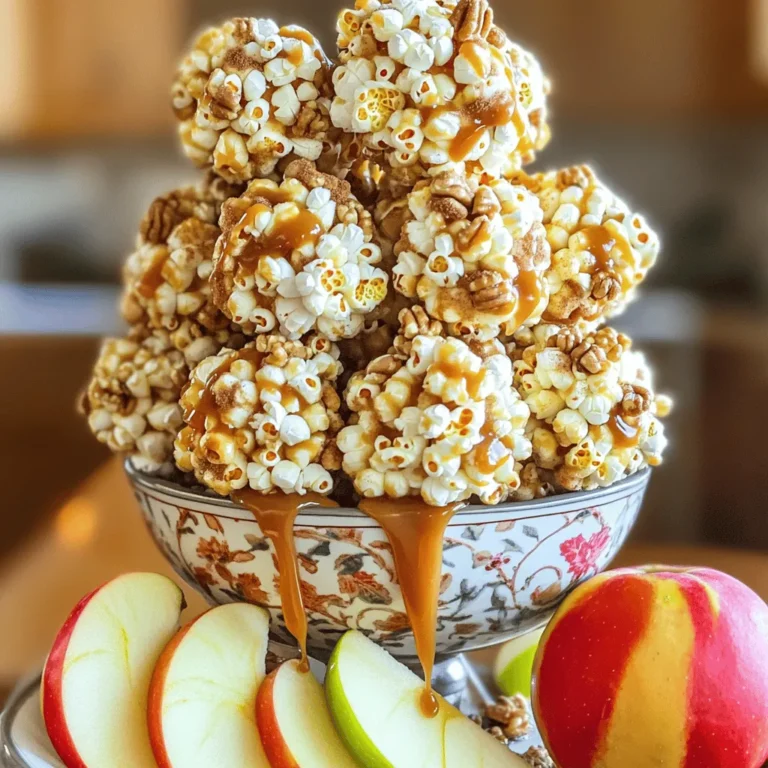 - 10 cups popped popcorn (about 1/2 cup kernels) - 1 cup apple cider - 1 cup granulated sugar - 1/2 cup unsalted butter - 1/4 cup light corn syrup - 1 teaspoon vanilla extract - 1/2 teaspoon cinnamon - 1/4 teaspoon nutmeg - 1/2 teaspoon salt - Optional: 1 cup chopped nuts (walnuts or pecans) - Calories per serving: About 150-200 calories - Breakdown of macronutrients: - Carbohydrates: 25-30g - Protein: 1-2g - Fat: 7-10g This treat packs flavor and crunch, perfect for fall gatherings. The apple cider brings a sweet and tangy note. The spices add warmth and depth to the caramel. Each bite is a cozy reminder of autumn days. You can easily adjust the recipe by adding nuts or more spices. Have fun with it! Popping the popcorn Start by popping the popcorn. You can use a large pot or an air popper. If using a pot, heat it over medium heat. Add about 1/2 cup of popcorn kernels. Cover it and wait for the kernels to pop. Once done, pour the popcorn into a big bowl. Remove any unpopped kernels. Making the apple cider reduction Next, grab a medium saucepan. Pour in 1 cup of apple cider. Turn the heat to medium and bring it to a boil. Once boiling, lower the heat. Let it simmer for about 20 minutes. It should reduce to about 1/3 cup. Remove it from heat and let it cool a bit. Preparing the caramel In another saucepan, combine 1 cup of granulated sugar, 1/2 cup of unsalted butter, and 1/4 cup of light corn syrup. Add 1/2 teaspoon of cinnamon, 1/4 teaspoon of nutmeg, and 1/2 teaspoon of salt. Cook over medium heat. Stir often until it boils. Let it boil without stirring for 4 to 5 minutes. The color should turn deep golden. Mixing caramel with popcorn Now, take the caramel off the heat. Stir in the reduced apple cider and 1 teaspoon of vanilla extract. Be careful, as the mix might bubble up. Pour this caramel over your popped popcorn. Gently stir until the popcorn is fully coated. Adding optional ingredients If you like, fold in 1 cup of chopped nuts like walnuts or pecans. This adds a nice crunch and flavor to your popcorn balls. Forming the popcorn balls Let the mixture cool for about 10 to 15 minutes. It should be warm but easy to handle. Grease your hands with a little butter. Take small handfuls of the mixture and form balls. Aim for the size of a golf ball. Cooling time Place the popcorn balls on a parchment-lined baking sheet. Let them sit at room temperature for about 30 minutes. This helps them firm up. Tips for shaping If the mixture is too sticky, you can grease your hands more. This makes it easier to shape the balls. Make sure they are well-formed so they hold together well. Enjoy your tasty fall treat! - Monitoring temperature: Use a candy thermometer. The right temperature is key. Aim for 240°F to 250°F for a rich caramel. This ensures it will harden well and hold shape. - Avoiding sugar crystallization: Stir the mixture gently, but not too much. If sugar crystals form, you may end up with grainy caramel. Adding a little corn syrup helps keep the caramel smooth. - Using fresh kernels: Make sure your popcorn kernels are fresh. Old kernels may not pop well. Store them in an airtight container to keep them fresh. - Methods for popping: You can use an air popper or the stovetop. If using the stovetop, heat oil in a pot and add kernels. Cover with a lid and shake the pot often to prevent burning. - Presentation ideas: Stack the popcorn balls in a pretty bowl. Drizzle any leftover caramel sauce on top for a gourmet look. You can also sprinkle some chopped nuts over them for extra crunch. - Pairing with beverages: Serve these popcorn balls with warm apple cider or hot chocolate. The flavors blend perfectly and enhance the fall vibe. {{image_2}} To make your apple cider caramel popcorn balls even more fun, try these ideas: - Adding chocolate drizzle: Melt some chocolate and drizzle it over the popcorn balls. This gives a nice sweet touch. You can use dark, milk, or white chocolate depending on your taste. - Using different spices: Mix things up by adding spices like ginger or allspice. This can bring a warm flavor that matches the fall season. If you want to switch things up, consider these swaps: - Alternative sweeteners: Instead of granulated sugar, you can use honey or maple syrup. This adds a unique flavor and can cut down on refined sugars. - Substituting nuts: If you have a nut allergy, try seeds like pumpkin or sunflower seeds. They add a nice crunch without the worry. Making these popcorn balls fit different diets is simple: - Gluten-free options: Use gluten-free popcorn and check your caramel ingredients to ensure they are gluten-free. Most ingredients are naturally gluten-free. - Vegan alternatives: Swap the butter for coconut oil and use a vegan caramel recipe. This way, everyone can enjoy this tasty treat. To keep your apple cider caramel popcorn balls fresh, use an airtight container. This helps prevent them from becoming stale. You can also wrap them in plastic wrap for extra protection. These popcorn balls stay fresh for about a week. After that, they may lose their crunch. If you want to store them longer, freezing is a great option. First, let the popcorn balls cool completely. Then, place them in a single layer on a baking sheet. Freeze them for about an hour until firm. After that, move them to a freezer-safe bag. They can last for up to three months in the freezer. To thaw, simply take them out and let them sit at room temperature for about 30 minutes. If you're in a hurry, you can also microwave them for about 10 seconds on low power. This helps bring back some of their original texture. If your popcorn balls become stale, don’t worry! You can revive them easily. Preheat your oven to 200°F (93°C). Place the popcorn balls on a baking sheet and warm them for 5-10 minutes. This warms them up without making them too soft. For the best texture, enjoy them fresh. But if you need to store them, follow these tips to keep them tasty and enjoyable. You can use an air popper or the stovetop. An air popper is easy and quick. Just add your kernels and turn it on. The popcorn pops up light and fluffy. If you choose stovetop, use a large pot with a lid. Heat oil over medium heat, then add the kernels. Shake the pot as it pops to avoid burning. This method gives you great flavor and control. Yes, you can prepare the popcorn balls in advance. Make the caramel and popcorn, then form the balls. Store them in an airtight container. They will stay fresh for about three days. If you want to keep them longer, consider freezing them. Just make sure to wrap them well. To prevent sticky popcorn balls, keep your hands greased. Use a little butter or cooking spray. This helps the mixture slide off easily. Also, let the caramel cool slightly before mixing. If it's too hot, it can make the popcorn sticky. Lastly, ensure your popcorn is fully coated but not drenched in caramel. This blog post covered a fun recipe for apple cider popcorn balls. You learned about the ingredients, detailed steps, and helpful tips. We discussed flavor variations and storage options, too. By following these tips, you can make your popcorn balls perfect every time. Remember, practice helps improve your skills. Enjoy making this tasty treat, and don’t be afraid to get creative! Your popcorn balls can be a hit at any gathering.