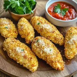 - 1 pound chicken tenders - 1 cup all-purpose flour - 1 cup panko breadcrumbs - ½ cup grated Parmesan cheese - 2 large eggs - 4 cloves garlic, minced - 1 teaspoon Italian seasoning - ½ teaspoon paprika - Salt and pepper to taste For this recipe, I focus on using fresh ingredients. The chicken tenders are the star, so pick high-quality ones. Panko breadcrumbs give a great crunch. Grated Parmesan adds rich flavor. For the coating, I use all-purpose flour for a light base. The eggs help the crumbs stick well. Fresh garlic is key; it boosts the flavor and aroma. When it comes to seasoning, Italian seasoning and paprika add depth. Don’t forget salt and pepper. They enhance all the flavors in the dish. I also suggest using olive oil spray. It keeps the tenders crispy without excess oil. This blend of ingredients makes every bite delicious and satisfying. Enjoy the crunch and flavor of these tasty tenders! Setting Up the Dredging Station First, gather three bowls. Place one bowl with all-purpose flour. In the second bowl, beat two large eggs. In the third bowl, mix panko breadcrumbs, grated Parmesan cheese, minced garlic, Italian seasoning, paprika, salt, and pepper. This mix will add flavor and crunch to the chicken. Mixing the Panko Coating Combine the panko breadcrumbs with cheese and seasonings. This will make a tasty coating. The garlic adds a nice kick. Make sure everything is well blended. Coating Process Take one chicken tender. First, dip it into the flour. Make sure it is fully covered. Next, place it in the beaten eggs. Let the excess egg drip off. Finally, roll it in the panko mixture. Press it down gently to help the coating stick. Ensuring Adherence of Coating This step is key for a crunchy bite. Press the panko firmly onto the chicken. This helps it stick during cooking. Repeat this for each chicken tender. Preheating the Air Fryer Before cooking, preheat the air fryer to 380°F (193°C). This takes about five minutes. Preheating gives the chicken a nice crispy texture. Arranging Chicken Tenders Spray the basket lightly with olive oil. Place the coated chicken tenders in the basket. Make sure they are in a single layer. Do not overcrowd them; this helps them cook evenly. Cooking Time and Temperature Air fry the chicken tenders for 10-12 minutes. Flip them halfway through. Spray them lightly with olive oil again for extra crispiness. They are done when golden brown and reach an internal temperature of 165°F (75°C). Enjoy the aroma while they cook! - Using Olive Oil Spray: A light spray of olive oil helps the tenders crisp up nicely. It also adds a touch of flavor. Just a few spritzes will do the trick. - Importance of Overcrowding: Avoid putting too many tenders in the air fryer at once. If you overcrowd, they won't cook evenly. Give them space to breathe and get that perfect crunch. - Ideal Internal Temperature: The chicken tenders are done when they reach an internal temperature of 165°F (75°C). Use a meat thermometer to check this. It ensures they are safe to eat. - Visual Cues for Cooking: Look for a golden-brown color on the outside. The tenders should be firm to the touch. If they look crispy and golden, you’re close to perfection. - Serving Ideas: Serve your chicken tenders on a nice platter. Pair them with marinara or ranch dipping sauce. This adds a fun twist to your meal. - Garnishing Tips: Fresh parsley or cilantro makes a great garnish. Just sprinkle some on top for a pop of color. It makes the dish look more inviting and tasty. {{image_2}} You can make these chicken tenders even more exciting. Add spices or herbs to suit your taste. Try some cayenne for heat or dried thyme for a fresh touch. A pinch of cumin adds a warm, earthy flavor. You can mix your favorite herbs right into the panko coating. Switching up the cheese is also fun. Instead of Parmesan, use cheddar for a sharper taste. Mozzarella gives a nice, gooey texture. You can even combine different cheeses for a unique flavor blast. Dipping sauces can take your meal to the next level. Homemade marinara works great with these tenders. Its rich tomato flavor complements the garlic and cheese. Just heat it up on the stove, and it’s ready to go! Ranch dressing is a classic choice too. Its creamy texture adds a cool balance. You can also explore other sauces like honey mustard or barbecue. Each sauce brings a new twist to your chicken tenders. For side dishes, consider a fresh salad. A simple green salad with lemon dressing pairs nicely. You might also enjoy some roasted veggies. They add color and nutrition to your plate. If you want a heartier meal, serve the tenders with fries or mashed potatoes. Both options will satisfy your cravings. You could even make a fun platter with chicken tenders and various dips. This way, everyone can enjoy their favorite flavors! After enjoying your Air Fryer Garlic Parmesan Chicken Tenders, you might have some leftovers. To keep them fresh, follow these best practices for refrigeration: - Let the chicken tenders cool to room temperature. - Place them in an airtight container or wrap them tightly in foil. - Store in the fridge. These tenders stay fresh for about 3 to 4 days. If they smell or look off, it’s best to toss them. When you’re ready to enjoy your leftovers, reheating them correctly is key. Here’s how: Using the Air Fryer: - Preheat your air fryer to 375°F (190°C). - Place the chicken tenders in the basket, making sure they are in a single layer. - Air fry for about 5 to 7 minutes until they are hot and crispy. Oven or Microwave Options: - For the oven, preheat it to 375°F (190°C). Place the chicken on a baking sheet and heat for about 10 minutes. - If you use a microwave, heat on medium power for 1 to 2 minutes. However, this may not keep them crispy. If you want to save some tenders for later, freezing is a great option. Here’s how to freeze cooked tenders: - Let the chicken tenders cool completely. - Place them in a single layer on a baking sheet and freeze for 1 to 2 hours. - Once frozen, transfer them to a freezer-safe bag or container. Remove as much air as possible. You can freeze them for up to 3 months. Thawing Instructions: - To thaw, move the tenders to the fridge for about 6 hours or overnight. - You can also microwave them on low power for a quick thaw, but be careful not to cook them. With these tips, you can enjoy your Air Fryer Garlic Parmesan Chicken Tenders even after the first meal! Cook chicken tenders for 10 to 12 minutes at 380°F (193°C). Flip them halfway through cooking. This helps them cook evenly and become crispy. Always check the internal temperature. It should reach 165°F (75°C) for safety. Yes, you can use frozen chicken tenders. However, you need to cook them longer. Increase your cooking time to about 15 to 18 minutes. Make sure to check their temperature to ensure they are fully cooked. You can serve these tasty tenders with many sides. Some great options include: - French fries - Sweet potato fries - A fresh salad - Steamed veggies - Garlic bread These pair well and make a complete meal! This blog post covered how to make Air Fryer Garlic Parmesan Chicken Tenders. We looked at the main and coating ingredients, cooking steps, and tips for perfect results. You learned how to achieve crispiness, check doneness, and present your dish well. We also explored variations, storage methods, and answered common questions. Enjoy making these tasty tenders! They are easy, quick, and a sure hit.