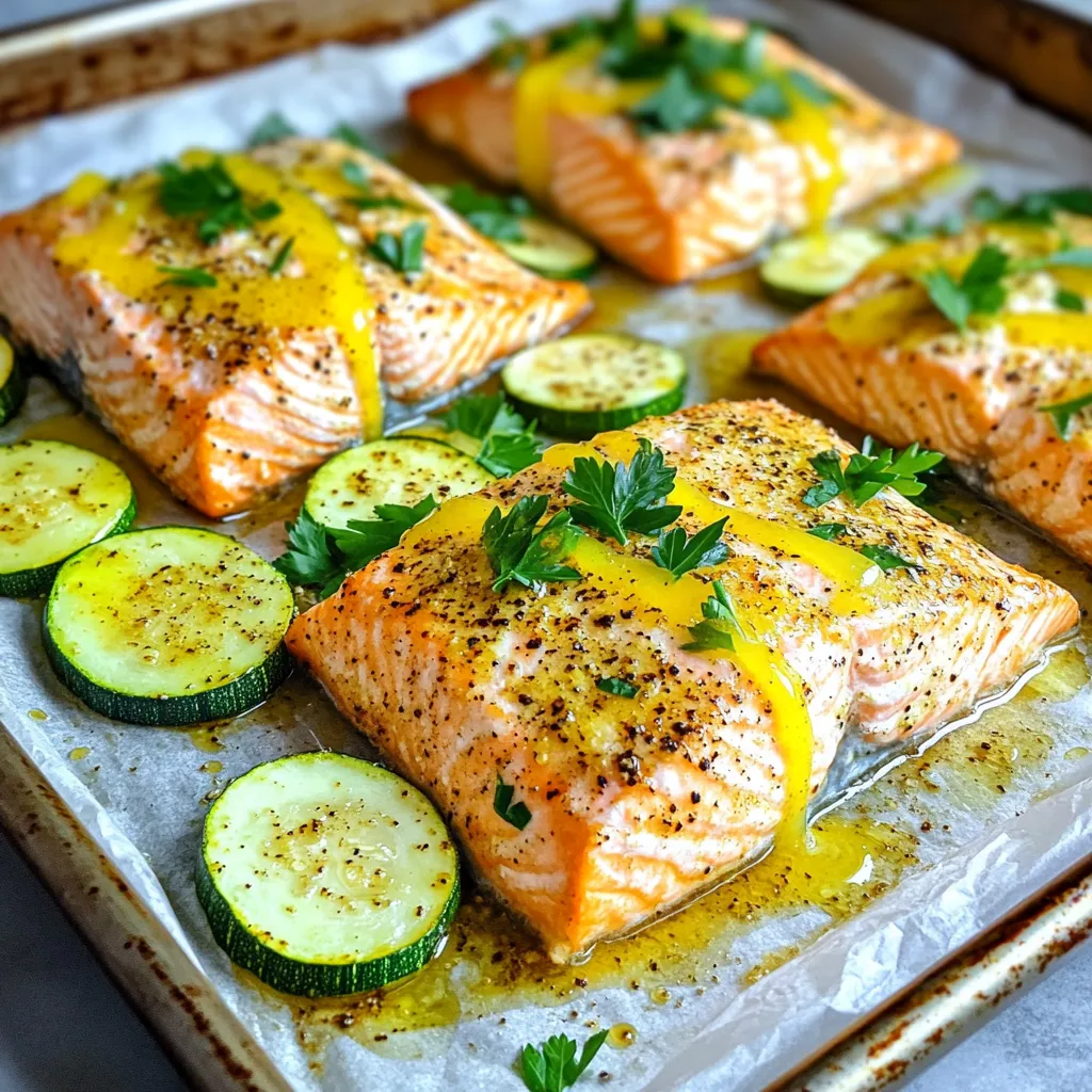 - 4 salmon fillets (6 oz each) Salmon fillets are the star of this dish. They cook quickly and absorb flavors well. Choose fresh, bright fillets for the best taste. If you can, get wild-caught salmon. It’s healthier and tastier than farmed fish. - 2 medium zucchinis, cut into half-moons Zucchini adds a lovely crunch and color. It cooks fast and pairs well with salmon. Try to cut the zucchini into even pieces. This way, they cook at the same rate. - 1 tablespoon olive oil - 2 tablespoons lemon juice (freshly squeezed) - 1 tablespoon lemon zest - 2 teaspoons black pepper - 1 teaspoon garlic powder - 1 teaspoon sea salt - 1 teaspoon dried thyme - Fresh parsley for garnish This seasoning blend enhances the dish's bright flavor. Use fresh lemon juice and zest for the best taste. The black pepper adds a nice kick. Garlic powder deepens the flavor without being too strong. Sea salt and thyme complete the mix. Lastly, parsley gives a pop of color and freshness when you serve it. First, gather all your ingredients. You will need: - 4 salmon fillets (6 oz each) - 2 medium zucchinis, cut into half-moons - 1 tablespoon olive oil - 2 tablespoons lemon juice (freshly squeezed) - 1 tablespoon lemon zest - 2 teaspoons black pepper - 1 teaspoon garlic powder - 1 teaspoon sea salt - 1 teaspoon dried thyme - Fresh parsley for garnish Next, preheat your oven to 400°F (200°C). This heat works well for cooking salmon and zucchini. Line a large sheet pan with parchment paper. It makes cleanup easier. Now, take a small bowl. In it, whisk together olive oil, lemon juice, lemon zest, black pepper, garlic powder, sea salt, and dried thyme. Mix until smooth. Set this aside; we will use it soon. Now, place the salmon fillets in the center of your sheet pan. Make sure they have space around them. Next, arrange the zucchini half-moons around the salmon. They should fit nicely on the pan. Take your lemon pepper mixture and drizzle it over the salmon and zucchini. Make sure every piece gets a good coat. This will add great flavor and help the dish shine. Place the sheet pan in your preheated oven. Bake for 15-20 minutes. The salmon should flake easily with a fork when it's done. The zucchini should be tender but still bright. Once cooked, carefully take the sheet pan out of the oven. Let it rest for a few minutes. This helps the flavors settle. To finish, garnish the dish with chopped fresh parsley. It adds color and freshness. Enjoy your meal! When picking salmon, look for bright color. The flesh should be firm, not mushy. Smell the fish; it should smell like the ocean, not fishy. Check for moisture; fresh salmon should be moist. Ask your fishmonger for the freshest catch. They can guide you to the best options available. Zucchini cooks quickly, so cut it into even pieces. I like half-moons for a nice look. Always wash zucchini well before slicing. Cook it until tender, but don’t overdo it. You want it soft but still bright green. A quick toss in olive oil and seasoning makes it shine. Feel free to adjust seasonings to your taste. If you love spice, add cayenne pepper. For a milder dish, cut back on black pepper. Fresh herbs like dill or basil can add a twist. Experiment with flavors to find what works best for you. Always taste as you go! {{image_2}} You can swap zucchini for many other veggies. Bell peppers add color and crunch. Broccoli florets bring nutrition and taste. Asparagus pairs well with salmon too. Carrots offer a sweet touch. You can even mix in cherry tomatoes for a burst of flavor. Just cut the vegetables to a similar size for even cooking. While lemon pepper is a favorite, try other flavors. A soy sauce mix gives a savory taste. Honey mustard adds a sweet kick. You can use a spicy blend with chili flakes for heat. Try a herb mix with dill or rosemary. Each marinade changes the whole dish. This salmon dish goes well with rice or quinoa for a filling meal. A fresh salad brightens the plate and adds crunch. Serve with crusty bread to soak up the juices. You can also pair it with a light white wine for a fancy touch. Don’t forget to sprinkle extra herbs on top for a pop of color! You can store leftover salmon and zucchini in the fridge. Place them in an airtight container. Keep them for up to three days. The salmon may lose some texture, but it will still taste good. When ready to eat, check for any off smells before using. If you want to save the leftovers longer, freezing works well. Wrap the salmon and zucchini tightly in plastic wrap. Then, place them in a freezer bag. This keeps air out and helps prevent freezer burn. You can freeze them for up to three months. When you are ready to eat, thaw them overnight in the fridge. To reheat, use the oven for the best taste. Preheat your oven to 350°F (175°C). Place the salmon and zucchini on a baking sheet. Cover with foil to keep moisture in. Heat for about 10-15 minutes or until warm. You can also use a microwave, but this may make the fish a bit less tasty. If using a microwave, heat in short bursts to avoid overcooking. Enjoy your meal! Yes, you can use frozen salmon. Just remember to thaw it first. Place the salmon in the fridge overnight. If you are in a hurry, run it under cold water for about an hour. After thawing, pat it dry with paper towels. This helps the seasoning stick better. The cooking time may need slight adjustments. Check for doneness as you bake. Lemon pepper salmon pairs well with many sides. Here are some ideas: - Rice or quinoa for a hearty base - A fresh green salad for crunch - Roasted potatoes for a filling option - Steamed broccoli or green beans for added veggies These sides balance the meal and add more flavors. Salmon is done when it flakes easily with a fork. Insert a fork into the thickest part of the fish. If it breaks apart easily, it’s ready. The color should be opaque and light pink. You can also use a food thermometer. The thickest part should reach 145°F (63°C). This ensures it is safe to eat. This blog post covers making a great dish with salmon and zucchini. We looked at the key ingredients, including salmon fillets and a tasty seasoning blend. I shared step-by-step instructions for prepping and baking. I also gave tips for choosing fresh salmon and cooking zucchini. You can even explore different veggies and marinades for a twist. Lastly, we discussed how to store and reheat your meal. Cooking can be fun and easy, so get started with this recipe!