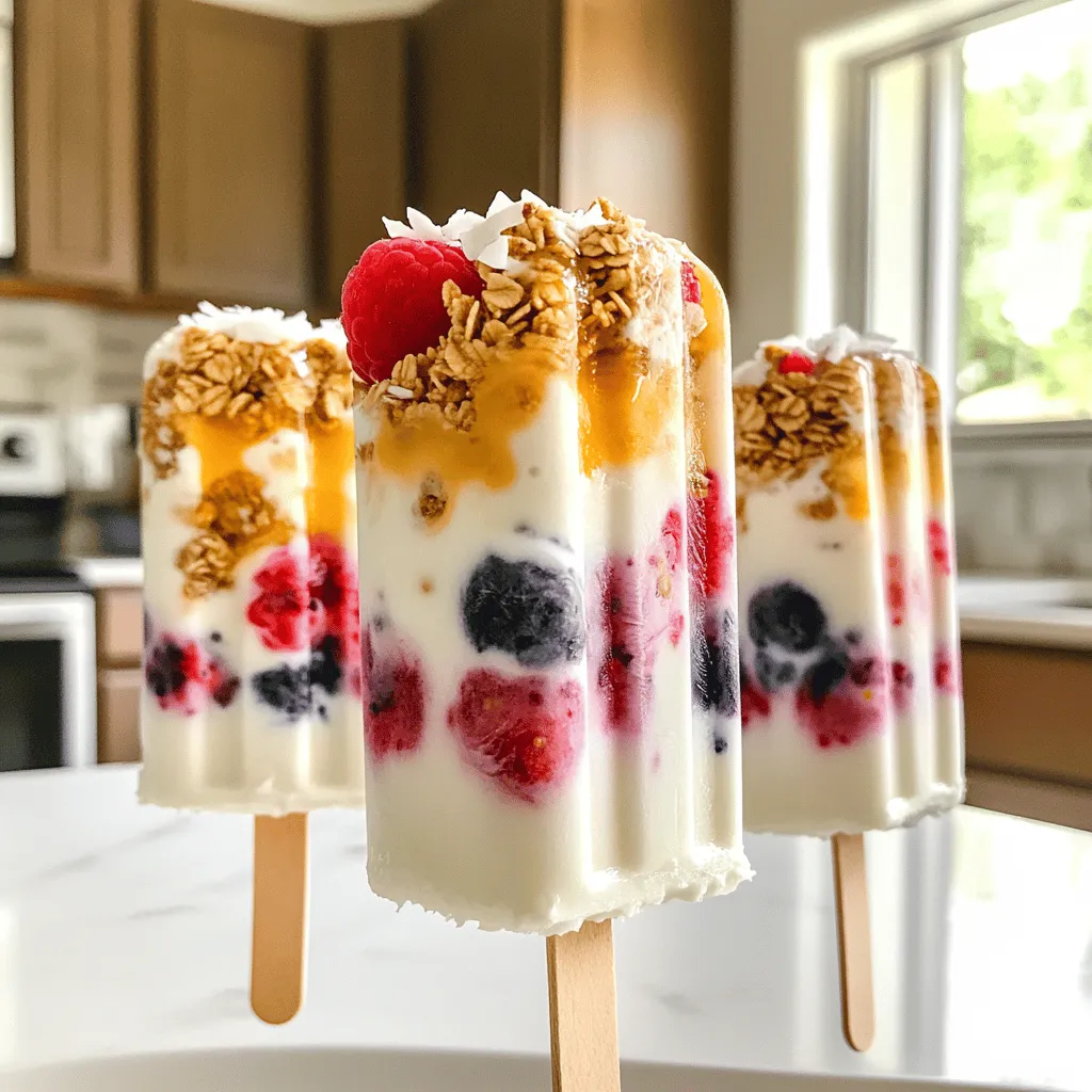 To make Greek Yogurt Parfait Popsicles, you need simple ingredients. Here’s what you’ll need: - 2 cups Greek yogurt (plain or flavored) - 1 cup mixed berries (strawberries, blueberries, raspberries) - 1 tablespoon honey or maple syrup (optional for sweetness) - 1/2 cup granola (preferably clumpy) - 1/2 cup coconut flakes (unsweetened) - 1 teaspoon vanilla extract Each ingredient brings a unique flavor and texture to the popsicles. Greek yogurt is creamy and rich. It gives a great base. The mixed berries add natural sweetness and vibrant color. You can use any berries you like. Honey or maple syrup helps to sweeten the yogurt, but it is not necessary. Granola gives a nice crunch, and coconut flakes add a tropical twist. Finally, vanilla extract enhances the overall flavor. You can mix and match to suit your taste. If you want more sweetness, add more honey or maple syrup. If you love coconut, feel free to add more coconut flakes. Each ingredient works together to create a refreshing treat. - First, wash the mixed berries under cool running water. This removes dirt and germs. - After washing, pat them dry with a clean towel. If you use strawberries, chop them into small pieces. This helps them mix well. - In a medium bowl, take 2 cups of Greek yogurt. You can use either plain or flavored yogurt. - Add 1 tablespoon of honey or maple syrup if you like it sweeter. Then, mix in 1 teaspoon of vanilla extract. - Stir everything together until smooth. This makes the yogurt tasty. - Grab your popsicle molds and start with a spoonful of yogurt at the bottom. This is your first layer. - Next, add a layer of mixed berries. You can use strawberries, blueberries, or raspberries. - After berries, sprinkle some granola on top. This adds a nice crunch. - Keep repeating the layers until the molds are almost full. Finish with a layer of yogurt on top. - Now, sprinkle a few coconut flakes on top of each mold. This gives extra flavor and texture. - If your molds have covers, place them on top. If not, insert popsicle sticks into the center of each mold. - Finally, place the molds in the freezer. Let them freeze for at least 4 to 6 hours. They need to be completely solid before you eat them. You can use plain or flavored Greek yogurt. Plain yogurt gives a tangy taste. Flavored yogurt adds sweetness and fun. I prefer plain yogurt for its versatility. You can mix in your own flavors later. To create beautiful popsicles, layer your ingredients evenly. Start with yogurt at the bottom. Then, add berries and granola. Repeat this until the molds are full. Make sure to finish with yogurt. This helps keep the layers nice and neat. Sweetness is important for taste. If you like it sweet, add honey or maple syrup. Start with one tablespoon and taste. You can always add more. If you want it less sweet, skip the sweetener. The fruit adds natural sweetness too. {{image_2}} You can swap fruits to make new flavors. Try peaches, mangoes, or bananas. Each fruit adds its own taste. You can also mix berries for a fun twist. For sweetness, use agave syrup or stevia instead of honey. This gives options for different diets. If you need dairy-free options, use almond, soy, or coconut yogurt. These work well in the popsicle mix. For gluten-free choices, pick granola made without wheat. Many brands offer tasty gluten-free options. This way, everyone can enjoy the treat! Make your popsicles stand out. Use fun molds shaped like stars or animals. Layer colors for a rainbow effect. You can also drizzle melted chocolate over the top. Serve with fresh fruit on the side for a pretty plate. These ideas make your popsicles look as good as they taste! To keep your Greek Yogurt Parfait Popsicles fresh, store them in a freezer-safe bag or container. Make sure to wrap them tightly to prevent freezer burn. You can also use popsicle molds that have lids. This way, they stay protected from odors in the freezer. These popsicles can last in the freezer for up to two months. After that, they may lose their flavor and texture. If you notice ice crystals forming, it's a sign they are not as fresh. Always label your containers with the date, so you know when to enjoy them! When you're ready to eat a popsicle, take it out of the freezer. Run warm water over the outside of the mold for a few seconds. This helps loosen the popsicle. If you prefer a softer treat, let it sit at room temperature for about five minutes before serving. Enjoy your tasty, refreshing delight! Greek Yogurt Parfait Popsicles need at least 4 to 6 hours to freeze. This time ensures they become solid and easy to enjoy. It’s best to leave them overnight for the best result. You can check them after 4 hours but waiting longer helps them set well. Yes, you can use frozen berries. Frozen berries work well in these popsicles. They add a nice chill and flavor. Just make sure to thaw them slightly before use. This helps them mix better with the yogurt. Fresh berries are great too, but frozen ones are super convenient. Greek Yogurt Parfait Popsicles are healthy and tasty. Each popsicle has about 100 calories. They also contain about 5 grams of protein and around 10 grams of sugar. The exact values depend on the yogurt and sweetener you use. These popsicles offer a good balance of nutrients. To make these popsicles vegan, use plant-based yogurt. Almond, coconut, or soy yogurt are great choices. For sweeteners, use maple syrup instead of honey. These swaps keep the flavor delicious while making the recipe vegan-friendly. Enjoy a creamy treat without dairy! In this post, we explored making Greek Yogurt Parfait Popsicles. We covered the key ingredients, from yogurt to berries and granola. Then, I walked you through each easy step to create these tasty treats. I shared tips for the best layers and how to adjust sweetness. Don’t forget, you can get creative with flavors! Finally, remember to store your popsicles well to keep them fresh. Enjoy these delicious desserts that are fun to make and eat!