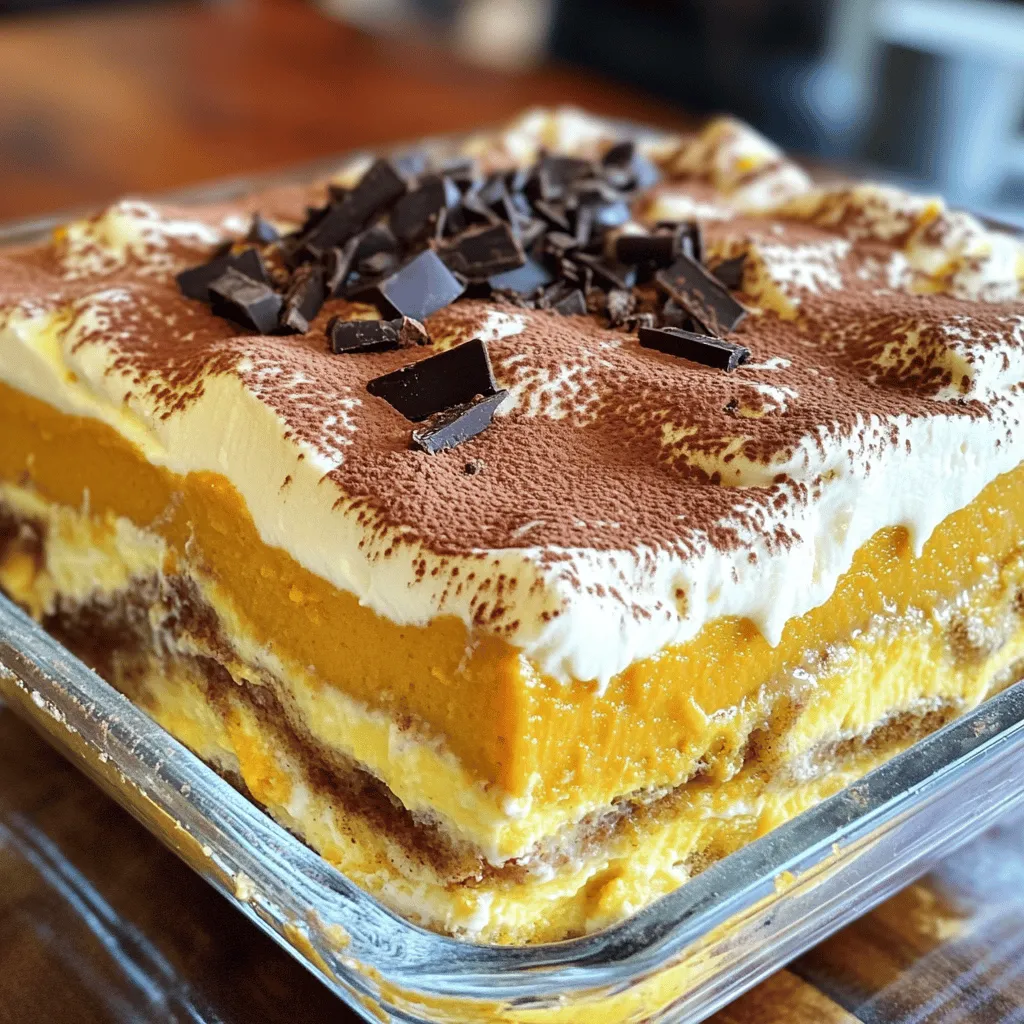 To make Pumpkin Spice Latte Tiramisu, you will need: - 1 cup strong brewed coffee (cooled) - 1 cup pumpkin puree - 1 cup mascarpone cheese - 1 cup heavy cream - ½ cup powdered sugar - 1 teaspoon vanilla extract - 2 teaspoons pumpkin spice blend - 24 ladyfinger cookies - Cocoa powder for dusting - Dark chocolate shavings for garnish You can swap some ingredients if needed. For coffee, use strong tea or a coffee substitute. If you can’t find mascarpone, cream cheese works well. For a lighter option, use low-fat cream instead of heavy cream. If you want a sweeter dessert, add more powdered sugar. You can use any spice blend that fits your taste if you can’t find pumpkin spice. Using fresh and high-quality ingredients makes a big difference. Fresh pumpkin puree adds a rich flavor. Good coffee enhances the overall taste. Mascarpone cheese provides that creamy texture we love in tiramisu. Each ingredient builds layers of flavor, so choose wisely. Quality ingredients mean a more delicious and satisfying dessert. Start by mixing the pumpkin puree, mascarpone cheese, vanilla extract, powdered sugar, and pumpkin spice blend in a bowl. Use an electric mixer on medium speed. Beat until the mix is smooth and creamy. This step gives the filling a rich flavor. Set it aside while you prepare the cream. In another bowl, whip the heavy cream until it forms stiff peaks. This means it holds its shape well. Gently fold the whipped cream into the pumpkin mixture. Use a spatula and make sure not to deflate the cream. This keeps your filling light and airy. Grab a 9x9-inch serving dish. Dip each ladyfinger into the cooled coffee for just a few seconds. Don't soak them too long, or they will get too soggy. Lay the dipped ladyfingers in a single layer at the bottom of the dish. Spread half of the pumpkin filling over the ladyfingers. Smooth it out evenly. Repeat this with another layer of dipped ladyfingers. Finally, top with the rest of the pumpkin filling. Smooth the top with a spatula. Cover the dish with plastic wrap. Refrigerate for at least 4 hours, or overnight for the best taste. Before serving, dust the top with cocoa powder and add dark chocolate shavings for a nice touch. To get a smooth texture, mix the pumpkin puree and mascarpone well. Use an electric mixer to blend these ingredients until they are creamy. This step helps the flavors come together nicely. When you whip the cream, make sure to get stiff peaks. This means the cream holds its shape well. Gently fold the whipped cream into the pumpkin mix. This keeps your filling light and airy. One common mistake is soaking the ladyfingers too long in coffee. If you dip them for too long, they can become soggy. Aim for just a few seconds in the coffee. Another mistake is skipping the chilling time. Let the tiramisu chill for at least four hours. Overnight chilling enhances the flavors. Don’t forget to smooth the top layer before chilling. This gives a nice finish when you serve it. For a special touch, serve your tiramisu in individual cups or bowls. This makes it easy to share. You can add an extra sprinkle of pumpkin spice on top for flair. Dust the top with cocoa powder just before serving. Dark chocolate shavings add a nice visual contrast and taste. Use a clean spatula to smooth out the layers for a neat look. {{image_2}} You can change the flavor of your tiramisu easily. Try using chocolate or caramel instead of pumpkin. For a fruity twist, use berry puree like strawberries or raspberries. Each new flavor can bring a fresh taste to this classic dessert. Do not be afraid to get creative with your ingredients. If you need a gluten-free version, swap ladyfinger cookies with gluten-free sponge cake. You can also use gluten-free ladyfingers, which are now widely available. Just check the label to ensure they are gluten-free. This way, everyone can enjoy this tasty treat without worry. To make this dessert vegan, use dairy-free options. Replace mascarpone cheese with a mix of soaked cashews and coconut cream. For heavy cream, use coconut whipped cream. Substitute powdered sugar with a vegan-friendly sweetener. These changes will keep the spirit of the dish while making it plant-based. Enjoy this version with the same rich flavors. To keep your pumpkin spice latte tiramisu tasty, store it in the fridge. Use an airtight container to prevent drying. If you use plastic wrap, press it gently on the surface. This keeps the tiramisu from absorbing other flavors in the fridge. Enjoy your leftovers within three days for the best taste. You can freeze tiramisu, but it may change in texture. To freeze, cut the tiramisu into portions. Wrap each piece in plastic wrap, then place it in a freezer bag. Remove as much air as you can from the bag. This helps prevent freezer burn. You can freeze it for up to one month. Thaw it in the fridge before you eat it. The shelf life of pumpkin spice latte tiramisu is about three days in the fridge. After that, the texture may not be as good. If you notice any change in smell or color, it’s better to toss it. Always check for freshness before serving. Keeping it stored correctly ensures you enjoy every delicious layer. Yes, you can make Pumpkin Spice Latte Tiramisu ahead of time. This dessert actually tastes better after it sits. I recommend making it a day before. This gives the flavors time to blend. Just cover it well and chill it in the fridge. If you want to skip the coffee, you can use milk or almond milk. Brew a strong tea, like chai, for a different flavor. Just dip the ladyfingers in your chosen liquid for a few seconds. The rest of the recipe stays the same and still tastes great! Yes, you can use store-bought ingredients for this recipe. You can buy mascarpone cheese and whipped cream. Look for ladyfinger cookies in the store as well. Just remember that homemade always tastes best, but store-bought works in a pinch! This blog covered all you need for making a great Pumpkin Spice Latte Tiramisu. We explored key ingredients, and I shared tips on preparation, texture, and assembly. You learned about variations, storage tips, and answered common questions. In the end, quality ingredients and careful steps make all the difference. Enjoy the process and make it your own. Whether you're serving guests or treating yourself, this dessert promises delight.
