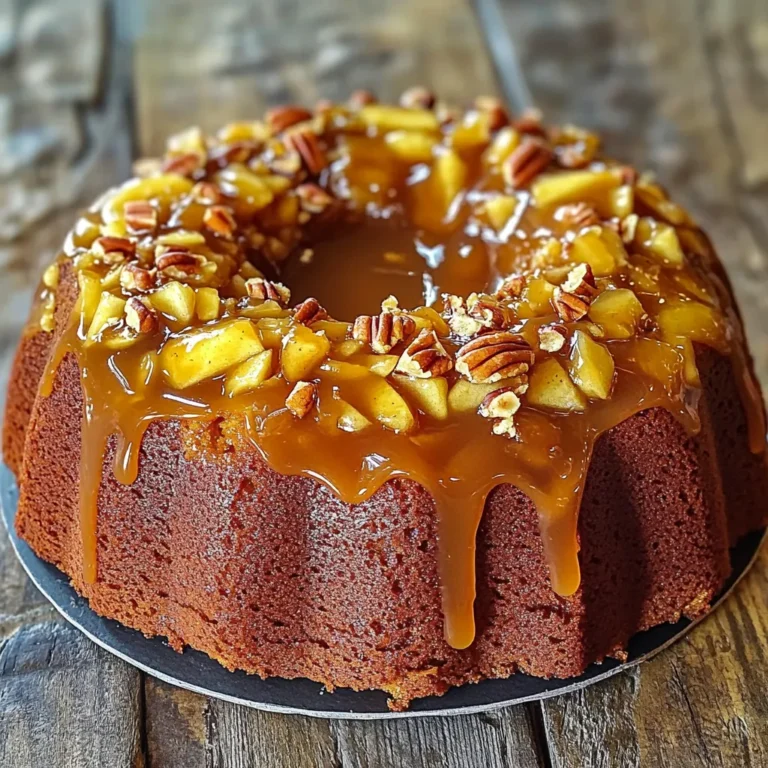 When making an Apple Cider Caramel Bundt Cake, you need the right ingredients. Each one adds flavor and texture. Here’s what you’ll need: - 2 cups apple cider - 2 cups all-purpose flour - 1 cup granulated sugar - 1/2 cup brown sugar, packed - 1 cup unsalted butter, softened - 4 large eggs - 1 teaspoon vanilla extract - 2 teaspoons baking powder - 1 teaspoon baking soda - 1 teaspoon ground cinnamon - 1/2 teaspoon ground nutmeg - 1/4 teaspoon salt - 1 cup packed shredded apples (about 2 medium apples) - 1 cup caramel sauce (store-bought or homemade) - Optional: chopped pecans for garnish The apple cider gives the cake a warm, rich taste. The combination of sugars makes it sweet and moist. Butter adds a creamy texture, while eggs help it rise. The spices, like cinnamon and nutmeg, bring a cozy aroma. Shredded apples keep the cake juicy. The caramel sauce on top adds a sweet finish. If you want, you can sprinkle chopped pecans for a crunchy touch. They not only taste good, but they also look pretty on the cake. With these ingredients, you’ll create a bundt cake that is rich and cozy. Each bite will remind you of fall and comfort. 1. Preheat your oven to 350°F (175°C). Grease and flour a 10-cup bundt pan. This helps the cake come out easily. 2. In a small saucepan, bring the apple cider to a boil over medium heat. Reduce the heat and simmer for about 15-20 minutes. The cider should reduce to about 1 cup. Let it cool slightly after reducing. 3. In a large mixing bowl, cream the softened butter with granulated and brown sugar. Mix until light and fluffy, about 3-4 minutes. This step adds air to your cake. 4. Add the eggs, one at a time. Beat well after each addition. Next, mix in the vanilla extract for extra flavor. 5. In a separate bowl, whisk together the flour, baking powder, baking soda, cinnamon, nutmeg, and salt. This ensures even mixing of dry ingredients. 6. Gradually add the dry ingredients to the butter-sugar mixture. Alternate this with the reduced apple cider. Start and end with the flour mix. Blend until just combined. Overmixing can make the cake tough. 7. Gently fold in the shredded apples. This adds moisture and flavor to the cake. 8. Pour the batter into the prepared bundt pan. Smooth the top if needed for even baking. 9. Bake in the preheated oven for 50-60 minutes. Check with a toothpick. It should come out clean when the cake is done. 10. Once baked, let the cake cool in the pan for about 15 minutes. Then, invert it onto a wire rack to cool completely. 11. Drizzle the cooled cake with caramel sauce. For a special touch, sprinkle chopped pecans on top, if desired. - Achieving the perfect bundt cake texture: Start with room-temperature butter and eggs. Cream the butter and sugars until light and fluffy. This step adds air and helps the cake rise. Mix the dry and wet ingredients until just combined to avoid a dense cake. - Ensuring easy release from the pan: Grease and flour your bundt pan well. This step is key to preventing the cake from sticking. You can also use a baking spray designed for bundt pans. Let the cake cool for about 15 minutes before inverting it onto a wire rack. - Testing doneness: Stick a toothpick into the center of the cake. If it comes out clean or with just a few crumbs, the cake is done. If it has wet batter on it, give it more time in the oven. - Presentation ideas for serving: Slice the bundt cake and place it on dessert plates. Drizzle caramel sauce over each slice for a lovely touch. For extra flair, add a dollop of whipped cream and sprinkle with chopped pecans. - Pairing recommendations: This cake pairs perfectly with a warm cup of coffee or spiced tea. The flavors of apple and caramel shine brighter alongside these drinks. - Overmixing the batter: Mix just until the ingredients are combined. Overmixing can lead to a tough cake. It’s okay if there are a few lumps. - Using inadequate butter or flour measurements: Always measure your ingredients correctly. Too much or too little can change the cake’s texture. Use dry measuring cups for flour and a liquid measuring cup for apple cider. {{image_2}} You can spice up your apple cider caramel bundt cake with new flavors. Try adding ground ginger or cloves for a warm kick. These spices bring a cozy feel to each bite. You can also mix in fruits like pears or cranberries. Pears add a sweet touch, while cranberries give a tart contrast. Both options enhance the cake's flavor profile. Want a lighter cake? Use gluten-free flour instead of all-purpose flour. This switch keeps the cake soft and tasty. You can also cut back on sugar. Try using less granulated sugar or replace some with a natural sweetener. This change keeps the cake sweet without being too heavy. Make your cake fit the season! In autumn, add pumpkin puree for a fall twist. This adds moisture and a lovely color. For the holidays, try a spiced version. Add nutmeg, cloves, and a hint of orange zest. This festive mix makes the cake perfect for gatherings. Each variation brings its own charm to this delightful dessert. To keep your Apple Cider Caramel Bundt Cake fresh, store it at room temperature. Use a cake dome or wrap it in plastic wrap. This keeps the cake moist. If you live in a humid area, refrigerate the cake to prevent spoilage. Place it in an airtight container to keep it fresh. You can freeze this bundt cake for later. First, let the cake cool completely. Wrap it tightly in plastic wrap, then place it in a freezer bag. This helps prevent freezer burn. When you want to eat it, thaw the cake overnight in the fridge. For the best flavor and texture, let it sit at room temperature for a few hours before serving. The cake stays fresh for about three days at room temperature. If you refrigerate it, it can last up to a week. In the freezer, this bundt cake keeps well for about three months. Always check for signs of spoilage before eating. You can use apple juice as a substitute for apple cider. It will add sweetness, but you may lose some depth of flavor. If you want a stronger taste, try using unsweetened apple juice and add a splash of vinegar. This adds tartness, balancing the sweetness. Yes, you can make this cake ahead of time. Bake it a day before your event. Let it cool completely, then wrap it tightly in plastic wrap. Store it at room temperature. You can add caramel sauce just before serving. This keeps it fresh and moist. Check for doneness by using a toothpick. Insert it into the cake's center. If it comes out clean or with a few crumbs, the cake is done. The edges should pull away slightly from the pan. You can also gently press the top; it should spring back. This blog post covered a tasty bundt cake made with simple ingredients. We listed the key items, shared step-by-step instructions, and provided tips for perfecting your bake. You also learned fun variations and storage tips to keep your cake fresh. Remember, even small changes can make a big difference in flavor. Enjoy experimenting with this recipe, and impress everyone with your delicious creation. Happy baking!