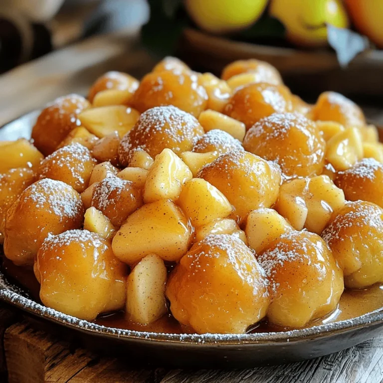 - 2 cans of refrigerated biscuit dough - 2 medium apples (Granny Smith or Honeycrisp) - 1 cup granulated sugar - 1 tablespoon ground cinnamon - 1/2 cup unsalted butter, melted The main ingredients form the base of our apple cinnamon monkey bread. The biscuit dough gives it a soft, fluffy texture. I love using Granny Smith or Honeycrisp apples for their sweet and tart balance. Granulated sugar and ground cinnamon bring rich flavor. Finally, melted butter binds everything together and adds moisture. - 1/2 cup brown sugar - 1 teaspoon vanilla extract - 1/4 teaspoon salt - 1/2 cup chopped pecans or walnuts (optional) - 1 cup powdered sugar for icing (optional) Optional ingredients can elevate the dish even more. Brown sugar adds deeper sweetness. Vanilla extract gives a warm aroma that enhances the apples. A pinch of salt balances the sweetness, while nuts add crunch. If you want a sweet finish, drizzle some icing made from powdered sugar on top. - Preheat your oven to 350°F (175°C) and grease a bundt pan. - In a mixing bowl, combine 1 cup of granulated sugar with 1 tablespoon of ground cinnamon. Set this aside for later. - Open the cans of refrigerated biscuit dough. Cut each biscuit into quarters and roll each piece into a ball. - Take 2 diced apples and toss them in half of the cinnamon sugar mixture until fully coated. - In the greased bundt pan, layer half of the dough balls at the bottom. Spread half of the apple mixture over these dough balls. - Pour half of the melted butter over the first layer. If you like, sprinkle half of the chopped nuts over this layer. - Repeat with the remaining dough balls, apples, melted butter, and nuts. - In a bowl, mix 1/2 cup of brown sugar, 1 teaspoon of vanilla extract, and 1/4 teaspoon of salt. Drizzle this sweet mixture over the top before baking. - Bake in the preheated oven for 40 to 45 minutes, until golden brown. - After baking, let the monkey bread cool in the pan for 10 minutes. Then, invert it onto a serving plate. For the best results, ensure even baking. Here are some tips: - Grease your bundt pan well. Use non-stick spray, so the bread comes out easily. - Layer the dough balls evenly. This helps them cook through without sogginess. - Bake at the right temperature. Preheat your oven to 350°F for a perfect rise. When it comes to apples, choose wisely. I love using: - Granny Smith apples. They add a nice tartness. - Honeycrisp apples. Their sweetness balances the cinnamon well. Both types keep their shape and flavor during baking. Once your monkey bread is done, it's time to serve! Here are some tasty ideas: - Garnish with cinnamon sugar. A sprinkle adds a sweet touch. - Dust with powdered sugar. This makes it look extra special. Pair your monkey bread with warm drinks. I recommend: - Coffee or hot cocoa. These drinks complement the sweetness. - Apple cider. It enhances the apple flavor in the bread. These tips will help you create a delightful experience for everyone at your table! {{image_2}} You can change the taste of your monkey bread by adding other fruits. Try pears or blueberries for a new twist. Each fruit brings its own unique flavor and texture. You can also add spices like nutmeg or allspice. These spices will enhance the warmth of the cinnamon and apples. If you need gluten-free options, you can use gluten-free biscuit dough. Many brands offer great choices that taste just as good. For vegan diets, swap out the butter for coconut oil or a vegan butter. Instead of regular milk, use almond or oat milk. These simple changes keep the monkey bread delicious for everyone! To keep your leftover monkey bread fresh, store it properly. You can refrigerate it or freeze it. For refrigeration, wrap the monkey bread in plastic wrap or foil. It can last up to 3 days in the fridge. If you want to store it longer, freezing is the way to go. Just place the wrapped monkey bread in an airtight container. It will stay good for up to 2 months in the freezer. When you’re ready to enjoy your monkey bread again, reheating is key. Preheat your oven to 350°F (175°C). Place the monkey bread in a baking dish. Cover it with foil to keep it moist. Heat it for about 10-15 minutes. If you prefer, you can also microwave individual pieces. Just warm them for about 20-30 seconds. Enjoy the soft, warm goodness without losing flavor! Can I use frozen biscuit dough? Yes, you can use frozen biscuit dough. Just thaw it first. Follow the same cutting and rolling steps as fresh dough. What type of apples are best for this recipe? Granny Smith and Honeycrisp apples are the best choices. They add a nice balance of sweet and tart flavors. How can I make the glaze for the monkey bread? To make the glaze, mix 1 cup of powdered sugar with water or milk. Stir until smooth. Drizzle it over the warm monkey bread. Can I prepare this recipe ahead of time? Yes, you can prep the monkey bread the night before. Keep it covered in the fridge. Bake it in the morning for a fresh treat. What is the best way to serve monkey bread? Serve the monkey bread warm. Let guests pull apart the sticky pieces. You can add a sprinkle of cinnamon sugar for extra flavor. Apple Cinnamon Monkey Bread is easy and fun to make. You start with two kinds of apples and some biscuit dough. You layer them with cinnamon and sugar for sweet goodness. Remember to add nuts for crunch and drizzle melted butter for richness. You can even try different fruits or make it gluten-free. In the end, this treat is perfect for sharing or enjoying alone. Now, gather your ingredients and make your own tasty version!