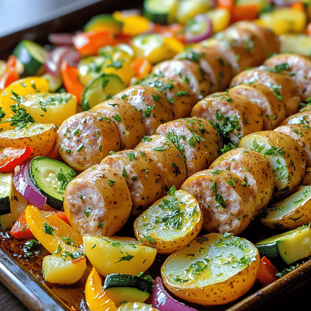 - 4 chicken sausages, sliced into rounds - 2 cups baby potatoes, halved - 1 bell pepper (red or yellow), chopped - 1 zucchini, sliced - 1 red onion, cut into wedges - 4 cloves garlic, minced - 3 tablespoons olive oil - 1 tablespoon fresh rosemary, chopped - 1 tablespoon fresh thyme, chopped - 1 teaspoon smoked paprika - Salt and pepper to taste - Fresh parsley, chopped (for garnish) Gather these ingredients to make a tasty Garlic Herb Chicken Sausage Sheet Pan meal. Chicken sausage is full of flavor and cooks quickly. Baby potatoes add a nice texture. You can use any bell pepper you like; red or yellow both work great. Zucchini gives a fresh crunch, while the red onion adds sweetness. I love using fresh garlic in this recipe. It brings a strong taste to the dish. Olive oil helps everything roast nicely. The rosemary and thyme add an earthy note. Smoked paprika gives a hint of warmth. Don’t forget salt and pepper; they bring all the flavors together. Once you have everything, you are ready to start cooking. The fresh parsley at the end makes for a lovely garnish. It adds color and a fresh taste. Enjoy the process, and get ready for a delightful meal! - Preheat your oven to 425°F (220°C). - In a large mixing bowl, combine the sliced chicken sausages, halved baby potatoes, chopped bell pepper, sliced zucchini, and red onion wedges. This mix of colors and textures is key to a great dish. - In a small bowl, whisk together the minced garlic, olive oil, chopped rosemary, chopped thyme, smoked paprika, salt, and pepper. This mixture adds a burst of flavor to your meal. Make sure it's well combined so every bite is tasty. - Spread the mixture on a large sheet pan in a single layer. This helps everything roast evenly and get a nice golden-brown color. - Bake for 25-30 minutes. Stir the pan halfway to ensure even cooking. You want the sausages cooked through and the veggies tender and caramelized. This step is crucial for a delicious meal. Enjoy watching it roast and fill your kitchen with great aromas! When you pick chicken sausages, look for high quality. Check the label for natural ingredients. Fresh chicken sausages should smell good and feel firm. You want them to have a nice snap when you bite into them. For fresh vegetables, choose ones that are bright and firm. Baby potatoes should be smooth and free from spots. Bell peppers should have a shiny skin and feel heavy for their size. Zucchini should be small, firm, and free from blemishes. Always smell your veggies; they should have a fresh scent. Ovens can vary. If yours cooks hot, check the sausage early. You may need less time. For even cooking, layer your ingredients well. Spread them in a single layer on the sheet pan. This helps everything roast evenly. If they are packed too close, some may steam instead of roast. Stir the mixture halfway through cooking. This helps to brown all sides. Use a spatula to flip things gently, so everything stays intact. This dish pairs well with fresh sides. A simple green salad adds a nice crunch. You can also serve it with bread or a dip. A tangy yogurt sauce or hummus would be great choices. For garnishing, fresh parsley adds color and flavor. Sprinkle it on top just before serving. You can also add lemon zest for a bright touch. Arrange everything nicely on the plate. A colorful spread makes the meal more inviting. {{image_2}} You can mix up the veggies in this dish. Instead of zucchini and bell peppers, try these options: - Carrots, sliced - Broccoli florets - Cauliflower, cut into bite-sized pieces - Asparagus, trimmed In summer, use fresh tomatoes or green beans. In fall, consider butternut squash or Brussels sprouts. These choices keep it fresh and fun. Want more flavor? Here’s how to kick it up: - Add red pepper flakes for heat. - Try fresh basil or oregano for a twist. - A splash of balsamic vinegar adds depth. You can also use different sausage types. Try spicy sausage for a kick or sweet Italian sausage for a milder taste. Each option gives a new twist. Need to modify for diet? Here are some ideas: - For low-carb, swap baby potatoes for cauliflower rice. - To make it gluten-free, ensure your sausage is gluten-free. If you want a vegan option, replace chicken sausage with plant-based sausage. Use chickpeas or lentils for protein. These swaps keep the dish tasty for everyone. To keep your Garlic Herb Chicken Sausage Sheet Pan fresh, store it in an airtight container. Place it in the fridge within two hours of cooking. The cold helps stop bacteria growth. If you want to keep it longer, freeze it. Use freezer-safe bags or containers. Make sure to remove as much air as you can before sealing. When it's time to eat your leftovers, you have a few good options. For the best taste, reheat in the oven. Set your oven to 350°F (175°C). Bake for about 15-20 minutes. This keeps the sausage juicy and the veggies crisp. You can also use the microwave, but it may make the food a bit soggy. If you use the microwave, heat in short bursts and stir in between. Your Garlic Herb Chicken Sausage Sheet Pan will last about 3-4 days in the fridge. Make sure it stays in an airtight container. If you freeze it, it can last up to 3 months. Just remember to label and date your containers. This way, you can enjoy your meal later without guesswork. You can pair this dish with many tasty sides. Here are some great options: - Steamed broccoli: It adds a nice crunch and green color. - Mixed greens salad: A fresh salad brightens the meal and adds texture. - Quinoa or rice: These grains soak up the juices and make it filling. - Garlic bread: For a delicious, buttery side that everyone loves. Each of these sides brings a unique flavor and texture to your meal. You can mix and match based on what you like! Yes, you can use pre-cooked chicken sausage. It saves time and is very convenient. If using pre-cooked sausage: - Cut down cooking time: Bake for about 15-20 minutes instead of 25-30 minutes since the sausage is already cooked. - Check for warmth: Make sure the sausage is heated through before serving. This way, you still enjoy the great flavors of the dish! Absolutely! This recipe is perfect for meal prep. Here are some tips for preparing in advance: - Prepare in batches: You can make a larger batch and store leftovers. - Use airtight containers: Store portions in the fridge for up to 4 days. - Reheat properly: Warm it in the oven or microwave before eating. Meal prepping saves time and ensures you have a healthy option ready. Enjoy! This recipe for Garlic Herb Chicken Sausage Sheet Pan offers a simple and tasty meal. You learned about the necessary ingredients, step-by-step cooking instructions, and helpful tips. You can switch up the veggies and flavors to make it your own. Plus, proper storage ensures that leftovers stay fresh. Easy to prepare and full of flavor, this dish fits well into any meal plan. Enjoy making it, and share it with friends and family!