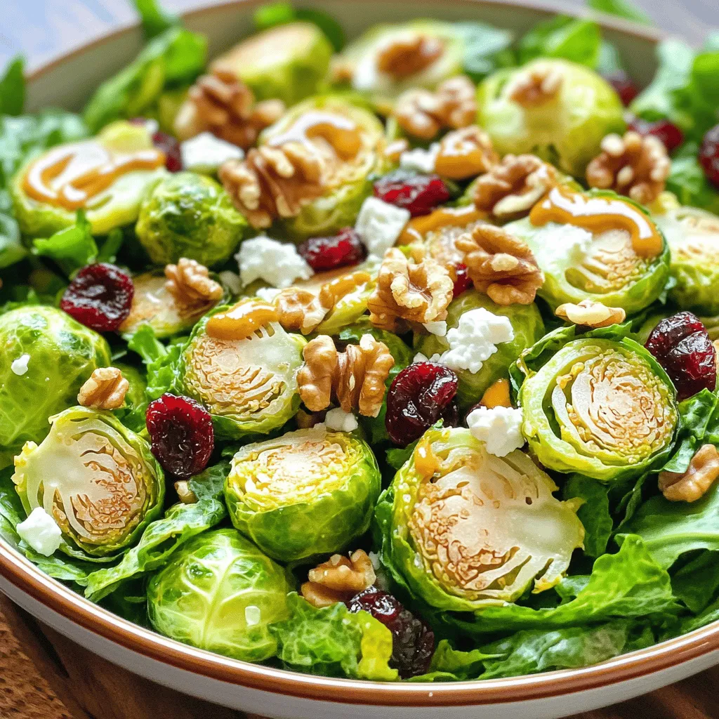 - 1 lb Brussels sprouts, trimmed and halved - 1/4 cup walnuts, roughly chopped - 1/4 cup dried cranberries - 1/4 cup feta cheese, crumbled Brussels sprouts are the star of this dish. They bring a nice crunch and earthy flavor. When you roast them, they get golden and crispy. This makes the salad exciting. The walnuts add a nutty taste, while cranberries give it a sweet touch. Feta cheese adds creaminess and saltiness, making it even better. - 3 tablespoons honey - 2 tablespoons Dijon mustard - 1 tablespoon apple cider vinegar - 1/4 teaspoon garlic powder For the dressing, I love using honey and Dijon mustard. They blend well to create a sweet and tangy mix. Apple cider vinegar adds brightness, while garlic powder gives a hint of savory flavor. This dressing ties all the ingredients together and makes each bite tasty. - 1 tablespoon olive oil - Salt and pepper to taste Olive oil is key for roasting the Brussels sprouts. It helps them get crispy and adds a nice flavor. Don’t forget the salt and pepper! They bring out the best in the sprouts and all the other ingredients. Adjust the seasoning to your taste as you mix everything together. 1. First, preheat your oven to 400°F (200°C). This step is key for roasting. 2. Next, trim and halve 1 lb of Brussels sprouts. Make sure they are fresh and firm. 1. In a bowl, toss the halved Brussels sprouts with 1 tablespoon of olive oil. Add salt and pepper to taste. 2. Spread the sprouts on a baking sheet in a single layer. Roast them for about 20-25 minutes. Stir halfway through to ensure even cooking. Look for a golden brown color and crispy edges. 1. While the sprouts roast, mix the dressing. In a small bowl, whisk together 3 tablespoons of honey, 2 tablespoons of Dijon mustard, 1 tablespoon of apple cider vinegar, and 1/4 teaspoon of garlic powder. 2. Taste the dressing. Adjust the seasoning if needed. You want a balance of sweet and tangy flavors. This process creates a delicious, warm salad that combines the nutty taste of Brussels sprouts with the sweet and zesty dressing. Enjoy incorporating these steps into your cooking! To make your Brussels sprouts crispy, roast them at high heat. Set your oven to 400°F (200°C). This helps get that golden brown color. Spread the sprouts in a single layer on the baking sheet. If they are too close, they will steam and not crisp. Stir them halfway through roasting. This ensures even cooking and browning. For a beautiful presentation, use a large, shallow dish. Arrange the salad nicely and sprinkle extra walnuts and feta on top. You can also add a sprig of fresh parsley for color. Chill the salad in the fridge for 15-20 minutes before serving. This lets the flavors mix well and makes it refreshing. You can boost the flavor of your salad with extra ingredients. Consider adding sliced apples or pears for a sweet crunch. You could also mix in some cooked bacon for a savory touch. This salad balances sweetness from honey with acidity from the vinegar. Adjust the dressing as needed to find your perfect mix. {{image_2}} For a vegan version, skip the feta cheese and use a plant-based alternative. You can also add more nuts or seeds to keep the crunch. For gluten-free options, ensure your mustard and vinegar are gluten-free. Most brands are safe, but always check labels. If you can’t find Brussels sprouts, try using kale or broccoli instead. Both give a nice crunch and flavor. For nuts, you can swap walnuts for almonds or pecans. Each will add its own twist. If feta isn't your favorite, use goat cheese or omit cheese altogether. In spring, add fresh peas for sweetness. In summer, try diced cucumbers for crunch. In fall, roasted butternut squash adds warmth. You can also toss in seasonal fruits like apple slices or pomegranate seeds for a sweet burst of flavor. Each choice makes the salad unique and fresh. To keep your Honey Mustard Brussels Sprout Salad fresh, store it in a clean, airtight container. This method helps to lock in moisture and flavor. I suggest using glass containers. They are safe, and you can see the salad inside. - Best methods for storing leftovers: Place the salad in the fridge right after serving. If you have leftover dressing, keep it in a separate container. This keeps the salad crisp. - Container suggestions: Use a glass or plastic container with a tight lid. Avoid using metal containers, as they can affect the taste. This salad stays fresh for about 3 days when stored correctly. After this time, the sprouts may become soggy. - How long the salad lasts: Generally, it lasts up to 3 days in the fridge. - Tips for maintaining quality: Avoid adding dressing until you're ready to eat. This keeps the Brussels sprouts crunchy. You might not need to reheat this salad, as it's best served cold. However, if you want to warm it up, here’s how: - Best practices for reheating if applicable: Place the salad in a pan on low heat. Stir gently until warm. Be careful not to overcook the sprouts. They can become mushy. Following these tips will keep your salad delicious for days! Yes, you can prepare this salad ahead of time. Just make the dressing and roast the Brussels sprouts first. Keep the dressing in an airtight container in the fridge. Let the roasted Brussels sprouts cool completely before mixing them with the other ingredients. You can then toss everything together right before serving. This keeps the salad fresh and the textures nice. Absolutely! Fresh Brussels sprouts taste better and have a crisp texture. They are also more nutrient-rich than frozen ones. When using fresh sprouts, trim off the ends and cut them in half. This helps them roast evenly and absorb the flavors of the dressing. This salad pairs well with grilled chicken or fish. You can also serve it with quinoa for a healthy grain option. For a vegetarian option, try it with lentils or chickpeas. These foods complement the salad’s sweet and tangy notes. Plus, they add protein to your meal. This post showed you how to make a tasty Brussels sprouts salad with a honey mustard dressing. You learned about the main ingredients, the step-by-step cooking process, and tips for perfecting your dish. Remember, you can adjust the recipe to fit your diet and use seasonal veggies. Store leftovers well and enjoy them later. With these easy steps, you can impress your family or friends with a fresh salad that’s fun to eat. Make it your own and enjoy every bite!