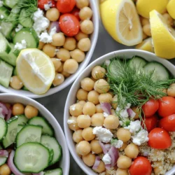 - 1 can (15 oz) chickpeas, drained and rinsed - 1 cup cooked quinoa - 1 cup cherry tomatoes, halved - 1 cucumber, diced - 1/4 red onion, thinly sliced - 1/2 cup Kalamata olives, pitted and halved - 1/4 cup feta cheese, crumbled - 2 tablespoons fresh dill, chopped - Zest and juice of 1 lemon - 2 tablespoons olive oil - Salt and pepper to taste For this Greek Lemon Dill Chickpea Bowl, you will need simple, fresh ingredients. Start with a can of chickpeas. They give protein and fiber. You will also need cooked quinoa. It adds a nutty taste and more protein. Next, gather some cherry tomatoes. These will bring sweetness and color. A crisp cucumber adds a refreshing crunch. A little red onion gives a nice bite. Kalamata olives add briny flavor. Crumbled feta cheese makes it creamy and rich. Fresh dill is key for that bright taste. Don’t forget the lemon! You will use both zest and juice for a fresh zing. Olive oil helps bring everything together. Finally, salt and pepper will enhance all the flavors. This bowl is easy to make and so good for you! You can add garnishes like extra dill or lemon wedges for a pretty touch. Just mix all these ingredients, and you'll have a colorful and tasty meal ready in no time! 1. Combining ingredients for the base Start with a large mixing bowl. Add the drained and rinsed chickpeas. Next, include the cooked quinoa. Then, toss in the halved cherry tomatoes, diced cucumber, thinly sliced red onion, and halved Kalamata olives. This mix gives you a colorful and tasty base. 2. Mixing the dressing ingredients In a small bowl, whisk together the lemon zest and juice. Add olive oil, fresh dill, salt, and pepper. Whisk until the dressing is well mixed. This blend brings a bright flavor to your dish. 3. Tossing and marinating the salad Pour the dressing over the chickpea mixture. Gently toss it all together. Make sure every ingredient gets coated. Let the salad sit for 10 to 15 minutes. This time lets the flavors blend and deepen. 1. Presenting in bowls with feta cheese Spoon the chickpea mixture into colorful bowls. Top each bowl with crumbled feta cheese. This adds a creamy touch and enhances the taste. 2. Optional garnishes and enhancements For extra flair, garnish with additional dill sprigs. You can also add lemon wedges on the side. A drizzle of olive oil on top can enhance the flavor even more. Enjoy your fresh and simple meal! To enhance the lemon and dill flavor, I suggest using fresh herbs. Fresh dill adds a bright taste. You can also use lemon zest for an extra zing. This zest brings out the citrus flavor in a fun way. If you want a bit of heat, try adding a pinch of red pepper flakes. This will wake up the whole dish. Adding texture is key to a great bowl. I love using crunchy cucumbers and juicy cherry tomatoes. Kalamata olives add a nice briny bite. Consider adding roasted nuts for even more crunch. Almonds or pistachios work well here. They add a great nutty flavor that pairs nicely with the chickpeas. For cooking quinoa, rinse it first to remove bitterness. Use a 2:1 water-to-quinoa ratio for best results. Bring it to a boil, then lower the heat. Cover and let it simmer for about 15 minutes. Fluff it with a fork when done. When chopping vegetables, keep your knife sharp. This makes cutting easier and safer. For even pieces, cut tomatoes in half and cucumbers in small dices. Slice red onion thinly for a mild flavor. This will help all the flavors blend well in your bowls. {{image_2}} You can switch out chickpeas with black beans or lentils. Both offer a nice texture. If you want a grain swap, try brown rice or farro instead of quinoa. They bring a hearty feel to your bowl. For those who follow a vegan diet, you can skip the feta cheese. Instead, try using crumbled tofu or a nut-based cheese. These options keep the creamy taste while keeping it plant-based. Take your Greek Lemon Dill Chickpea Bowls up a notch with Mediterranean twists. Add roasted red peppers or artichokes for a new flavor. A sprinkle of za'atar spice can bring a warm, herby taste. You might also try mixing in different herbs. Fresh parsley or mint can add a refreshing twist. A dash of cumin offers warmth and depth. Be creative! Each change makes the dish uniquely yours. To keep your Greek Lemon Dill Chickpea Bowls fresh, use airtight containers. Glass or plastic containers work well. Make sure to cool the dish before sealing it. In the fridge, the leftovers stay good for about 3 to 4 days. If you want to keep it longer, freezing is a great option. Yes, you can freeze the chickpea mixture! Just pack it in a freezer-safe container. Leave some space at the top, as it will expand when frozen. For best taste, use it within 3 months. When you're ready to eat, place it in the fridge overnight to thaw. To reheat, warm it on the stove or in the microwave. Just add a splash of water to keep it moist. Enjoy your meal just like it was fresh! Can I make this recipe ahead of time? Yes, you can prepare this recipe in advance. Make the chickpea mix and dressing separately. Store them in the fridge. Combine them just before serving. This will keep the flavors fresh and bright. What can I serve with these bowls? These bowls pair well with pita bread or a side of hummus. You can also add grilled chicken or fish for extra protein. A light green salad would also complement the dish nicely. How long do chickpea bowls last in the refrigerator? These bowls last about 3 to 4 days in the fridge. Make sure to store them in an airtight container. Check for freshness before eating, especially if you added feta cheese. Calories in Greek Lemon Dill Chickpea Bowls Each serving of Greek Lemon Dill Chickpea Bowls has around 350 calories. This can vary based on your choice of extras. For a lighter meal, skip the feta cheese or use less olive oil. Health benefits of the ingredients used Chickpeas are high in protein and fiber. They help keep you full and satisfied. Quinoa is a great source of complete protein. The fresh veggies add vitamins and minerals. Dill is rich in antioxidants, and lemon juice boosts your vitamin C intake. Overall, this meal is nutritious and filling. You learned how to make Greek Lemon Dill Chickpea Bowls with fresh ingredients. We covered the detailed ingredient list, preparation steps, and serving suggestions. Tips on flavor combinations and variations added fun twists. You can also find storing methods and answers to common questions. Now, you have all you need to create this tasty dish. Enjoy exploring flavors and making it your own!
