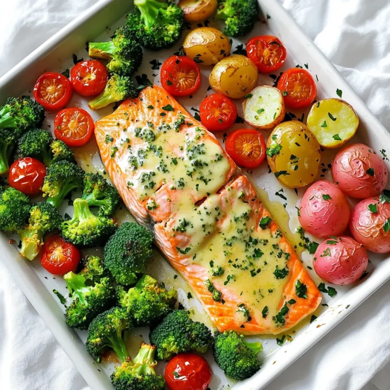 To make Garlic Butter Salmon and Veggies, you will need: - 4 salmon fillets - 1 pound baby potatoes, halved - 2 cups broccoli florets - 1 cup cherry tomatoes, halved - 1/4 cup unsalted butter, melted - 4 cloves garlic, minced - 1 tablespoon lemon juice - 1 teaspoon dried oregano - 1 teaspoon paprika - Salt and pepper to taste - Fresh parsley, chopped (for garnish) If you need to swap ingredients, consider these options: - Salmon fillets: You can use chicken breasts or tofu for a different protein. - Baby potatoes: Regular potatoes or sweet potatoes work fine. - Broccoli: Try green beans or asparagus for a new taste. - Cherry tomatoes: Use diced bell peppers for a colorful twist. - Unsalted butter: Olive oil can replace butter for a lighter option. - Garlic: Garlic powder is a good substitute in a pinch. - Lemon juice: Lime juice adds a nice zing if you prefer. Garnishes can elevate your dish. Here are some to consider: - Fresh lemon wedges for a citrus boost - Extra chopped parsley for color - A sprinkle of red pepper flakes for heat - Grated Parmesan cheese for a savory touch Using these ingredients and substitutions, you can create a delicious Garlic Butter Salmon and Veggies sheet pan meal that fits your tastes. First, set your oven to 400°F (200°C). This heat helps cook the salmon and veggies just right. While the oven warms up, grab a large sheet pan and line it with parchment paper. This makes cleanup simple and keeps everything from sticking. Next, we need to make the garlic butter sauce. In a small bowl, combine these items: - 1/4 cup unsalted butter, melted - 4 cloves garlic, minced - 1 tablespoon lemon juice - 1 teaspoon dried oregano - 1 teaspoon paprika - Salt and pepper to taste Mix these well. The sauce adds great flavor to the salmon and veggies. Now, it's time to layer everything on the pan. Start with the halved baby potatoes. Place them on one side of the sheet pan. Drizzle half of your garlic butter sauce over them. Toss the potatoes so they get coated evenly. Roast the potatoes in the oven for about 20 minutes. This softens them and gives a nice start. After 20 minutes, add the broccoli florets and halved cherry tomatoes to the pan. Drizzle the rest of the garlic butter sauce over all the veggies. Finally, place the salmon fillets in the center of the pan. Season them with salt and pepper. Return the sheet pan to the oven. Bake for another 12-15 minutes. The salmon should be opaque and flake easily with a fork. The veggies should be tender and bright. Once done, take it out, and sprinkle fresh parsley on top for a nice touch. To make great salmon, start with fresh fillets. Look for bright color and firm texture. The salmon should smell like the ocean, not fishy. Season the fillets with salt and pepper. This adds flavor and helps create a nice crust. Bake the salmon until it turns opaque and flakes easily with a fork. This usually takes about 12 to 15 minutes at 400°F. Fresh veggies make this dish pop. Choose bright broccoli florets. They should be firm and not wilted. For cherry tomatoes, pick plump ones with smooth skin. Baby potatoes should be small and unblemished. The key is to look for vibrant colors. Fresh veggies not only taste better but also add nutrition. The cooking time can vary based on your oven. If your oven runs hot, check the salmon and veggies a few minutes early. If you prefer crispier veggies, give them a little more time. Always use a meat thermometer for the salmon. It should reach 145°F for safe eating. Adjust cooking times based on your oven and personal preference. {{image_2}} You can swap salmon for chicken or tofu. Chicken thighs work best for baking. They stay juicy and cook well. Tofu is a great plant-based option. Use firm tofu for the best texture. Simply press and cube the tofu, then coat it with the garlic butter sauce. This option is healthy and delicious. Feel free to mix up the veggies. Try carrots, bell peppers, or zucchini. These veggies roast nicely and add color. You can also use asparagus or green beans. Just remember to cut them into similar sizes. This helps them cook evenly with the other ingredients. You can add more flavor with herbs and spices. Fresh dill or thyme pairs well with salmon. For a spicy kick, add red pepper flakes. You can also try cumin or coriander for a warm taste. These changes let you customize the dish to your liking. To keep your Garlic Butter Salmon and Veggies fresh, store leftovers in an airtight container. Make sure to let the dish cool to room temperature first. Seal the container tightly. This way, you can enjoy your meal for up to three days. When you’re ready to eat your leftovers, preheat your oven to 350°F (175°C). Place the salmon and veggies on a baking sheet. Cover them with foil to keep moisture in. Heat for about 10-15 minutes, or until everything is warm. You can also use a microwave; just heat in short bursts to avoid overcooking. If you want to save some for later, freezing is a great option. First, let the dish cool completely. Then, wrap each portion tightly in plastic wrap, followed by aluminum foil. This helps prevent freezer burn. You can freeze it for up to three months. When you're ready to eat, thaw it in the fridge overnight before reheating. Yes, you can use frozen salmon. Just make sure to thaw it first. Place it in the fridge overnight or run it under cold water. This helps it cook evenly. Thawed salmon will absorb the garlic butter sauce better. This means more flavor for your dish! You can serve garlic butter salmon and veggies with many sides. Some great options include: - Rice or quinoa for a filling base - A simple green salad for freshness - Garlic bread for a nice crunch - Lemon wedges to add zest These sides enhance the meal and round out the flavors. You can tell when salmon is done by checking its color. Perfectly cooked salmon turns opaque and flakes easily with a fork. The internal temperature should reach 145°F (63°C). Use a meat thermometer for the best results. If you don’t have one, look for a pinkish color in the middle. If it’s still translucent, it needs more time. In this post, we covered how to make Garlic Butter Salmon with veggies. You learned about the ingredients, optional garnishes, and substitutions. I shared step-by-step instructions for prepping, mixing, and roasting. Tips for perfect salmon and choosing fresh veggies were included, along with variations for proteins and flavors. We also discussed storage and answered common questions. Remember, this dish is versatile and easy. You can adapt it to fit your taste. Enjoy making it your own!